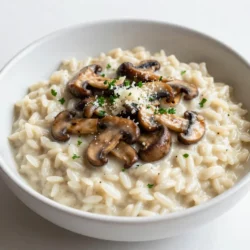 - 1 cup Arborio rice - 1 cup mixed mushrooms (shiitake, cremini, and button), sliced - ½ cup heavy cream - ½ cup grated Parmesan cheese Arborio rice makes risotto creamy. It absorbs broth well. Mixed mushrooms add depth. Shiitake, cremini, and button give great flavor. Heavy cream and Parmesan make the dish rich and smooth. - 2 tablespoons olive oil - 2 tablespoons unsalted butter - 4 cups vegetable broth - Salt and pepper to taste Olive oil and butter help with cooking. They create a nice base for the flavors. Vegetable broth adds moisture and taste. Salt and pepper are a must for seasoning. - Fresh parsley, chopped Fresh parsley adds color and freshness. It brightens the dish and looks great on the plate. Adding it before serving makes your risotto pop! {{ingredient_image_1}} Start by heating 4 cups of vegetable broth in a saucepan. Use medium heat and bring it to a simmer. Keep the broth warm but do not let it boil. This step is key because warm broth helps the rice cook evenly. In a large skillet, heat 2 tablespoons of olive oil and 1 tablespoon of butter. When the oil is hot, add 1 small onion, finely chopped. Cook it for about 4 minutes until it becomes soft and translucent. Next, add 2 cloves of minced garlic and stir for 1 more minute. Then, add 1 cup of sliced mixed mushrooms. Cook them for 5-6 minutes until they are browned and have released their moisture. This adds great flavor to your risotto. Now, add 1 cup of Arborio rice to the skillet. Stir for 2-3 minutes until the rice is lightly toasted. This step enhances the nutty flavor. Begin adding the warm vegetable broth, one ladleful at a time. Stir frequently and wait until most of the liquid is absorbed before adding more. Continue this for about 18-20 minutes until the rice is creamy and al dente. Once the rice is cooked, stir in ½ cup of heavy cream and ½ cup of grated Parmesan cheese. Add the last tablespoon of butter for extra richness. Mix everything well and season with salt and pepper to taste. Remove from heat and let it sit for a few minutes to thicken slightly. Serve hot, garnished with fresh parsley for a beautiful finish. To make creamy risotto, stirring is key. Stir often to release the starch from the rice. This gives risotto its rich, smooth texture. If you don’t stir enough, it may become clumpy. Add your broth slowly. Use one ladle at a time. Wait until most of the liquid is absorbed before adding more. This helps the rice cook evenly. It also helps keep it creamy. You can make your risotto even tastier by adding herbs and spices. Fresh thyme, rosemary, or even a pinch of nutmeg can add depth. You may also try adding garlic powder or onion powder for extra flavor. Incorporate more vegetables or proteins. Peas, spinach, or asparagus add color and nutrients. You can also add cooked chicken or shrimp for a heartier meal. Each addition can change the dish's taste and texture. Serving risotto is all about the look. Use shallow bowls for a nice presentation. This helps the risotto stand out. Top your dish with extra Parmesan cheese and fresh parsley. This adds a pop of color. For a special touch, add a few sautéed mushrooms on top. It makes your dish look gourmet. Choose wide, shallow plates to show off your beautiful risotto. Pro Tips Use Fresh Mushrooms: Choose a variety of fresh mushrooms for a depth of flavor. Shiitake, cremini, and button mushrooms add a wonderful umami taste to the risotto. Stir Constantly: Keep stirring the risotto continuously while adding broth. This helps release the starches from the Arborio rice, creating a creamy texture. Deglaze for Flavor: After sautéing the mushrooms, consider adding a splash of white wine before adding the rice. This deglazes the pan and enhances the overall flavor profile. Let It Rest: Allow the risotto to rest for a couple of minutes after cooking. This helps it thicken and improves the creaminess. {{image_2}} You can change the mushrooms for a new taste. Try using portobello or oyster mushrooms for a richer flavor. If you want a break from mushrooms, add peas or asparagus instead. These veggies add color and texture. You can mix and match to find your favorite combo. To make this dish vegan, swap dairy for plant-based options. Use coconut cream instead of heavy cream. Nutritional yeast can replace Parmesan cheese for the cheesy taste. You can add chickpeas or lentils for extra protein. This way, the dish stays filling and delicious. Want to boost the flavor? Add a splash of white wine when cooking. It gives the risotto a nice depth. You can also use lemon zest for a fresh kick. If you're feeling adventurous, try truffle oil. It adds a fancy touch to your plate. Explore these options to make your risotto unique! To store your creamy mushroom risotto, let it cool down first. Place it in a shallow dish. This helps it cool faster. Cover the dish tightly with plastic wrap or a lid. You can also use a glass container with a seal. Store it in the fridge for up to three days. After three days, the risotto might lose its taste. When you reheat risotto, do it slowly. Use a pan over low heat. Add a splash of broth or water to keep it creamy. Stir it often to prevent sticking. You can also use the microwave. Heat it in short bursts, stirring in between. This will help keep its nice texture. If you want to freeze risotto, divide it into portions. Use freezer-safe bags or containers. Remove as much air as you can. This helps prevent freezer burn. You can freeze the risotto for up to three months. To thaw, move it to the fridge overnight. Reheat it as usual, adding some liquid to restore creaminess. No, Arborio rice is special. It has a high starch content. This makes risotto creamy. Regular rice, like long-grain, lacks this starch. It won't give you the same smooth texture. Using Arborio rice is key to a great risotto. Risotto lasts about 3 to 5 days in the fridge. Store it in an airtight container. Check for signs of spoilage, like a sour smell or mold. If it looks or smells off, toss it. Always trust your nose and eyes. Creamy mushroom risotto pairs well with many dishes. Try serving it with a fresh green salad. Grilled chicken or fish are great choices too. You can also add steamed vegetables for extra color and nutrition. Wine, like a light white, complements it nicely. Yes, you can prepare risotto ahead of time. Cook it, then let it cool. Store it in the fridge for up to 5 days. When ready to eat, reheat on low heat. Add a splash of broth to restore creaminess. Stir well to mix everything. Enjoy your easy meal! This blog post covered how to create a delicious creamy mushroom risotto. We explored main ingredients like Arborio rice and mushrooms, as well as the essential cooking techniques. I shared tips for achieving the perfect creaminess and highlighted various ways to adapt this dish, including vegan options. Remember, risotto is versatile, and you can personalize it with different flavors. With proper storage and reheating methods, you can enjoy this dish for days. Embrace your culinary skills and delight in your homemade risotto!