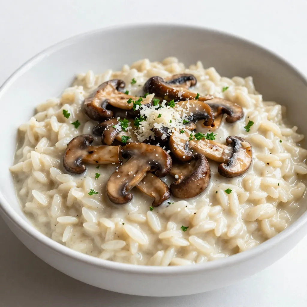 - 1 cup Arborio rice - 1 cup mixed mushrooms (shiitake, cremini, and button), sliced - ½ cup heavy cream - ½ cup grated Parmesan cheese Arborio rice makes risotto creamy. It absorbs broth well. Mixed mushrooms add depth. Shiitake, cremini, and button give great flavor. Heavy cream and Parmesan make the dish rich and smooth. - 2 tablespoons olive oil - 2 tablespoons unsalted butter - 4 cups vegetable broth - Salt and pepper to taste Olive oil and butter help with cooking. They create a nice base for the flavors. Vegetable broth adds moisture and taste. Salt and pepper are a must for seasoning. - Fresh parsley, chopped Fresh parsley adds color and freshness. It brightens the dish and looks great on the plate. Adding it before serving makes your risotto pop! {{ingredient_image_1}} Start by heating 4 cups of vegetable broth in a saucepan. Use medium heat and bring it to a simmer. Keep the broth warm but do not let it boil. This step is key because warm broth helps the rice cook evenly. In a large skillet, heat 2 tablespoons of olive oil and 1 tablespoon of butter. When the oil is hot, add 1 small onion, finely chopped. Cook it for about 4 minutes until it becomes soft and translucent. Next, add 2 cloves of minced garlic and stir for 1 more minute. Then, add 1 cup of sliced mixed mushrooms. Cook them for 5-6 minutes until they are browned and have released their moisture. This adds great flavor to your risotto. Now, add 1 cup of Arborio rice to the skillet. Stir for 2-3 minutes until the rice is lightly toasted. This step enhances the nutty flavor. Begin adding the warm vegetable broth, one ladleful at a time. Stir frequently and wait until most of the liquid is absorbed before adding more. Continue this for about 18-20 minutes until the rice is creamy and al dente. Once the rice is cooked, stir in ½ cup of heavy cream and ½ cup of grated Parmesan cheese. Add the last tablespoon of butter for extra richness. Mix everything well and season with salt and pepper to taste. Remove from heat and let it sit for a few minutes to thicken slightly. Serve hot, garnished with fresh parsley for a beautiful finish. To make creamy risotto, stirring is key. Stir often to release the starch from the rice. This gives risotto its rich, smooth texture. If you don’t stir enough, it may become clumpy. Add your broth slowly. Use one ladle at a time. Wait until most of the liquid is absorbed before adding more. This helps the rice cook evenly. It also helps keep it creamy. You can make your risotto even tastier by adding herbs and spices. Fresh thyme, rosemary, or even a pinch of nutmeg can add depth. You may also try adding garlic powder or onion powder for extra flavor. Incorporate more vegetables or proteins. Peas, spinach, or asparagus add color and nutrients. You can also add cooked chicken or shrimp for a heartier meal. Each addition can change the dish's taste and texture. Serving risotto is all about the look. Use shallow bowls for a nice presentation. This helps the risotto stand out. Top your dish with extra Parmesan cheese and fresh parsley. This adds a pop of color. For a special touch, add a few sautéed mushrooms on top. It makes your dish look gourmet. Choose wide, shallow plates to show off your beautiful risotto. Pro Tips Use Fresh Mushrooms: Choose a variety of fresh mushrooms for a depth of flavor. Shiitake, cremini, and button mushrooms add a wonderful umami taste to the risotto. Stir Constantly: Keep stirring the risotto continuously while adding broth. This helps release the starches from the Arborio rice, creating a creamy texture. Deglaze for Flavor: After sautéing the mushrooms, consider adding a splash of white wine before adding the rice. This deglazes the pan and enhances the overall flavor profile. Let It Rest: Allow the risotto to rest for a couple of minutes after cooking. This helps it thicken and improves the creaminess. {{image_2}} You can change the mushrooms for a new taste. Try using portobello or oyster mushrooms for a richer flavor. If you want a break from mushrooms, add peas or asparagus instead. These veggies add color and texture. You can mix and match to find your favorite combo. To make this dish vegan, swap dairy for plant-based options. Use coconut cream instead of heavy cream. Nutritional yeast can replace Parmesan cheese for the cheesy taste. You can add chickpeas or lentils for extra protein. This way, the dish stays filling and delicious. Want to boost the flavor? Add a splash of white wine when cooking. It gives the risotto a nice depth. You can also use lemon zest for a fresh kick. If you're feeling adventurous, try truffle oil. It adds a fancy touch to your plate. Explore these options to make your risotto unique! To store your creamy mushroom risotto, let it cool down first. Place it in a shallow dish. This helps it cool faster. Cover the dish tightly with plastic wrap or a lid. You can also use a glass container with a seal. Store it in the fridge for up to three days. After three days, the risotto might lose its taste. When you reheat risotto, do it slowly. Use a pan over low heat. Add a splash of broth or water to keep it creamy. Stir it often to prevent sticking. You can also use the microwave. Heat it in short bursts, stirring in between. This will help keep its nice texture. If you want to freeze risotto, divide it into portions. Use freezer-safe bags or containers. Remove as much air as you can. This helps prevent freezer burn. You can freeze the risotto for up to three months. To thaw, move it to the fridge overnight. Reheat it as usual, adding some liquid to restore creaminess. No, Arborio rice is special. It has a high starch content. This makes risotto creamy. Regular rice, like long-grain, lacks this starch. It won't give you the same smooth texture. Using Arborio rice is key to a great risotto. Risotto lasts about 3 to 5 days in the fridge. Store it in an airtight container. Check for signs of spoilage, like a sour smell or mold. If it looks or smells off, toss it. Always trust your nose and eyes. Creamy mushroom risotto pairs well with many dishes. Try serving it with a fresh green salad. Grilled chicken or fish are great choices too. You can also add steamed vegetables for extra color and nutrition. Wine, like a light white, complements it nicely. Yes, you can prepare risotto ahead of time. Cook it, then let it cool. Store it in the fridge for up to 5 days. When ready to eat, reheat on low heat. Add a splash of broth to restore creaminess. Stir well to mix everything. Enjoy your easy meal! This blog post covered how to create a delicious creamy mushroom risotto. We explored main ingredients like Arborio rice and mushrooms, as well as the essential cooking techniques. I shared tips for achieving the perfect creaminess and highlighted various ways to adapt this dish, including vegan options. Remember, risotto is versatile, and you can personalize it with different flavors. With proper storage and reheating methods, you can enjoy this dish for days. Embrace your culinary skills and delight in your homemade risotto!