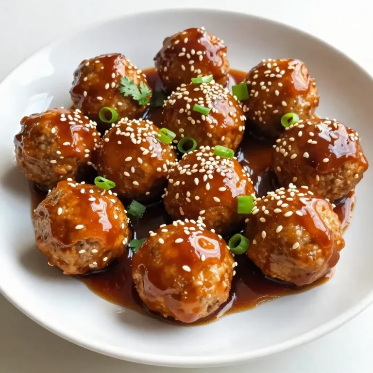 - 1 lb ground chicken or turkey - 1/2 cup panko breadcrumbs - 1/4 cup green onions, finely chopped - 1 clove garlic, minced - 1 egg, beaten - 1 tsp ginger, grated - 1/2 cup teriyaki sauce For these tasty meatballs, I love using ground chicken or turkey. They keep the meatballs light and juicy. Panko breadcrumbs give a nice crunch. You only need half a cup for great texture. The green onions add a fresh flavor. Just a quarter cup, finely chopped, works perfectly. Garlic is key in this dish. It brings warmth and depth. One clove, minced, is all you need. The egg helps bind everything together. You want a beaten egg to mix in. Grated ginger adds a zesty kick. A teaspoon is enough to make a difference. Finally, teriyaki sauce is the star. You can use store-bought or homemade. Half a cup will coat the meatballs nicely. - Salt and pepper - 1 tbsp toasted sesame seeds - Fresh cilantro for garnish Salt and pepper are crucial for flavor. Just season to your taste. For garnish, I like toasted sesame seeds. One tablespoon adds a nice crunch and look. Fresh cilantro brightens the dish. Sprinkle some on top before serving. These ingredients make baked teriyaki meatballs a hit! Each bite bursts with flavor and texture. {{ingredient_image_1}} - Preheat the oven: Start by setting your oven to 400°F (200°C). This step is key for even cooking. - Prepare the baking sheet: Line a baking sheet with parchment paper. This makes cleanup easy and prevents sticking. - Combine ingredients: In a large bowl, mix together 1 pound of ground chicken or turkey, ½ cup of panko breadcrumbs, ¼ cup of finely chopped green onions, 1 minced garlic clove, 1 beaten egg, 1 teaspoon of grated ginger, salt, and pepper. Stir until well blended. - Shape meatballs: Take about 2 tablespoons of the mixture. Roll it into a ball shape and place it on the baking sheet. Repeat this until you form 18 to 20 meatballs. - Baking time and temperature: Place the baking sheet in the oven. Bake the meatballs for 15 to 20 minutes. Check that they are golden brown and reach an internal temperature of 165°F (74°C). - Glazing with teriyaki sauce: In the last 5 minutes of baking, brush the meatballs with ½ cup of teriyaki sauce. This gives them a tasty glaze and extra flavor. Using panko in your meatballs makes them crunchy and light. Panko is coarser than regular breadcrumbs. This difference brings a nice bite to every mouthful. Always check the cooking time. Bake the meatballs for 15-20 minutes. They should turn golden brown. Use a meat thermometer to check the inside. It should read 165°F for safety and perfect doneness. For a fun presentation, serve meatballs on a large platter. Drizzle extra teriyaki sauce over them. This adds shine and flavor. Garnish with more green onions and fresh cilantro. You can also add toasted sesame seeds for a nice touch. For dipping, pair the meatballs with extra teriyaki sauce. You can use sweet chili sauce or even soy sauce for variety. Enjoy! Pro Tips Use Fresh Ingredients: Always opt for fresh garlic and ginger to enhance the flavor of your meatballs. Fresh ingredients will give a noticeable difference compared to dried or powdered versions. Customize Your Sauce: Feel free to experiment with homemade teriyaki sauce by adding ingredients like honey or pineapple juice for a unique twist on the classic flavor. Keep Them Juicy: Avoid overmixing the meatball mixture, as this can lead to dense meatballs. Gently combine the ingredients for a light and tender texture. Perfectly Baked: Use an instant-read thermometer to check if the meatballs are done. They should reach an internal temperature of 165°F (74°C) for safety and optimal juiciness. {{image_2}} You can swap out the ground chicken or turkey for other meats. - Ground beef or pork: These options add a richer flavor. Both meats work well with teriyaki sauce. Just follow the same steps in the recipe. - Plant-based options: If you prefer a meatless meal, use plant-based ground meat. Brands like Beyond Meat or Impossible Burger are great. They will soak up the teriyaki sauce just as well. If you want to change the flavor, try different sauces. - Homemade teriyaki sauce: Making your own sauce is simple. Just mix soy sauce, honey, ginger, and garlic. Simmer it until it thickens. This adds a fresh taste. - Different marinades: You can also use other marinades. Try a sweet chili sauce or a sesame soy mix. Each will give the meatballs a unique twist. To keep your baked teriyaki meatballs fresh, follow these steps: - Refrigeration methods: Place the cooled meatballs in an airtight container. You can store them in the fridge for up to 3 days. This keeps them tasting great while making them easy to grab for a quick meal. - Freezing instructions: For longer storage, freeze the meatballs. Arrange them in a single layer on a baking sheet. Freeze until solid, then transfer them to a freezer bag. They can last for up to 3 months in the freezer. Reheating your meatballs properly ensures they stay juicy and flavorful. Here are my best tips: - Oven method: Preheat your oven to 350°F (175°C). Place the meatballs on a baking tray and cover with foil. Heat for about 15-20 minutes, or until warmed through. - Microwave method: Place the meatballs on a microwave-safe plate. Cover with a damp paper towel to keep moisture. Heat in short bursts, about 30 seconds at a time, until hot. This method is quick but may not keep the meatballs as crispy. Enjoy your meatballs warm with extra teriyaki sauce for dipping! Yes, you can use other meats. Ground beef or pork works well. You can also try plant-based meat for a vegetarian option. Just make sure the meat is seasoned well. Adjust cooking times if using a different meat type. Baked meatballs can last up to four days in the fridge. Store them in an airtight container. If they smell bad or look off, throw them away. You can heat them up in the microwave or oven for a quick meal. You can skip baking if you prefer. You can fry them in a pan instead. Just make sure they cook all the way through. Browning them gives a nice flavor. You can also use a slow cooker for a different texture. Baked teriyaki meatballs are simple and tasty. Using ground chicken or turkey, panko breadcrumbs, and fresh ingredients brings great flavor. Follow the steps for perfect meatballs, and don't skip the glazing! Remember to try different proteins and sauces for variety. Store leftovers properly to enjoy later. These tips help you make the best meatballs every time. Now it's your turn to enjoy this easy and delicious dish!