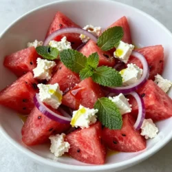 - Watermelon: 4 cups seedless, cubed - Feta Cheese: 1 cup, crumbled - Fresh Mint Leaves: 1/4 cup, chopped - Red Onion: 1/4, thinly sliced - Olive Oil: 2 tablespoons - Balsamic Vinegar: 1 tablespoon - Seasoning: Salt and freshly cracked black pepper - Servings: 6 - Prep Time: 15 mins - Total Time: 25 mins This Summer Watermelon Feta Salad is a perfect blend of sweet and savory. You need fresh watermelon for a juicy base, crumbled feta for creaminess, and mint leaves for a refreshing touch. The red onion adds a mild bite, balancing the flavors. For the pantry items, you will use olive oil and balsamic vinegar to make a simple dressing. A sprinkle of salt and freshly cracked black pepper will enhance all the flavors. This salad serves six and takes just 15 minutes to prepare. In total, you will spend about 25 minutes on this delightful dish. Perfect for summer gatherings or a light lunch, this salad is not just tasty but also healthy. {{ingredient_image_1}} - First, cut the watermelon into bite-sized cubes and place them in a large mixing bowl. This makes it easy to eat and enjoy. - Next, crumble the feta cheese evenly over the watermelon. The creamy feta adds a great taste that pairs well with the sweet watermelon. - Now, incorporate the chopped mint leaves into the bowl. Mint gives a fresh flavor that brightens the salad. - Also, add the thinly sliced red onion. The onion adds a nice crunch and sharpness to the mix. - In a small bowl, whisk together the olive oil, balsamic vinegar, salt, and pepper. This dressing brings all the flavors together. - Drizzle the dressing over the salad and toss gently. Be careful not to break the watermelon too much. This keeps the salad looking nice and fresh. To get the best taste from your salad, let it sit for 10 minutes after mixing. This time lets the flavors blend nicely. You can also adjust the seasoning. If you like more salt or pepper, feel free to add it. Taste as you go to find what suits you best. Make your salad look great by serving it in a large, shallow bowl. This style adds visual appeal and invites people to dig in. For a fun touch, garnish the top with whole mint leaves and a sprinkle of extra feta. This will brighten up your dish and make it pop! If you want to prepare your salad early, you can cut and mix the ingredients. Just remember to hold off on adding the dressing until right before serving. This keeps the salad fresh and tasty. Enjoy your meal prep while keeping the flavors at their best! Pro Tips Choose Ripe Watermelon: For the best flavor, select a watermelon that feels heavy for its size and has a uniform shape. Look for a creamy yellow spot on the underside, indicating ripeness. Fresh Feta Matters: Use high-quality feta cheese for a creamier texture and better flavor. Crumbled feta from a block tends to be fresher than pre-crumbled versions. Mint Preparation: Slap the mint leaves between your hands before adding them to the salad. This releases the essential oils, enhancing the minty aroma and flavor. Chill Before Serving: Allow the salad to chill in the refrigerator for about 30 minutes before serving. This not only enhances the flavors but also makes it more refreshing on a hot day. {{image_2}} You can mix in other fruits for fun flavors. Berries, like strawberries or blueberries, add a sweet touch. Chopped cucumbers add crunch and freshness. Adding citrus fruits, like oranges or grapefruits, gives a zesty kick. These fruits work well and make your salad even more colorful! Changing the cheese can change the taste. Goat cheese brings a creamy, tangy flavor. Blue cheese adds a strong, bold taste. Both options make the salad unique. Feel free to experiment and find your favorite cheese! You can swap the dressing for different tastes. Using lemon juice gives a bright, fresh flavor. Honey adds a touch of sweetness that balances the saltiness of the feta. If you want something creamy, try a yogurt-based dressing. These options let you customize the salad to your liking! To keep your salad fresh, refrigerate leftovers in an airtight container. It stays good for up to 2 days. Make sure to seal it tightly to avoid any odors from other foods. I do not recommend freezing this salad. The watermelon will lose its crisp texture. Once thawed, it may become mushy and unappealing. To keep your salad tasting its best, store the dressing separately. Mix it in just before you serve. This helps keep the watermelon and feta fresh and firm. Enjoy the flavors at their peak! Yes, you can use regular watermelon. However, it has seeds. This can change the texture. The seeds may add a crunch, but they can also be a hassle. Seedless watermelon cuts easily and has a sweeter taste. If you choose regular watermelon, be ready to remove the seeds. You have options if you don't have feta cheese. Here are some great substitutes: - Ricotta cheese offers a creamy texture. - Goat cheese adds tanginess and richness. - Vegan cheese can work for a dairy-free option. Each choice offers a different flavor, so pick one that you like best! This salad can work for meal prep, but with care. You can prepare the watermelon, feta, and herbs. Keep the dressing separate. This helps keep the salad fresh. Add the dressing just before eating to keep the flavors bright. Always store in an airtight container in the fridge. You can make a tasty watermelon and feta salad with simple steps. First, gather fresh watermelon, feta, mint, and red onion. Mix these with olive oil and balsamic vinegar for a refreshing dish. Serve it in a nice bowl and garnish it for a fun look. You can personalize it by adding other fruits or changing the cheese. Remember, keep the dressing separate until serving for the best taste. Enjoy this bright salad for meals or parties. It’s easy, quick, and very delicious!