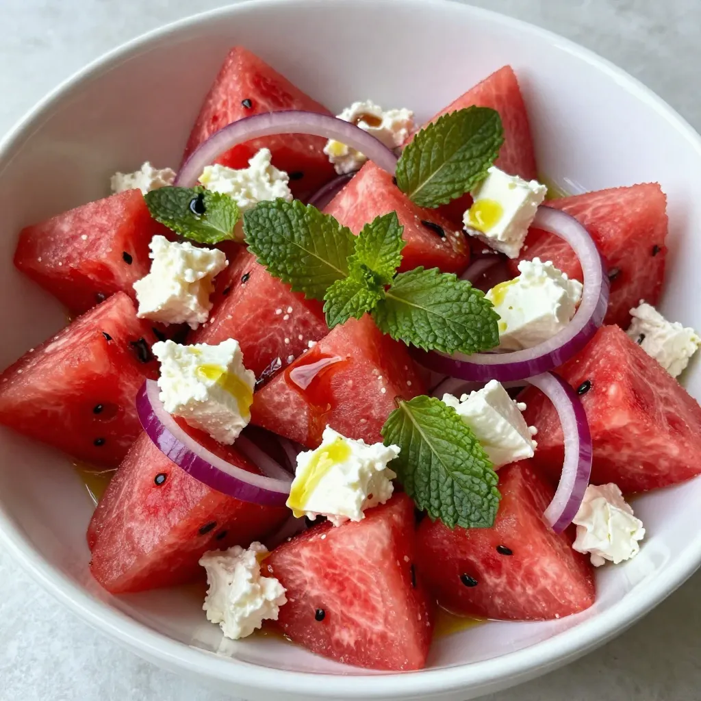 - Watermelon: 4 cups seedless, cubed - Feta Cheese: 1 cup, crumbled - Fresh Mint Leaves: 1/4 cup, chopped - Red Onion: 1/4, thinly sliced - Olive Oil: 2 tablespoons - Balsamic Vinegar: 1 tablespoon - Seasoning: Salt and freshly cracked black pepper - Servings: 6 - Prep Time: 15 mins - Total Time: 25 mins This Summer Watermelon Feta Salad is a perfect blend of sweet and savory. You need fresh watermelon for a juicy base, crumbled feta for creaminess, and mint leaves for a refreshing touch. The red onion adds a mild bite, balancing the flavors. For the pantry items, you will use olive oil and balsamic vinegar to make a simple dressing. A sprinkle of salt and freshly cracked black pepper will enhance all the flavors. This salad serves six and takes just 15 minutes to prepare. In total, you will spend about 25 minutes on this delightful dish. Perfect for summer gatherings or a light lunch, this salad is not just tasty but also healthy. {{ingredient_image_1}} - First, cut the watermelon into bite-sized cubes and place them in a large mixing bowl. This makes it easy to eat and enjoy. - Next, crumble the feta cheese evenly over the watermelon. The creamy feta adds a great taste that pairs well with the sweet watermelon. - Now, incorporate the chopped mint leaves into the bowl. Mint gives a fresh flavor that brightens the salad. - Also, add the thinly sliced red onion. The onion adds a nice crunch and sharpness to the mix. - In a small bowl, whisk together the olive oil, balsamic vinegar, salt, and pepper. This dressing brings all the flavors together. - Drizzle the dressing over the salad and toss gently. Be careful not to break the watermelon too much. This keeps the salad looking nice and fresh. To get the best taste from your salad, let it sit for 10 minutes after mixing. This time lets the flavors blend nicely. You can also adjust the seasoning. If you like more salt or pepper, feel free to add it. Taste as you go to find what suits you best. Make your salad look great by serving it in a large, shallow bowl. This style adds visual appeal and invites people to dig in. For a fun touch, garnish the top with whole mint leaves and a sprinkle of extra feta. This will brighten up your dish and make it pop! If you want to prepare your salad early, you can cut and mix the ingredients. Just remember to hold off on adding the dressing until right before serving. This keeps the salad fresh and tasty. Enjoy your meal prep while keeping the flavors at their best! Pro Tips Choose Ripe Watermelon: For the best flavor, select a watermelon that feels heavy for its size and has a uniform shape. Look for a creamy yellow spot on the underside, indicating ripeness. Fresh Feta Matters: Use high-quality feta cheese for a creamier texture and better flavor. Crumbled feta from a block tends to be fresher than pre-crumbled versions. Mint Preparation: Slap the mint leaves between your hands before adding them to the salad. This releases the essential oils, enhancing the minty aroma and flavor. Chill Before Serving: Allow the salad to chill in the refrigerator for about 30 minutes before serving. This not only enhances the flavors but also makes it more refreshing on a hot day. {{image_2}} You can mix in other fruits for fun flavors. Berries, like strawberries or blueberries, add a sweet touch. Chopped cucumbers add crunch and freshness. Adding citrus fruits, like oranges or grapefruits, gives a zesty kick. These fruits work well and make your salad even more colorful! Changing the cheese can change the taste. Goat cheese brings a creamy, tangy flavor. Blue cheese adds a strong, bold taste. Both options make the salad unique. Feel free to experiment and find your favorite cheese! You can swap the dressing for different tastes. Using lemon juice gives a bright, fresh flavor. Honey adds a touch of sweetness that balances the saltiness of the feta. If you want something creamy, try a yogurt-based dressing. These options let you customize the salad to your liking! To keep your salad fresh, refrigerate leftovers in an airtight container. It stays good for up to 2 days. Make sure to seal it tightly to avoid any odors from other foods. I do not recommend freezing this salad. The watermelon will lose its crisp texture. Once thawed, it may become mushy and unappealing. To keep your salad tasting its best, store the dressing separately. Mix it in just before you serve. This helps keep the watermelon and feta fresh and firm. Enjoy the flavors at their peak! Yes, you can use regular watermelon. However, it has seeds. This can change the texture. The seeds may add a crunch, but they can also be a hassle. Seedless watermelon cuts easily and has a sweeter taste. If you choose regular watermelon, be ready to remove the seeds. You have options if you don't have feta cheese. Here are some great substitutes: - Ricotta cheese offers a creamy texture. - Goat cheese adds tanginess and richness. - Vegan cheese can work for a dairy-free option. Each choice offers a different flavor, so pick one that you like best! This salad can work for meal prep, but with care. You can prepare the watermelon, feta, and herbs. Keep the dressing separate. This helps keep the salad fresh. Add the dressing just before eating to keep the flavors bright. Always store in an airtight container in the fridge. You can make a tasty watermelon and feta salad with simple steps. First, gather fresh watermelon, feta, mint, and red onion. Mix these with olive oil and balsamic vinegar for a refreshing dish. Serve it in a nice bowl and garnish it for a fun look. You can personalize it by adding other fruits or changing the cheese. Remember, keep the dressing separate until serving for the best taste. Enjoy this bright salad for meals or parties. It’s easy, quick, and very delicious!