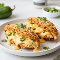 To make this tasty dish, you need just a few main ingredients: - 4 boneless, skinless chicken breasts - 4 oz cream cheese, softened - 1 cup shredded cheddar cheese - 1/2 cup finely chopped jalapeños (fresh or pickled) - 1/4 cup breadcrumbs - 1 tablespoon garlic powder - 1 tablespoon onion powder - 1 teaspoon smoked paprika - Salt and pepper to taste - 2 tablespoons olive oil These ingredients mix well to create a creamy, spicy filling that makes the chicken juicy. You can add fresh cilantro as a garnish. It adds a nice touch and brightens the dish. If you like, you can also drizzle a bit of hot sauce on top for extra zing. Always choose fresh chicken and high-quality cheeses. Fresh jalapeños give the best flavor. If you use pickled jalapeños, they add a nice tang. The cream cheese should be soft for easy mixing. Don’t skimp on the spices; they make the dish pop! {{ingredient_image_1}} Start by preheating your oven to 375°F (190°C). In a bowl, mix the cream cheese, shredded cheddar, chopped jalapeños, garlic powder, onion powder, smoked paprika, salt, and pepper. Stir until it’s smooth. Next, take your chicken breasts and carefully slice a pocket in each one. Don’t cut all the way through. Stuff each pocket with your jalapeño cheese mix. Press gently to keep the filling inside. Now it’s time to cook! In a shallow dish, add breadcrumbs and season them with salt and pepper. Dip each stuffed chicken breast in olive oil, then coat it with breadcrumbs. Press lightly to make sure they stick. Heat a large skillet over medium-high heat and add some olive oil. Place the stuffed chicken in the skillet and sear for 3-4 minutes on each side until golden brown. After searing, transfer the skillet to your preheated oven. Bake for 20-25 minutes, or until the chicken reaches 165°F (74°C). Once the chicken is baked, take it out of the oven and let it rest for a few minutes. This helps keep the juices inside. You can serve it hot, and if you like, garnish with fresh cilantro. It’s a great way to add color and a fresh taste! Enjoy this tasty meal with some sides like rice or a salad. To stuff chicken breasts well, take your time. First, use a sharp knife to slice a pocket. Cut carefully, so you don’t slice all the way through. Make the pocket big enough to hold the filling. Next, press the filling into the pocket gently. This keeps your mixture inside during cooking. Lastly, seal the opening with toothpicks if needed. This helps keep your delicious filling in place. You can boost flavor in your stuffed chicken easily. Try adding some spices, like cumin or chili powder, to the cheese mix. Fresh herbs, like cilantro or parsley, can add a fresh taste. For extra crunch, mix in some crushed tortilla chips with your breadcrumbs. You can also experiment with different types of cheese. Creamy goat cheese or tangy feta can create a unique flavor. One common mistake is overstuffing the chicken. Too much filling can cause it to spill out during cooking. Another mistake is not seasoning the chicken. Adding salt and pepper to the chicken helps enhance the taste. Also, don’t skip searing the chicken before baking. Searing adds a nice color and locks in moisture. Lastly, make sure your chicken reaches 165°F (74°C) for safe eating. Pro Tips Use Fresh Jalapeños: Fresh jalapeños will give your filling a vibrant flavor and a nice crunch. If you prefer less heat, remove the seeds and membranes before chopping. Seal the Chicken Properly: Make sure to seal the edges of the chicken pocket well to prevent the filling from leaking out during cooking. You can use toothpicks if necessary. Experiment with Cheese: While cheddar is delicious, feel free to mix in other cheeses like Monterey Jack or pepper jack for a different flavor profile. Each will add its unique twist to the dish! Let it Rest: Allow the chicken to rest for a few minutes after baking. This helps redistribute the juices and ensures that your chicken remains juicy and tender when sliced. {{image_2}} You can adjust the heat of your Jalapeño Popper Stuffed Chicken. If you like it spicy, use fresh jalapeños. They pack a punch! For a milder taste, opt for pickled jalapeños. They add flavor without too much heat. You can also remove the seeds from fresh jalapeños. This will lessen the spice while keeping the flavor. The cheese you choose can change the dish. Cream cheese is soft and creamy, but you can experiment with other cheeses. Try pepper jack for extra kick, or mozzarella for a milder option. You can even mix cheeses! A blend of cheddar and cream cheese works well too. You can also add spices to the cheese mix for extra flavor. Consider adding some ranch seasoning for a tasty twist. If you want a low-carb version, skip the breadcrumbs. Coat the chicken with almond flour or crushed pork rinds instead. These options give a nice crunch without the carbs. For gluten-free, always check the labels on your ingredients. Use gluten-free breadcrumbs or a suitable alternative. You can still enjoy this dish while sticking to your dietary needs. To keep your Jalapeño Popper Stuffed Chicken fresh, let it cool. After cooling, place it in an airtight container. Store it in the fridge. It should last for about 3 to 4 days. If you want to keep it longer, consider freezing. When you’re ready to enjoy leftovers, preheat your oven to 350°F (175°C). Place the chicken in an oven-safe dish. Cover it with foil to keep it moist. Heat for about 15 to 20 minutes, until warm throughout. You can also use a microwave. Just heat for 1 to 2 minutes. Make sure it is hot in the center. For meal prep, you can freeze the stuffed chicken. Wrap each piece tightly in plastic wrap. Place them in a freezer-safe bag or container. They can stay frozen for up to 3 months. When you’re ready to eat, thaw them in the fridge overnight before reheating. Yes, you can prepare Jalapeño Popper Stuffed Chicken ahead of time. After you stuff the chicken, wrap it tightly in plastic wrap or foil. Store it in the fridge for up to 24 hours. This lets the flavors blend well. When you are ready, just bake it. You may need to add a few extra minutes to the cooking time. You have many great options to serve with Jalapeño Popper Stuffed Chicken. Here are a few ideas: - Rice: A fluffy rice dish pairs well. - Salad: A fresh salad adds crunch and balance. - Vegetables: Roasted or steamed veggies make a colorful side. - Potatoes: Mashed or baked potatoes work nicely too. These sides will complement the spicy and creamy chicken. Yes, you can use other meats for Jalapeño Popper Stuffed Chicken. Pork chops or turkey breasts are great substitutes. Just be mindful of adjusting the cooking time. Make sure the meat reaches the safe temperature before serving. This way, you can enjoy the same flavors with different proteins! Jalapeño Popper Stuffed Chicken is a tasty dish that’s simple to make. We covered the key ingredients, prep steps, and even cooking methods. Remember to use high-quality ingredients for the best flavor. Try different variations to suit your taste, such as spicy or cheese swaps. Store leftovers wisely, and don’t hesitate to explore other meats. With these tips, your meals will impress. Enjoy this fun recipe with friends or family!