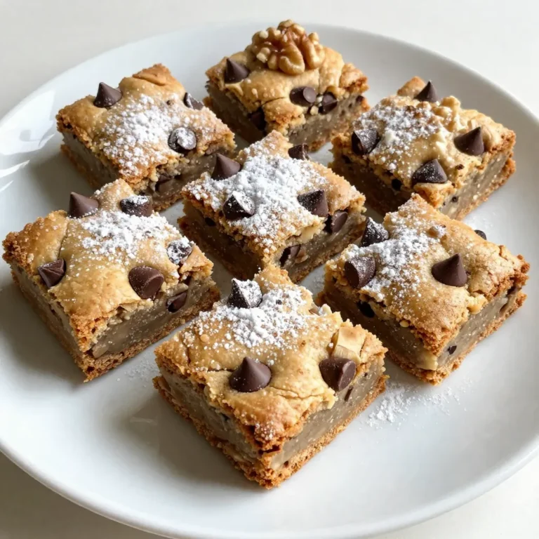 To make your brown butter blondies, gather these items: - 1 cup unsalted butter - 1 cup packed brown sugar - 1/2 cup granulated sugar - 2 large eggs - 1 teaspoon vanilla extract - 2 cups all-purpose flour - 1 teaspoon baking powder - 1/2 teaspoon baking soda - 1/2 teaspoon salt - 1 cup chocolate chips - 1/2 cup chopped nuts (optional) If you need alternatives, consider these swaps: - Use coconut oil instead of butter for a dairy-free option. - Maple syrup can replace granulated sugar for a more natural sweetener. - You might try almond flour for a gluten-free version. Have some ingredients you can't use? Here are some ideas: - Substitute brown sugar with coconut sugar for a different flavor. - Use egg replacements like applesauce or flaxseed meal for a vegan option. - If you don't have chocolate chips, try chopped chocolate bars or cocoa nibs. These choices keep your blondies tasty and fun, no matter your needs! {{ingredient_image_1}} First, grab a medium saucepan. Place it on the stove over medium heat. Add 1 cup of unsalted butter. As the butter melts, swirl the pan gently. Watch closely as it changes color. In about 5 to 7 minutes, it will turn golden brown. You will smell a rich, nutty aroma. When it reaches this point, take it off the heat. Let it cool for a few minutes. This brown butter adds a deep, rich flavor to your blondies. Next, find a large mixing bowl. Pour in the cooled brown butter. Add 1 cup of packed brown sugar and 1/2 cup of granulated sugar. Whisk them together until smooth. Then, crack in 2 large eggs, one at a time. Mix well after each egg. Now, stir in 1 teaspoon of vanilla extract. In another bowl, whisk together 2 cups of all-purpose flour, 1 teaspoon of baking powder, 1/2 teaspoon of baking soda, and 1/2 teaspoon of salt. Slowly add this dry mix to the wet mix. Stir gently until just combined. Avoid overmixing to keep them soft. Now, preheat your oven to 350°F (175°C). Line an 8x8-inch baking dish with parchment paper. Let some paper hang over the sides for easy lifting later. Spread the batter evenly in the dish. Bake for 25 to 30 minutes. You know they are done when the edges are golden. Insert a toothpick in the center; it should come out with a few moist crumbs. Once baked, let the blondies cool in the pan for about 15 minutes. Carefully lift them out using the parchment paper. Place them on a wire rack to cool completely before slicing into squares. To get soft and chewy blondies, use room temperature ingredients. Room temperature eggs mix well and help create a smooth batter. Don't overmix when combining wet and dry ingredients. This keeps the blondies soft. Bake them until the edges are golden, but the center is still a bit soft. A toothpick should come out with a few moist crumbs. This ensures a chewy and delicious treat. To keep your blondies fresh, store them in an airtight container. They can stay at room temperature for up to three days. If you want to keep them longer, refrigerate them for up to a week. Wrap each blondie in plastic wrap for added freshness. This helps to prevent them from drying out. I love serving blondies warm. They pair perfectly with a scoop of vanilla ice cream. You can dust them with powdered sugar for a nice touch. If you want a richer flavor, drizzle melted chocolate on top. For extra crunch, add chopped nuts. They add a delightful texture to each bite. Pro Tips Browning the Butter: Make sure to keep an eye on the butter while it’s browning; it can go from perfect to burnt very quickly. Stir frequently for even browning. Don’t Overmix: When combining the wet and dry ingredients, mix until just combined. Overmixing can lead to tough blondies. Check for Doneness: Use a toothpick to check for doneness; it should come out with a few moist crumbs, not wet batter. This ensures a fudgy texture. Cool Completely: Let the blondies cool completely on a wire rack before slicing to achieve clean, neat squares. {{image_2}} You can add nuts to your blondies for extra crunch. I suggest using walnuts or pecans. Chop them coarsely so they mix well. Fold them in after you add the chocolate chips. This adds flavor and texture. Nuts bring a rich, earthy taste. They also balance the sweetness of the blondies. You can use one type of nut or mix them for a fun twist. Chocolate chips make these blondies even better. You can use semi-sweet or milk chocolate chips. If you want to change it up, try white chocolate or dark chocolate. You can also mix different kinds of chips. For example, combine milk and dark chocolate for a rich flavor. This variation keeps the blondies exciting and satisfying. Adding different flavors can change the whole vibe of your blondies. Try adding a teaspoon of almond extract for a nutty taste. You could also mix in a little cinnamon for warmth. Another fun option is to add some coffee powder for a rich depth. Vanilla is great, but you can also use other extracts. Experiment with flavors like coconut or orange zest to surprise your taste buds. These enhancements make your blondies unique every time you bake! To keep your brown butter blondies fresh, store them in an airtight container. This helps prevent them from drying out. You can place a piece of bread inside the container. The bread adds moisture and keeps the blondies soft. Store the container at room temperature if you plan to eat them within a week. If you need longer storage, the fridge is a good option. Just remember, the cold can make them a bit firmer. Freezing blondies is easy and effective. First, let them cool completely. Then, cut the blondies into squares. Wrap each square in plastic wrap. After that, place them in a freezer-safe bag or container. Label the bag with the date. You can keep blondies in the freezer for up to three months. When you're ready to enjoy them, just thaw them on the counter. Reheating your blondies is simple and quick. You can use the microwave or the oven. For the microwave, place a blondie on a plate and heat it for about 15 seconds. If you want a crispy edge, use the oven. Preheat it to 350°F (175°C). Place the blondies on a baking sheet and heat for about 5-10 minutes. This method brings back that fresh-baked taste and texture. Enjoy your warm blondies with a scoop of ice cream for a treat! Blondies and brownies are both sweet baked treats. The main difference lies in their flavor and color. Brownies use cocoa powder or melted chocolate, giving them a rich, dark taste. Blondies, on the other hand, use brown sugar and butter. This gives them a lighter color and a sweet, caramel-like flavor. In texture, blondies are soft and chewy, while brownies can be fudgy or cakey. You can easily make gluten-free blondies by swapping regular flour for gluten-free flour. Look for a blend that works well in baking. Brands like Bob’s Red Mill or King Arthur Flour offer great options. Just make sure to check the package for the right measurements. You may need to add a binding agent like xanthan gum to help the texture. Yes, you can make blondies without eggs! Use substitutes like applesauce, mashed banana, or flaxseed meal mixed with water. For each egg, use 1/4 cup of applesauce or 1/4 cup of mashed banana. If using flaxseed, mix 1 tablespoon of flaxseed meal with 2.5 tablespoons of water and let it sit for a few minutes. These options keep your blondies moist and tasty. This blog post covered everything you need for perfect blondies. We explored key ingredients, important steps, and helpful tips. I shared ways to make them your own with variations, plus smart storage ideas. Remember, the right touch makes all the difference. Whether you try new flavors or swap ingredients, have fun baking. Enjoy your blondies and share them with friends!