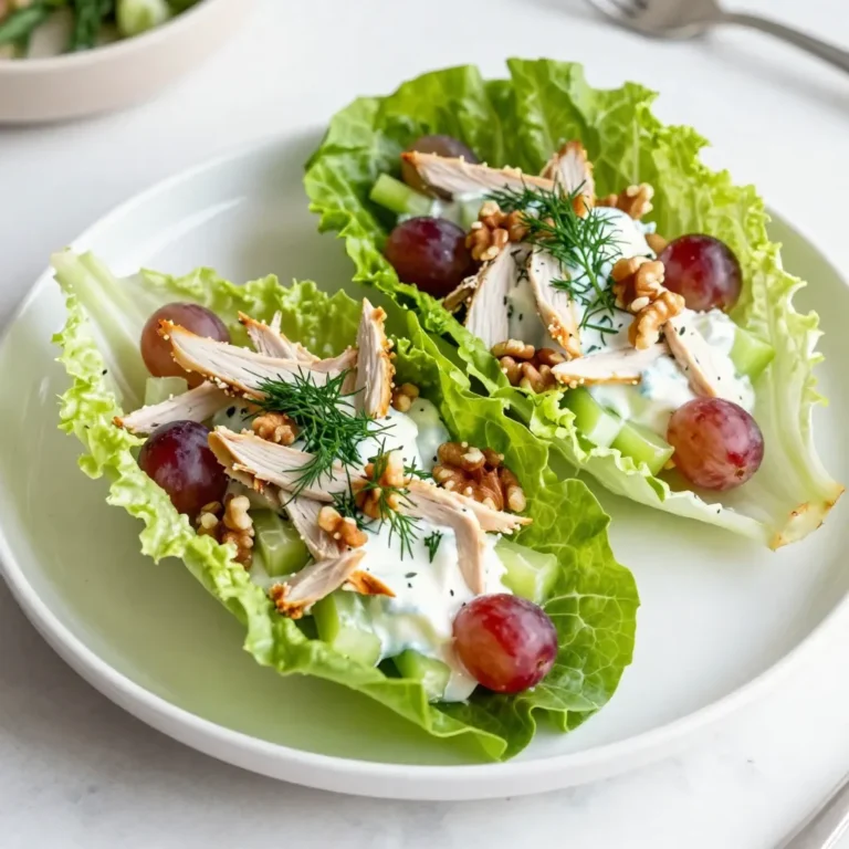 - 2 cups cooked chicken breast, shredded - 1 cup plain Greek yogurt - 1/4 cup celery, finely chopped - 1/4 cup red grapes, halved - 1/4 cup walnuts, roughly chopped - 2 tablespoons fresh dill, chopped - 1 tablespoon lemon juice - Salt and pepper to taste - 1 head of butter lettuce or romaine, leaves separated This recipe packs a punch of nutrients. Greek yogurt is rich in protein and probiotics. It helps with digestion and builds strong muscles. Chicken breast is lean and full of protein. It aids in muscle repair and keeps you full longer. Celery adds fiber while being low in calories. It helps keep your heart healthy. Red grapes give natural sweetness and antioxidants. They help fight free radicals in the body. Walnuts provide healthy fats and omega-3s. They support brain health and reduce inflammation. Fresh dill adds flavor and has anti-bacterial properties. Lemon juice boosts vitamin C, which helps your immune system. When picking chicken, choose fresh or properly frozen breasts. Look for ones that are firm and pink. Avoid any that have a gray tint. For Greek yogurt, select plain varieties. Check for live cultures on the label for the best health benefits. Choose celery stalks that are crisp and green. Avoid limp or discolored stalks. Pick grapes that are firm and free from wrinkles. They should have a fresh smell. Select walnuts that are not rancid. They should smell nutty and fresh. For fresh dill, look for bright green fronds without wilting. When buying lettuce, choose heads that are crisp without brown spots. {{ingredient_image_1}} Start by shredding 2 cups of cooked chicken breast. I love using leftover chicken for this. In a mixing bowl, add the shredded chicken and 1 cup of plain Greek yogurt. This yogurt gives a creamy texture and adds protein. Next, chop 1/4 cup of celery finely. Add that to the bowl. Now, take 1/4 cup of red grapes and cut them in half. Toss those in too. Chop 1/4 cup of walnuts roughly and add them for a nice crunch. You can also mix in 2 tablespoons of fresh dill for flavor. Squeeze 1 tablespoon of lemon juice into the mix. This adds a zesty kick. Finally, season with salt and pepper to taste. Mix everything well until combined. Now it's time to assemble the wraps. Take a head of butter lettuce or romaine and separate the leaves. These leaves act as our wrap. Spoon a generous amount of the chicken salad mixture into the center of each leaf. Fold the sides over and gently wrap them around the filling. Make sure to keep it tight but not too tight. Serve immediately for the best crunch and freshness. These wraps are perfect for lunch or a light dinner. You can serve them with fresh veggies or hummus on the side. For a fun twist, try adding a sprinkle of feta cheese on top. If you want a bit of heat, add some sliced jalapeños. You can also serve them on a platter for parties. They look great and taste even better! You can make this chicken salad your own. Try adding different fruits like apples or cranberries. Swap the walnuts for almonds or pecans for a new crunch. If you like spice, add some diced jalapeños or a dash of hot sauce. You could also throw in some chopped green onions for a fresh taste. Remember, the key is to balance flavors and textures to suit your taste. This chicken salad is perfect for meal prep. You can make it a day ahead. Store it in an airtight container in the fridge. Just keep the lettuce leaves separate. The salad will last for about three days. This way, you have a quick meal ready when hunger strikes. You can also portion it into containers for easy grab-and-go lunches. These wraps work well for many events. Serve them at a picnic or barbecue for a light dish. They are great for lunch or a snack too. For a fancy touch, use small lettuce cups to serve at parties. You can also add a side of fruit or a light salad to make it a full meal. Kids love these wraps for an easy, fun meal option. Pro Tips Use Leftover Chicken: This recipe is perfect for utilizing leftover rotisserie or grilled chicken, making it even quicker to prepare. Customize Your Add-ins: Feel free to swap in your favorite nuts, fruits, or herbs to personalize the flavor of your chicken salad. Chill Before Serving: For the best flavor, let the chicken salad chill in the refrigerator for about 30 minutes before serving. Choose Fresh Lettuce: Select crisp, fresh lettuce leaves for wrapping to ensure a satisfying crunch with each bite. {{image_2}} You can make simple swaps for a lighter Greek yogurt chicken salad. Instead of walnuts, try sunflower seeds for crunch. They have less fat and add a nice texture. You can also use low-fat Greek yogurt. This cut cuts calories but keeps the creamy taste. For less sodium, use fresh herbs instead of salt. Fresh dill adds flavor without extra salt. To make a vegetarian version, replace chicken with chickpeas. Use one can of chickpeas, drained and rinsed. Mash them lightly with a fork for a nice texture. Keep all the other ingredients the same. This helps you enjoy the same great taste while keeping it plant-based. You can also add diced apples for a sweet twist. Want to spice things up? Add diced jalapeños for heat. You can also mix in curry powder for a unique flavor. A tiny bit of honey can add sweetness, balancing the tartness of yogurt. For a Mediterranean twist, add feta cheese and olives. Each enhancement brings a new taste to the dish. To keep your Greek yogurt chicken salad fresh, store it in a tight container. Make sure to remove as much air as possible. This helps prevent spoilage. You can also use plastic wrap over the bowl before sealing. This adds an extra layer of protection. Always keep it in the fridge. When stored properly, this chicken salad lasts up to three days in the fridge. After that, the flavors may change, and it may not taste as good. Always check for any off smells or changes in texture before eating. If you don’t think you’ll eat it in three days, freeze it. For this recipe, you don’t need to reheat it. Greek yogurt chicken salad tastes best cold. If you prefer warmed chicken, you can gently heat it in the microwave. Use a low setting to avoid drying it out. Stir it well and check the temperature to ensure it’s warm but not hot. Yes, you can use canned chicken. Canned chicken is already cooked and saves time. Just drain it well before mixing it with Greek yogurt. The taste will still be good, but fresh chicken has a better texture. If you want extra flavor, add some spices or herbs to the canned chicken. To make this dish dairy-free, swap Greek yogurt for a plant-based yogurt. Look for options made from almond, coconut, or soy. Make sure the yogurt is plain and unsweetened. You can add a splash of lemon juice to mimic the tangy taste of yogurt. This keeps the salad creamy while staying dairy-free. Lettuce wraps pair well with many sides. Here are some great ideas: - Fresh veggie sticks (carrots, cucumbers, bell peppers) - A light fruit salad - Quinoa salad with herbs - Sweet potato fries - A simple soup, like tomato or vegetable These sides add color and nutrition to your meal. Enjoy experimenting with different pairings! You learned about the key ingredients for a tasty chicken salad. We explored how to prepare and assemble delicious lettuce wraps. I shared tips for customizing your salad and making it ahead. We also looked at variations, storage tips, and answered common questions. Remember, with the right ingredients and methods, you can create a great meal. Enjoy experimenting with flavors and serving ideas to make it your own. Happy cooking!