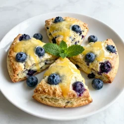 - 2 cups all-purpose flour - 1/2 cup granulated sugar - 2 teaspoons baking powder - 1/2 teaspoon baking soda - 1/2 teaspoon salt - 6 tablespoons cold unsalted butter, cubed - 1 cup fresh blueberries (or frozen if out of season) - Zest of 1 lemon - 1/4 cup heavy cream - 1 large egg - 1 tablespoon lemon juice When you measure flour, scoop it lightly and level it off. This keeps the scones light. Use a kitchen scale for accuracy if you prefer. For sugar, granulated works best here. Baking powder and baking soda help the scones rise, making them fluffy. Keep butter cold; it creates tender layers. Fresh blueberries add bursts of flavor. If using frozen, do not thaw them. Lemon zest brings a bright flavor to the scones. Heavy cream adds richness, while the egg binds everything together. Lemon juice gives a nice tang. Using high-quality butter makes a big difference. Look for unsalted butter for better control of salt. Fresh blueberries are best, as they are juicy and flavorful. If out of season, frozen blueberries work well. Choose a good brand of flour for consistent results. Organic lemons are often more flavorful, so consider them for zest and juice. The cream should be heavy, which helps with texture. Quality ingredients lead to tasty scones that you will love to share. {{ingredient_image_1}} To start, preheat your oven to 400°F (200°C). This step ensures your scones bake evenly. Next, line a baking sheet with parchment paper. This will help the scones not stick and make cleanup easy. In a large mixing bowl, whisk together the dry ingredients. Combine 2 cups of all-purpose flour, 1/2 cup of granulated sugar, 2 teaspoons of baking powder, 1/2 teaspoon of baking soda, and 1/2 teaspoon of salt. Make sure to mix well to evenly distribute the baking powder and soda. Next, add 6 tablespoons of cold, cubed unsalted butter to your bowl. Use a pastry cutter or your fingertips to rub the butter into the flour. Keep mixing until it looks like coarse crumbs. This step gives the scones a nice flaky texture. Now, gently fold in the lemon zest from 1 lemon and 1 cup of fresh blueberries. Be careful with the blueberries; you don’t want to crush them. They will burst and change the dough color. In a separate bowl, whisk together 1/4 cup of heavy cream, 1 large egg, and 1 tablespoon of lemon juice. Mix until everything is well combined. Pour this wet mixture into your dry ingredients. Stir gently until just combined. Remember, don’t overmix; the dough should feel slightly sticky. Turn the dough onto a floured surface. Pat it into a circle about 1 inch thick. Use a knife to cut it into wedges, or use a biscuit cutter for round shapes. Place the scones on your prepared baking sheet, leaving about 1 inch between each one. Bake the scones for 15-20 minutes. They should turn golden brown, and a toothpick inserted in the center should come out clean. Let the scones cool slightly on the baking sheet. Then, transfer them to a wire rack to cool completely. Enjoy your warm, tasty lemon blueberry scones! When making lemon blueberry scones, avoid overmixing the dough. Overmixing can make the scones tough. Mix just until combined for a light texture. Another mistake is not using cold butter. Cold butter helps create flaky layers. Always cube the butter and chill it before mixing. Lastly, don’t skip the lemon zest. It adds a bright flavor that makes the scones shine. To get a soft and airy scone, use a light touch. When mixing, fold the ingredients gently. This keeps air in the dough. Also, make sure your oven is hot enough. Preheat it to 400°F (200°C) before baking. Bake until they are golden brown. This helps develop a nice crust while keeping the inside soft and tender. Serve your scones warm for the best taste. A drizzle of lemon glaze makes them even better. To make the glaze, mix powdered sugar with lemon juice until smooth. You can also serve the scones with clotted cream or butter. For a lovely presentation, add fresh blueberries and a sprig of mint on the side. Enjoy them with tea or coffee for a delightful treat. Pro Tips Chill Your Ingredients: For even flakier scones, chill the butter and heavy cream before using them in your dough. Be Gentle with the Dough: Overmixing can lead to tough scones. Mix just until combined for the lightest texture. Experiment with Flavors: Try adding a teaspoon of vanilla extract or a sprinkle of cinnamon for an extra flavor kick. Keep an Eye on Baking Time: Ovens vary; check your scones a few minutes early to avoid overbaking. {{image_2}} You can swap some ingredients if needed. For flour, try whole wheat or almond flour. Use coconut sugar instead of granulated sugar for a deeper flavor. If you lack heavy cream, use milk or a dairy-free alternative like almond milk. For the butter, vegan butter works great too. If you don't have fresh blueberries, frozen ones are a good choice. Just make sure to add them straight from the freezer. Want to jazz up your scones? Here are some ideas! Add a teaspoon of vanilla extract for warmth. A pinch of nutmeg gives a nice spice. You can also mix in other fruits like raspberries or cranberries. For a zesty kick, try adding more lemon zest or a hint of orange zest. If you love nuts, fold in chopped walnuts or pecans for a crunchy texture. If you need to make these scones fit specific diets, you have options. For gluten-free scones, use a gluten-free flour blend. To make them dairy-free, switch to plant-based milk and butter. For a low-sugar version, reduce the sugar by half or use a sugar substitute like stevia. If you want a vegan scone, replace the egg with a flax egg or applesauce. These swaps help everyone enjoy this tasty treat! To keep your lemon blueberry scones fresh, let them cool first. Place them in an airtight container. You can store them at room temperature for up to three days. If you want them to last longer, put them in the fridge. They will stay good for about a week in the fridge. If you want to freeze the scones, wrap each one in plastic wrap. This keeps them from getting freezer burn. Place the wrapped scones in a freezer bag or container. You can freeze them for up to three months. When you’re ready to enjoy them, just take out what you need. To reheat the scones, you have a few options. You can use the oven or the microwave. For the oven, preheat it to 350°F (175°C). Place the scones on a baking sheet and heat for about 10 minutes. For the microwave, heat one scone for about 15-20 seconds. Enjoy them warm for the best taste! Yes, you can use frozen blueberries. They work well in the scones. Just add them straight from the freezer. This keeps them from getting mushy. Frozen blueberries may make the dough a bit wetter. You might want to add a little extra flour if needed. To make these scones gluten-free, use a gluten-free flour blend. Look for a blend that contains xanthan gum. This helps to mimic the texture of regular flour. Follow the same measurements as the all-purpose flour. Keep an eye on the dough. It may need slight adjustments for moisture. The best way to enjoy lemon blueberry scones is warm. Serve them with a drizzle of lemon glaze. A mixture of powdered sugar and lemon juice works great. You can also add fresh blueberries on top. For a refreshing touch, add a sprig of mint. Pair with a cup of tea or coffee for a perfect treat. In this blog post, I covered key points on making delicious lemon blueberry scones. We explored the best ingredients and their measurements, as well as tips for perfect texture. I provided step-by-step instructions for mixing and baking, along with common mistakes to avoid. Remember, you can easily modify the recipe to fit your diet. Store your scones properly to keep them fresh. Whether you enjoy them warm or cold, these scones will impress. Happy baking!