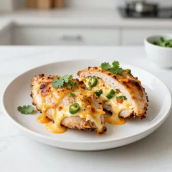 To make a tasty jalapeño popper stuffed chicken, gather these items: - 4 boneless, skinless chicken breasts - 1 cup cream cheese, softened - 1 cup shredded cheddar cheese - 1/2 cup diced jalapeños (fresh or pickled, based on heat preference) - 1/2 teaspoon garlic powder - 1/4 teaspoon paprika - Salt and pepper to taste - 1 cup breadcrumbs (optional) - 2 tablespoons olive oil for cooking If you lack any ingredients, here are some swaps you can try: - Use Greek yogurt in place of cream cheese for a lighter option. - Swap cheddar cheese with pepper jack for extra heat. - Can’t find fresh jalapeños? Canned jalapeños work well, too. - For a gluten-free option, skip the breadcrumbs or use gluten-free breadcrumbs. You can customize your dish with these tasty add-ins: - Add cooked bacon bits for a smoky flavor. - Mix in chopped green onions for extra crunch. - A little ranch seasoning can bring a creamy and zesty twist. - Consider adding a splash of hot sauce to the cheese mix for more heat. These ingredients and options make jalapeño popper stuffed chicken a flexible and fun dish! {{ingredient_image_1}} First, gather all your ingredients. You will need: - 4 boneless, skinless chicken breasts - 1 cup cream cheese, softened - 1 cup shredded cheddar cheese - 1/2 cup diced jalapeños - 1/2 teaspoon garlic powder - 1/4 teaspoon paprika - Salt and pepper to taste - 1 cup breadcrumbs (optional) - 2 tablespoons olive oil for cooking Next, preheat your oven to 375°F (190°C). In a medium bowl, mix the cream cheese, cheddar cheese, diced jalapeños, garlic powder, paprika, salt, and pepper. Stir until everything blends well. Now, take each chicken breast. Use a sharp knife to slice a pocket on one side. Be careful not to cut all the way through. This pocket holds the cheesy filling. Stuff each chicken breast with the jalapeño cheese mixture. Use a spoon to pack it in tightly. If you want a crispy crust, roll the chicken breasts in breadcrumbs. Heat olive oil in a large oven-proof skillet over medium-high heat. Once hot, place the stuffed chicken breasts in the skillet. Sear them for 3-4 minutes on each side until golden brown. After browning, transfer the skillet to your preheated oven. Bake for 20-25 minutes. Check the chicken's internal temperature; it should reach 165°F (75°C). Once done, remove the skillet from the oven. Let the chicken rest for 5 minutes. This helps the filling set before serving. To make sure the chicken cooks evenly, use a meat thermometer. Insert it into the thickest part of the chicken. Another tip is to let the chicken rest after cooking. This keeps the juices inside, making it tender. If you want to avoid drying out the chicken, don't overcook it. This simple step ensures a juicy, flavorful meal. To stuff chicken well, use a sharp knife. Make a pocket by slicing the side. Be careful not to cut all the way through. This keeps the filling inside. Pack the jalapeño cheese mixture tightly. Use a spoon to push it in well. For a fun twist, try adding some bacon bits to the filling. It adds a nice crunch and flavor. To get a nice sear, heat your skillet first. Add olive oil and wait until it shimmers. Place the stuffed chicken breasts in the skillet carefully. Don’t overcrowd the pan; this helps with even cooking. Sear each side for 3-4 minutes. Look for a golden brown color. This step locks in juices and adds flavor. Here are some tools that can help you: - Sharp knife for cutting the chicken - Mixing bowl for the filling - Spoon for stuffing - Oven-proof skillet for searing and baking - Meat thermometer to check chicken doneness Using these tools will make your cooking easier and more fun. Happy cooking! Pro Tips Use a Meat Mallet: Pound the chicken breasts to an even thickness before creating pockets to ensure they cook evenly. Experiment with Cheese: Try adding different types of cheese like pepper jack or mozzarella for a twist on flavor. Don’t Skip the Resting Time: Allowing the chicken to rest for a few minutes after baking helps keep the juices inside for a moister bite. Customize the Heat: Adjust the amount of jalapeños based on your spice preference, or add other spices like cayenne for extra kick. {{image_2}} If you love heat, try this spicy version. Use extra jalapeños. You can also add a pinch of cayenne pepper to the cheese mix. This gives it an extra kick. The spicy filling pairs well with the tender chicken. Serve it with a cooling dip, like ranch or sour cream. For a low-carb meal, skip the breadcrumbs. Instead, wrap the chicken in bacon. This adds flavor and keeps it moist. You can also add avocado to the cheese filling for healthy fats. This version still tastes great while fitting into your low-carb diet. You can make a vegetarian version too! Instead of chicken, use large portobello mushrooms. Stuff them with the jalapeño cheese mix. Bake them until soft and bubbly. This option is hearty and full of flavor. Serve with a side salad for a complete meal that everyone can enjoy. After you enjoy your jalapeño popper stuffed chicken, let it cool. Place leftovers in an airtight container. Make sure to store them in the fridge. They will stay fresh for up to three days. If you want to keep it longer, consider freezing. To reheat, take the chicken out of the fridge. Preheat your oven to 350°F (175°C). Place the chicken in a baking dish. Cover it with foil to keep moisture in. Heat for about 20 minutes or until warm. You can also use a microwave. Just heat it for 1-2 minutes, but the oven gives better taste. If you want to freeze your stuffed chicken, wrap each piece tightly in plastic wrap. Then, place wrapped chicken in a freezer bag. Remove as much air as possible. This helps prevent freezer burn. You can freeze it for up to three months. When ready to eat, thaw in the fridge overnight before reheating. Yes, you can prepare this dish ahead. Stuff the chicken breasts in advance. Then, cover them tightly and keep in the fridge. This way, the flavors blend well. You can bake them later when you are ready to eat. Just add a few extra minutes to the cooking time if they are cold from the fridge. This stuffed chicken pairs well with many sides. You can serve it with a fresh salad. A light green salad or mixed greens works great. Some people enjoy it with rice or quinoa. You could also add roasted vegetables for extra flavor. If you want a crunch, serve with tortilla chips and salsa. The best way to check chicken is to use a meat thermometer. Insert it into the thickest part of the chicken. The internal temperature should reach 165°F (75°C). If you don’t have a thermometer, cut into the chicken. The juices should run clear, not pink. This means your chicken is safe to eat. This blog post covered everything you need to know about Jalapeño Popper Stuffed Chicken. We looked at the key ingredients, step-by-step cooking instructions, and helpful tips. You can explore different flavors with variations and learn the best ways to store leftovers. Cooking doesn't have to be hard. With the right tips and recipes, anyone can make great meals. Trust these steps to create a tasty dish that you can enjoy anytime. Your cooking skills can impress family and friends, and I hope you give this a try!