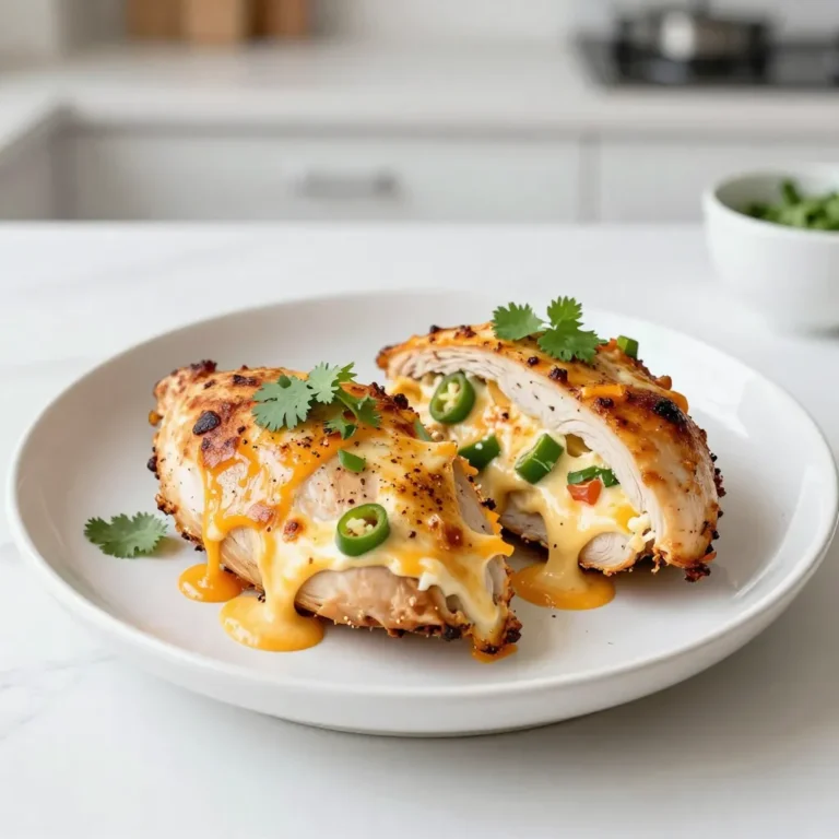 To make a tasty jalapeño popper stuffed chicken, gather these items: - 4 boneless, skinless chicken breasts - 1 cup cream cheese, softened - 1 cup shredded cheddar cheese - 1/2 cup diced jalapeños (fresh or pickled, based on heat preference) - 1/2 teaspoon garlic powder - 1/4 teaspoon paprika - Salt and pepper to taste - 1 cup breadcrumbs (optional) - 2 tablespoons olive oil for cooking If you lack any ingredients, here are some swaps you can try: - Use Greek yogurt in place of cream cheese for a lighter option. - Swap cheddar cheese with pepper jack for extra heat. - Can’t find fresh jalapeños? Canned jalapeños work well, too. - For a gluten-free option, skip the breadcrumbs or use gluten-free breadcrumbs. You can customize your dish with these tasty add-ins: - Add cooked bacon bits for a smoky flavor. - Mix in chopped green onions for extra crunch. - A little ranch seasoning can bring a creamy and zesty twist. - Consider adding a splash of hot sauce to the cheese mix for more heat. These ingredients and options make jalapeño popper stuffed chicken a flexible and fun dish! {{ingredient_image_1}} First, gather all your ingredients. You will need: - 4 boneless, skinless chicken breasts - 1 cup cream cheese, softened - 1 cup shredded cheddar cheese - 1/2 cup diced jalapeños - 1/2 teaspoon garlic powder - 1/4 teaspoon paprika - Salt and pepper to taste - 1 cup breadcrumbs (optional) - 2 tablespoons olive oil for cooking Next, preheat your oven to 375°F (190°C). In a medium bowl, mix the cream cheese, cheddar cheese, diced jalapeños, garlic powder, paprika, salt, and pepper. Stir until everything blends well. Now, take each chicken breast. Use a sharp knife to slice a pocket on one side. Be careful not to cut all the way through. This pocket holds the cheesy filling. Stuff each chicken breast with the jalapeño cheese mixture. Use a spoon to pack it in tightly. If you want a crispy crust, roll the chicken breasts in breadcrumbs. Heat olive oil in a large oven-proof skillet over medium-high heat. Once hot, place the stuffed chicken breasts in the skillet. Sear them for 3-4 minutes on each side until golden brown. After browning, transfer the skillet to your preheated oven. Bake for 20-25 minutes. Check the chicken's internal temperature; it should reach 165°F (75°C). Once done, remove the skillet from the oven. Let the chicken rest for 5 minutes. This helps the filling set before serving. To make sure the chicken cooks evenly, use a meat thermometer. Insert it into the thickest part of the chicken. Another tip is to let the chicken rest after cooking. This keeps the juices inside, making it tender. If you want to avoid drying out the chicken, don't overcook it. This simple step ensures a juicy, flavorful meal. To stuff chicken well, use a sharp knife. Make a pocket by slicing the side. Be careful not to cut all the way through. This keeps the filling inside. Pack the jalapeño cheese mixture tightly. Use a spoon to push it in well. For a fun twist, try adding some bacon bits to the filling. It adds a nice crunch and flavor. To get a nice sear, heat your skillet first. Add olive oil and wait until it shimmers. Place the stuffed chicken breasts in the skillet carefully. Don’t overcrowd the pan; this helps with even cooking. Sear each side for 3-4 minutes. Look for a golden brown color. This step locks in juices and adds flavor. Here are some tools that can help you: - Sharp knife for cutting the chicken - Mixing bowl for the filling - Spoon for stuffing - Oven-proof skillet for searing and baking - Meat thermometer to check chicken doneness Using these tools will make your cooking easier and more fun. Happy cooking! Pro Tips Use a Meat Mallet: Pound the chicken breasts to an even thickness before creating pockets to ensure they cook evenly. Experiment with Cheese: Try adding different types of cheese like pepper jack or mozzarella for a twist on flavor. Don’t Skip the Resting Time: Allowing the chicken to rest for a few minutes after baking helps keep the juices inside for a moister bite. Customize the Heat: Adjust the amount of jalapeños based on your spice preference, or add other spices like cayenne for extra kick. {{image_2}} If you love heat, try this spicy version. Use extra jalapeños. You can also add a pinch of cayenne pepper to the cheese mix. This gives it an extra kick. The spicy filling pairs well with the tender chicken. Serve it with a cooling dip, like ranch or sour cream. For a low-carb meal, skip the breadcrumbs. Instead, wrap the chicken in bacon. This adds flavor and keeps it moist. You can also add avocado to the cheese filling for healthy fats. This version still tastes great while fitting into your low-carb diet. You can make a vegetarian version too! Instead of chicken, use large portobello mushrooms. Stuff them with the jalapeño cheese mix. Bake them until soft and bubbly. This option is hearty and full of flavor. Serve with a side salad for a complete meal that everyone can enjoy. After you enjoy your jalapeño popper stuffed chicken, let it cool. Place leftovers in an airtight container. Make sure to store them in the fridge. They will stay fresh for up to three days. If you want to keep it longer, consider freezing. To reheat, take the chicken out of the fridge. Preheat your oven to 350°F (175°C). Place the chicken in a baking dish. Cover it with foil to keep moisture in. Heat for about 20 minutes or until warm. You can also use a microwave. Just heat it for 1-2 minutes, but the oven gives better taste. If you want to freeze your stuffed chicken, wrap each piece tightly in plastic wrap. Then, place wrapped chicken in a freezer bag. Remove as much air as possible. This helps prevent freezer burn. You can freeze it for up to three months. When ready to eat, thaw in the fridge overnight before reheating. Yes, you can prepare this dish ahead. Stuff the chicken breasts in advance. Then, cover them tightly and keep in the fridge. This way, the flavors blend well. You can bake them later when you are ready to eat. Just add a few extra minutes to the cooking time if they are cold from the fridge. This stuffed chicken pairs well with many sides. You can serve it with a fresh salad. A light green salad or mixed greens works great. Some people enjoy it with rice or quinoa. You could also add roasted vegetables for extra flavor. If you want a crunch, serve with tortilla chips and salsa. The best way to check chicken is to use a meat thermometer. Insert it into the thickest part of the chicken. The internal temperature should reach 165°F (75°C). If you don’t have a thermometer, cut into the chicken. The juices should run clear, not pink. This means your chicken is safe to eat. This blog post covered everything you need to know about Jalapeño Popper Stuffed Chicken. We looked at the key ingredients, step-by-step cooking instructions, and helpful tips. You can explore different flavors with variations and learn the best ways to store leftovers. Cooking doesn't have to be hard. With the right tips and recipes, anyone can make great meals. Trust these steps to create a tasty dish that you can enjoy anytime. Your cooking skills can impress family and friends, and I hope you give this a try!