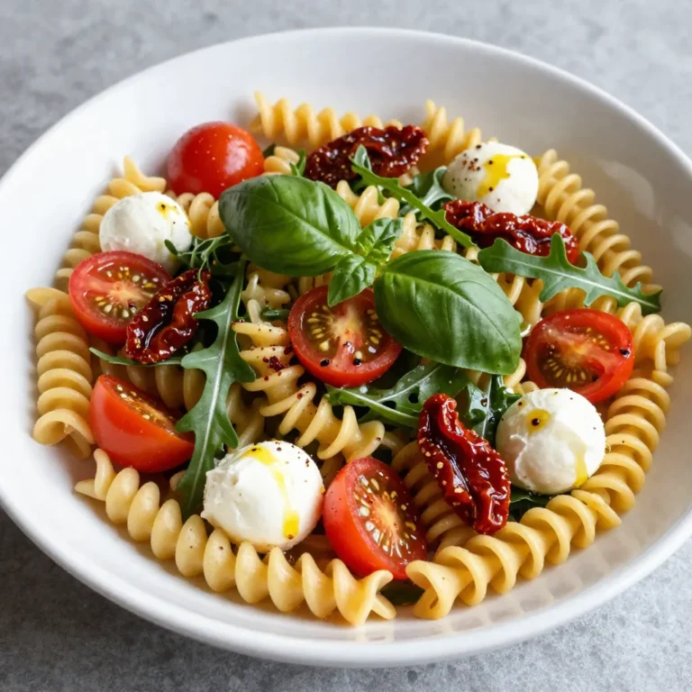 - 12 ounces fusilli or rotini pasta - 1 cup cherry tomatoes, halved - 1 cup fresh mozzarella balls, also known as bocconcini - 1 cup arugula - ½ cup sun-dried tomatoes, julienned To start, you need your pasta. Fusilli or rotini works best for this dish. Their curves hold the sauce well. Next, grab some cherry tomatoes. Halve them to add sweetness and color. Fresh mozzarella balls give a creamy texture. They melt in your mouth. Arugula adds a peppery bite, while sun-dried tomatoes bring a rich flavor. - ¼ cup extra virgin olive oil - 2 tablespoons balsamic vinegar - 1 teaspoon honey - Salt and pepper to taste - Optional: crushed red pepper flakes for spice The dressing makes this salad shine. Use extra virgin olive oil for its fruity taste. Balsamic vinegar adds tanginess. Honey balances the flavors with a touch of sweetness. Don’t forget salt and pepper to enhance everything. If you like heat, add crushed red pepper flakes. This dressing brings all the ingredients together in a delicious way. {{ingredient_image_1}} To start, cook 12 ounces of fusilli or rotini pasta. Follow the package instructions. Aim for al dente texture; it should be firm but not hard. This usually takes around 8 to 10 minutes. Once cooked, drain the pasta in a colander. Rinse it under cold water to stop the cooking process. This step helps cool the pasta down, making it perfect for the salad. In a large mixing bowl, combine the cooled pasta, 1 cup of halved cherry tomatoes, and 1 cup of fresh mozzarella balls. Next, add 1 cup of arugula, ½ cup of torn fresh basil leaves, and ½ cup of julienned sun-dried tomatoes. These fresh ingredients bring color and flavor to your dish. Now, let's prepare the dressing. In a small bowl, whisk together ¼ cup of extra virgin olive oil, 2 tablespoons of balsamic vinegar, and 1 teaspoon of honey. Add salt and pepper to taste. If you want a kick, include a pinch of crushed red pepper flakes. This dressing ties all the flavors together. Pour the dressing over the pasta salad. Gently toss everything together until well coated. Make sure the dressing covers all the ingredients. Then, taste the salad. You can adjust seasoning by adding more salt, pepper, or honey if needed. After that, chill the salad in the refrigerator for at least 30 minutes. This time allows the flavors to blend nicely. Once ready to serve, give the salad a light toss again. If you like, garnish with more torn basil leaves for a fresh touch. Enjoy your Caprese Pasta Salad! Cooking Pasta Al Dente Cooking pasta al dente means it should be firm but not hard. For this salad, cook the fusilli or rotini according to the package. Drain the pasta and rinse it under cold water. This stops the cooking and keeps the pasta from getting mushy. Al dente pasta holds up better in a salad. Enhancing Flavor with Fresh Ingredients Using fresh ingredients makes a big difference in flavor. Choose ripe cherry tomatoes for sweetness. Fresh mozzarella balls add creaminess. Arugula gives a peppery bite, while basil adds a fragrant touch. Sun-dried tomatoes boost the taste with their rich, intense flavor. These fresh ingredients are key to a vibrant salad. Best Ways to Serve Serve your Caprese pasta salad chilled. This dish is great for picnics or barbecues. You can also serve it as a side dish at dinner. A light drizzle of extra olive oil on top can add a nice touch. Garnishing with more basil leaves makes it look fresh and inviting. Pairing with Proteins or Side Dishes This pasta salad pairs well with grilled chicken or shrimp. You can also enjoy it with crusty bread for a fuller meal. For a vegetarian option, add chickpeas or beans for protein. These pairings round out the meal and make it satisfying. Pro Tips Perfect Pasta: Make sure to cook the pasta until al dente to prevent it from becoming mushy when mixed with the dressing. Fresh Ingredients: Use the freshest ingredients possible, especially the basil and arugula, to enhance the flavor of the salad. Chill Time: Allow the salad to chill for at least 30 minutes before serving to let the flavors meld beautifully. Customization: Feel free to add other ingredients like grilled chicken or olives for a heartier salad. {{image_2}} If you want a gluten-free Caprese pasta salad, use gluten-free pasta. Many brands make pasta from rice, corn, or quinoa. These options taste great and keep the salad light. Cook the gluten-free pasta until it is just right. Cool it down the same way as regular pasta, then mix it with the veggies and cheese. To make this salad vegetarian, all you need to do is skip the honey in the dressing. For a vegan option, swap the mozzarella with tofu or avocado. You could also use vegan cheese if you prefer. This keeps the dish creamy and adds healthy fats. The fresh basil and arugula remain perfect for flavor. You can enhance the taste of your Caprese salad in many ways. Consider adding olives for a salty kick. You might also add roasted red peppers for sweetness. If you like nuts, pine nuts or walnuts can provide crunch. Fresh herbs like parsley or oregano can brighten up the dish. Mix and match these ingredients for your perfect salad! Store your Caprese pasta salad in an airtight container. This keeps it fresh and tasty. Make sure to cover it well to prevent odors from other foods. If you want to keep the salad even fresher, add a layer of plastic wrap before sealing the lid. How long does it last in the fridge? Your Caprese pasta salad can last about 3 to 5 days. After that, the ingredients might lose their crispness. Always check for any signs of spoilage, like off smells or discoloration. If it looks or smells strange, it’s best to throw it away. Best ways to reheat without losing quality? You can enjoy this salad cold, which is how it shines. If you prefer it warm, gently heat it on the stove over low heat. Stir it often to avoid burning. You can add a splash of olive oil to keep it moist. Avoid the microwave, as it can make the pasta mushy. You can store Caprese Pasta Salad in the fridge for up to three days. To keep it fresh, place it in an airtight container. This helps the salad stay crisp and tasty. Before serving, give it a gentle stir. If it looks dry, add a splash of olive oil or vinegar to refresh it. Yes, you can! Feel free to swap fusilli or rotini for other pasta shapes. Penne, farfalle, or even bowtie pasta work well too. Each shape holds the dressing and flavors differently. This lets you create a new twist on the classic salad. Choose any shape you enjoy or have on hand. If you want a heartier salad, there are plenty of options. Consider adding cooked chicken, shrimp, or chickpeas for protein. You can also toss in roasted vegetables like zucchini or bell peppers. Nuts or seeds, like pine nuts or sunflower seeds, add crunch. These add-ins make the salad more satisfying and flavorful. Experiment with your favorites! You can create a tasty Caprese Pasta Salad with simple steps and fresh ingredients. Start with pasta and combine it with fresh mozzarella, cherry tomatoes, and arugula. Add a tangy dressing for extra flavor. Remember, you can make it gluten-free or vegan, too. Store it properly in the fridge, and it will last a few days. Enjoy this salad as a side dish or a main meal. With these tips, your pasta salad will impress everyone at the table. Make it your own with fun variations!
