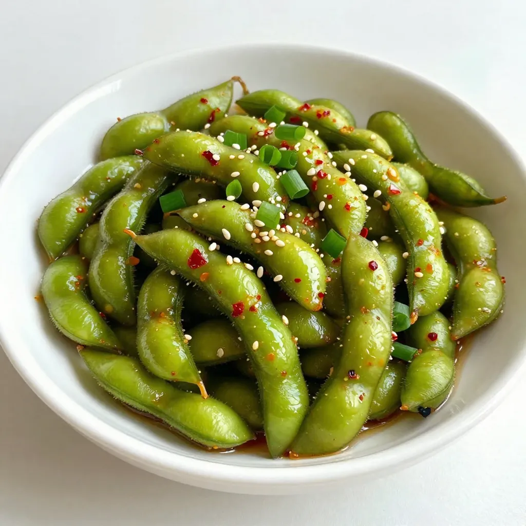 To make my spicy garlic edamame, you'll need two main items: edamame and garlic. Edamame are young soybeans, and they bring a lovely green color and great texture. Use 2 cups of fresh or frozen edamame pods. For garlic, use 4 cloves, minced finely. Garlic adds a strong, savory flavor that makes this dish shine. Beyond edamame and garlic, I add several other ingredients for depth. You’ll need 2 tablespoons of olive oil to cook the garlic. Olive oil gives the dish a nice richness. Use 1 tablespoon of soy sauce for a salty kick. To spice things up, add 1 teaspoon of red pepper flakes. This will give your edamame a delicious heat. Lastly, add a pinch of salt to taste. To finish your dish, sprinkle 1 tablespoon of sesame seeds on top. They add a nice crunch and nutty flavor. I also like to use chopped green onions for garnish. Just 1 tablespoon will do. This adds a fresh note and bright color. You can also get creative with optional add-ins, like a squeeze of lime or different spices. {{ingredient_image_1}} Start with 2 cups of edamame pods. If using frozen edamame, follow the package instructions. Boil them for about 5 minutes until soft. Once cooked, drain the edamame and set them aside. This step ensures you have tender beans ready for flavor. Heat 2 tablespoons of olive oil in a medium skillet over medium heat. Add 4 minced garlic cloves to the oil. Cook the garlic for 1-2 minutes until you smell its delicious aroma. Be careful not to let it burn, as burnt garlic can ruin the taste. Next, stir in the cooked edamame. Add 1 tablespoon of soy sauce, 1 teaspoon of red pepper flakes, and a pinch of salt. Mix everything well and cook for another 2-3 minutes. This allows the flavors to blend nicely. When the edamame is heated through, remove the skillet from the heat. Sprinkle 1 tablespoon of sesame seeds and 1 tablespoon of chopped green onions on top. This adds a nice crunch and fresh flavor. Serve your spicy garlic edamame warm. Enjoy this tasty snack or appetizer with friends and family! To get the best texture, choose fresh or frozen edamame. If you use frozen, cook it until tender, about five minutes. Drain it well to avoid sogginess. When you add it to the skillet, stir gently. This helps keep the pods intact. You want them soft, but not mushy. For a deeper flavor, use fresh garlic. Sauté it until it smells great, but don’t burn it. Mix in soy sauce and red pepper flakes for a spicy kick. You can also add a splash of sesame oil for extra richness. If you like a zesty twist, try adding lime juice at the end. Don’t skip the salt! It brings out the flavors. Avoid overcooking the garlic, as it can taste bitter. Also, don’t leave the edamame in the pan too long after adding the sauce. You want it warm, not dry. Lastly, remember to taste as you go, adjusting the spices to your liking. Pro Tips Choose Fresh Edamame: Fresh edamame pods offer a superior taste and texture compared to frozen. If available, opt for fresh pods for the best flavor. Adjust Spice Level: If you prefer a milder dish, start with half the amount of red pepper flakes and adjust to taste. You can always add more heat later! Garnish for Flavor: Don’t skip the sesame seeds and green onions; they add a delightful crunch and fresh flavor that complements the dish beautifully. Perfect Pairing: Serve these spicy garlic edamame as an appetizer or alongside rice and grilled meat for a complete meal that balances flavors. {{image_2}} You can change the spicy garlic edamame to match your taste. Want it sweet? Add honey or brown sugar. This will give a nice balance to the spice. For a tangy twist, mix in some lime juice or zest. You can even try adding a splash of rice vinegar for a bright flavor. Each change gives you a new snack experience. If you want to add proteins, try shrimp or chicken. Cook them with the garlic until they are done. This will make your edamame a heartier meal. You can also add veggies like bell peppers or carrots. Chop them small and toss them in with the edamame. This will not only add more nutrition but also color to your dish. You can use different methods to cook edamame. Steaming is a great option if you want to keep it light. Just steam the pods until tender. Roasting gives them a nice crunch. Toss the edamame in olive oil, salt, and spices, and roast in the oven. This brings out a deeper flavor. Each method changes the texture and taste of your snack. To keep your spicy garlic edamame fresh, store it in an airtight container. This helps keep the flavors intact. Place the container in the fridge. It can last for about 3 days. Before you store it, let the edamame cool to room temperature. This prevents condensation, which can make them soggy. When you're ready to enjoy your leftovers, there are a few easy ways to reheat them. You can use the microwave. Place the edamame in a microwave-safe dish and cover it. Heat for about 30 seconds, then stir. Repeat if needed. You can also reheat them in a skillet. Just add a little oil and warm them over medium heat for about 3-5 minutes. This helps keep them crispy. If you want to save some edamame for later, freezing is a great option. First, let the cooked edamame cool completely. Then, spread them out on a baking sheet in a single layer. Freeze them for about 1-2 hours until they are solid. After that, transfer them to a freezer bag. Be sure to remove as much air as possible. Frozen edamame can last for up to 6 months. When you are ready to use them, just cook them straight from the freezer! Edamame are young soybeans. They come in pods and are often bright green. They are a healthy snack option. Edamame is high in protein and fiber. They help you feel full. They also contain vitamins and minerals. These include vitamin K, folate, and iron. Eating edamame can support heart health. They also help with digestion. Plus, they are low in calories. This makes them a great choice for a light snack. Yes, you can use frozen edamame. Frozen edamame is convenient and easy to find. Just cook them as the package says, usually about five minutes. Drain them after cooking. Then, you can follow the rest of the recipe. Fresh or frozen, both options taste great. I prefer frozen when I’m short on time. The dish has a nice kick from red pepper flakes. It’s not too hot, but you can adjust it. If you like more heat, add extra red pepper flakes. For less spice, use fewer flakes or none. You can also add a dash of soy sauce to tone it down. Making it your own is simple and fun! This blog post explored the tasty world of edamame. We talked about key ingredients, like edamame and garlic, to create delicious flavors. I shared step-by-step instructions to cook and serve it right. You picked up helpful tips to avoid mistakes and ensure the perfect texture. In closing, remember you can mix flavors and try new methods. Enjoy your edamame adventure and make it your own!