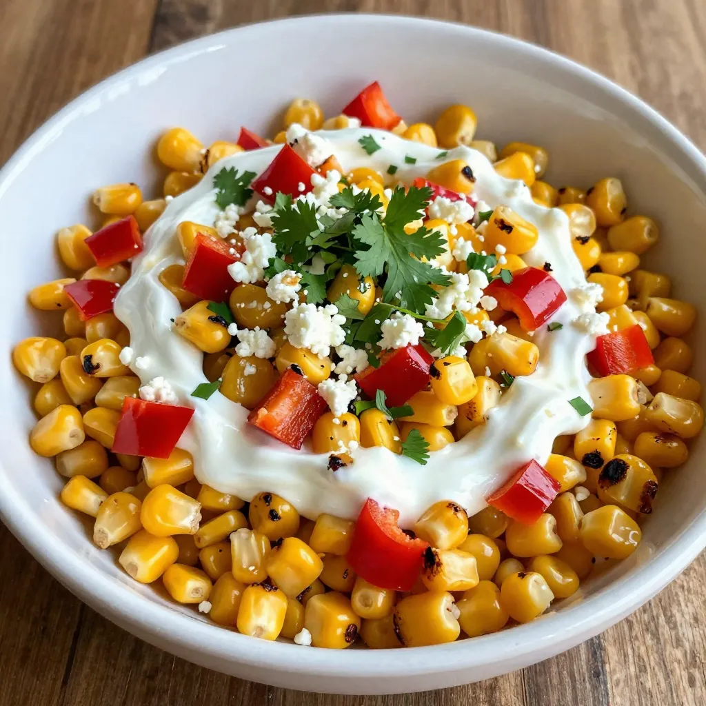 - Fresh corn (4 ears) - Red bell pepper (1, diced) - Cotija cheese (1/2 cup, crumbled) - Mayonnaise (1/4 cup) - Sour cream (2 tablespoons) - Lime juice (1 tablespoon) - Chili powder (1 tablespoon) - Garlic powder (1/2 teaspoon) - Fresh cilantro (1/4 cup, chopped) - Salt and pepper (to taste) In this recipe, fresh corn is the star. It gives the salad a sweet crunch. Use four ears of fresh corn. You can grill or boil it. Next, you need a red bell pepper. Dice one for color and flavor. Cotija cheese adds a salty kick. Crumbling half a cup will enhance each bite. For the creamy base, mix mayonnaise, sour cream, and lime juice. This blend makes the salad rich and tangy. You need a quarter cup of mayonnaise, two tablespoons of sour cream, and one tablespoon of lime juice. Now, let’s add some spice! One tablespoon of chili powder brings warmth. Add half a teaspoon of garlic powder for depth. Top it off with a quarter cup of chopped cilantro. Don’t forget to season with salt and pepper to taste. Gathering these ingredients creates a colorful and tasty salad. Each part plays a role in making your dish a hit! {{ingredient_image_1}} To start, preheat your grill to medium-high heat. Place the husked corn directly on the grill. Grill the corn for about 10 to 15 minutes. Turn the corn occasionally until the kernels are charred and tender. If you prefer, you can boil the corn instead. Just place the corn in salted water and boil for 5 to 7 minutes. Either method works well! Once the corn is cooked, let it cool for a few minutes. Then, using a sharp knife, slice the kernels off the cob. Be careful while cutting! Transfer the corn to a large mixing bowl. This will be the base of your salad. Now it’s time to mix! Add the diced red bell pepper, crumbled cotija cheese, mayonnaise, sour cream, lime juice, chili powder, garlic powder, and chopped cilantro to the bowl. Toss everything together until it’s well mixed. After that, taste your salad. You can adjust the seasoning with salt and pepper to suit your taste. For the best flavor, cover the salad and let it chill in the refrigerator for about 30 minutes. This chilling time allows the flavors to blend beautifully. Just before serving, give the salad a final toss. If you want, you can garnish it with more cotija cheese and cilantro. Enjoy! To get the best flavor from your Mexican street corn salad, chilling is key. After mixing all the ingredients, cover the bowl and place it in the fridge. Let it chill for at least 30 minutes. This allows the flavors to blend well. Always choose the freshest ingredients. Fresh corn makes a big difference. Look for bright, plump kernels. Check that the husk is green and moist. A ripe red bell pepper adds sweetness. Fresh cilantro enhances the salad's taste. If you cannot grill the corn, boiling is a great alternative. Boil the corn in salted water for 5-7 minutes. This keeps the corn tender and sweet. You can also roast the corn in the oven. Place it on a baking sheet at 400°F for about 20 minutes. Turn it halfway through for even cooking. Serving this salad in a beautiful bowl makes it more appealing. You can add a sprinkle of extra cotija cheese on top. This adds a nice touch and flavor. Chopped cilantro makes a great garnish. You can even add lime wedges for a pop of color. This way, guests can squeeze fresh lime juice over their servings. Pro Tips Choose Fresh Corn: Always opt for fresh corn when making this salad. The sweetness and crunch of fresh corn will elevate the flavors and texture. Customize the Heat: Adjust the amount of chili powder to your taste. For a spicier kick, consider adding some diced jalapeños or a splash of hot sauce. Add Texture: For extra crunch, consider mixing in some diced red onion or chopped avocado. This will add a delightful contrast to the creamy dressing. Let It Chill: Allowing the salad to chill in the refrigerator for at least 30 minutes helps the flavors meld together, making each bite even more delicious. {{image_2}} You can make this salad your own with easy swaps. If you want a dairy-free option, try using vegan mayonnaise and coconut yogurt instead of regular mayonnaise and sour cream. For cheese lovers, feta or queso fresco works well in place of cotija cheese. Both options bring a unique taste and texture. To spice things up, add cayenne pepper or chopped jalapeños for heat. This will give the salad a bold kick. You can also toss in diced avocado or red onion for extra flavor. These veggies add creaminess and crunch, making the salad even more delicious. Different areas in Mexico have their own street corn styles. Some use lime juice, while others add different spices. Each version tells a story about local tastes and traditions. Exploring these variations can deepen your appreciation for this dish. To store leftovers, place the salad in an airtight container. This keeps it fresh. If you have a large batch, divide it into smaller portions. Use glass or plastic containers that seal well. This helps to prevent spills and keeps the salad crisp. You can freeze the salad, but it may lose some texture. To freeze, place it in a freezer-safe container. Leave some space at the top for expansion. When you thaw it, do so in the fridge overnight. Use it within a month for the best taste. In the fridge, the salad lasts about three to five days. Always check for signs of spoilage. Look for changes in color or smell. If it smells sour or looks slimy, it’s best to toss it. Keeping your salad fresh helps you enjoy every bite! To make this salad vegan, you can swap out a few key ingredients. Use vegan mayo instead of regular mayonnaise. For the creamy base, replace sour cream with a dairy-free version, like cashew cream or coconut yogurt. You can also use a plant-based cheese instead of cotija. These swaps keep the salad tasty while making it vegan-friendly. Yes, you can use canned corn, but it changes the taste and texture. Canned corn is softer and less crunchy than fresh corn. It may also lack that sweet, charred flavor. If you use canned corn, drain it well and rinse to remove extra salt. Fresh corn gives you a better bite and flavor. This salad pairs well with many dishes. It complements grilled meats like chicken, steak, or fish. You can also serve it with tacos or burritos for a fun meal. For a lighter option, try it with a fresh green salad or alongside guacamole and chips. To add heat, you can mix in fresh jalapeños, diced small. You can also sprinkle in cayenne pepper or hot sauce. Start with a little, then taste. This way, you can control the heat level to suit your taste. Adding extra chili powder can also boost the spice without overwhelming the dish. This blog post covers how to make a tasty Mexican street corn salad. We explored key ingredients, like fresh corn and cheese, and detailed easy steps for preparation. I shared helpful tips for maximizing flavor and offered variation ideas to suit any taste. In conclusion, this salad is versatile and fun to customize. Enjoy making it and share it with others. Your next gathering will benefit from this fresh dish!