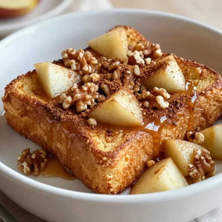 To make the Apple Cinnamon French Toast Bake, you need simple and fresh ingredients. Here’s what you’ll need: - 8 slices of day-old brioche or challah bread - 2 large apples (Honeycrisp or Granny Smith) - 4 large eggs - 2 cups whole milk - 1/2 cup brown sugar - 1 teaspoon vanilla extract - 1 tablespoon ground cinnamon - 1/4 teaspoon nutmeg - 1/4 teaspoon salt - 1/4 cup chopped walnuts (optional) - Maple syrup for drizzling Let’s talk about why these ingredients matter. The bread gives a soft, fluffy base. Day-old bread holds the egg mixture well, ensuring every bite is delicious. The apples add a sweet and tart taste, which pairs perfectly with cinnamon. Walnuts bring a nice crunch, but you can skip them if you want a smoother texture. Each ingredient plays a key role to create a warm, comforting dish that feels like a hug. {{ingredient_image_1}} 1. Preheat oven and prepare baking dish Set your oven to 350°F (175°C). Grease a 9x13-inch baking dish with butter or cooking spray. This helps prevent sticking. 2. Combine bread and apple mixture In a large bowl, add 8 slices of day-old brioche or challah bread, cut into cubes. Next, add 2 diced apples. I like using Honeycrisp or Granny Smith for their sweetness and tartness. If you want, toss in 1/4 cup of chopped walnuts. Mix gently to spread the apples evenly. 3. Whisk egg mixture In another bowl, crack 4 large eggs. Pour in 2 cups of whole milk. Then add 1/2 cup of brown sugar, 1 teaspoon of vanilla extract, 1 tablespoon of ground cinnamon, 1/4 teaspoon of nutmeg, and 1/4 teaspoon of salt. Whisk until everything blends well. 1. Pour egg mixture over the bread and apples Carefully pour the egg mixture over the bread and apples. Make sure every piece of bread gets soaked. Press down lightly to help it absorb the liquid. 2. Cover and let it sit Cover the dish tightly with foil. Let it sit for at least 30 minutes. For better flavor, place it in the fridge overnight. 3. Bake covered and uncovered Bake the covered dish for 30 minutes. After that, remove the foil and bake for another 15-20 minutes. The top should turn golden and crispy. Let it cool for a few minutes before serving. Drizzle with maple syrup for a sweet touch! For the best Apple Cinnamon French Toast Bake, pick the right bread. I recommend using day-old brioche or challah. These breads soak up the egg mixture well and stay soft. Fresh bread can get too soggy. Day-old bread holds its shape and adds great texture. You can amp up the flavor with more spices. Try adding a pinch of allspice or ginger for warmth. Don't forget to use different types of apples. Honeycrisp adds sweetness, while Granny Smith brings tartness. Mixing these apples gives a nice balance. Serve this dish with maple syrup drizzled on top. You can also add fresh fruit or whipped cream for a treat. If you have leftovers, store them in the fridge in a covered container. They last for about three days. Enjoy them warm or cold! Pro Tips Choose the Right Bread: Using day-old brioche or challah enhances the texture, allowing it to absorb the custard without becoming soggy. Let It Soak: Allowing the mixture to sit for at least 30 minutes or overnight helps the flavors meld and the bread to fully absorb the egg mixture. Experiment with Toppings: Try adding other fruits like berries or bananas, or even a sprinkle of chocolate chips for a twist on the traditional recipe. Serve Warm: This dish is best enjoyed warm, so consider baking it right before serving for a cozy, fresh-out-of-the-oven experience. {{image_2}} You can add dried fruits like raisins or cranberries for a sweet twist. Nuts like pecans or almonds add crunch too. If you want a dairy-free option, use almond milk or coconut milk instead of whole milk. This change keeps it creamy and rich while making it suitable for those who avoid dairy. For a fun twist, try single-serve variations. Use ramekins for individual portions. This way, each person gets their own dish. Mini baked versions are also great. Use muffin tins to create small, portable bites. They cook faster and are perfect for a brunch or gathering. To keep your Apple Cinnamon French Toast Bake fresh, store it in the fridge. Use an airtight container to prevent it from drying out. This dish lasts about 3 to 4 days in the refrigerator. If you know you won't eat it all, consider freezing some portions. You can reheat your bake in the oven for the best results. Preheat your oven to 350°F (175°C). Place the bake in an oven-safe dish and cover it with foil. Heat for about 15 to 20 minutes or until warm. If you prefer the microwave, cut a portion and place it on a microwave-safe plate. Heat it for 30 seconds to 1 minute. Check to make sure it's warm throughout. Enjoy your delicious leftovers! Can I use stale bread for this recipe? Yes, you can use stale bread. Day-old brioche or challah works best. Stale bread absorbs the egg mixture better. This leads to a richer flavor and texture. Fresh bread can become too soggy. How can I make this recipe ahead of time? To prepare ahead, follow these steps: - Combine the bread and apple mixture. - Whisk the egg mixture separately. - Pour the egg mix over the bread and apples. - Cover the dish and refrigerate overnight. This lets the flavors meld and makes for easy baking the next day. Is it possible to freeze Apple Cinnamon French Toast Bake? You can freeze this dish. After baking, let it cool completely. Then, wrap it tightly in foil or plastic. It can last up to three months in the freezer. To reheat, thaw overnight in the fridge. Then bake at 350°F until warmed through. What can I substitute for walnuts? If you don't like walnuts, try pecans or almonds. You can also skip nuts altogether. This dish still tastes great without them. Can I increase or decrease the sugar amount? Yes, you can adjust the sugar. If you prefer less sweetness, use less brown sugar. For a sweeter taste, add more. Keep in mind that this changes the flavor slightly. How do I know when it's done baking? The bake is done when the top is golden and crispy. You can also test with a knife. Insert it into the center; it should come out clean. Let it cool for a few minutes before serving. This blog post covered a tasty Apple Cinnamon French Toast Bake. We looked at the ingredients, steps, tips, and variations. Making this dish is easy and fun. You can customize it with your favorite bread and apples. Don't forget, storing and reheating tips help you enjoy leftovers. So go ahead and try this recipe! It's a great treat for breakfast or brunch. You’ll love how simple it is to make this warm, sweet dish again and again.