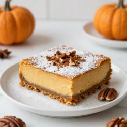 - 1 ½ cups graham cracker crumbs - ½ cup melted butter - 1 tablespoon brown sugar - 2 (8-ounce) packages cream cheese, softened - 1 cup pumpkin puree - ¾ cup granulated sugar - 2 large eggs - 1 teaspoon vanilla extract - 1 teaspoon ground cinnamon - ½ teaspoon ground nutmeg - ½ teaspoon ground ginger - ¼ teaspoon ground cloves - ¼ teaspoon salt The key to great pumpkin spice cheesecake bars lies in the essential ingredients. The graham cracker crumbs form a tasty crust. Use melted butter to bind them together, giving a rich base. Brown sugar adds a hint of sweetness. Cream cheese provides that smooth and creamy texture we love. Pumpkin puree brings the classic fall flavor. Sugar balances the cream cheese and pumpkin. Eggs help the filling set. Vanilla extract enhances every bite. Spices like cinnamon, nutmeg, ginger, and cloves create a warm aroma. A little salt brings out the sweetness. - Powdered sugar - Caramel sauce - Pecans Garnishes can elevate your cheesecake bars. A light dusting of powdered sugar adds charm. Drizzling caramel sauce creates a sweet contrast. Chopped pecans give a crunchy texture. These extras make your bars look stunning and taste even better. - Gluten-free alternatives - Vegan options If you need gluten-free options, swap graham cracker crumbs for gluten-free ones. Check the labels to ensure no gluten. For a vegan version, use dairy-free cream cheese and a flaxseed mixture instead of eggs. These swaps keep the flavor and texture while meeting dietary needs. {{ingredient_image_1}} 1. Preheat the oven and prepare the pan: Start by preheating your oven to 350°F (175°C). While it heats, grab a 9x9-inch baking pan. Grease it with non-stick spray or line it with parchment paper. This helps with easy removal later. 2. Making the crust: In a medium bowl, mix together 1 ½ cups of graham cracker crumbs, ½ cup of melted butter, and 1 tablespoon of brown sugar. Stir until the crumbs look crumbly and well-coated. Press this mixture evenly into the bottom of your prepared pan. Bake it for 8-10 minutes, then let it cool. 1. Mixing cream cheese and sugar: In a large mixing bowl, beat 2 (8-ounce) packages of softened cream cheese with ¾ cup of granulated sugar. Keep mixing until it is smooth and creamy. 2. Adding pumpkin and spices: Add in 1 cup of pumpkin puree, 2 large eggs, and 1 teaspoon of vanilla extract. Then, mix in 1 teaspoon of ground cinnamon, ½ teaspoon of ground nutmeg, ½ teaspoon of ground ginger, ¼ teaspoon of ground cloves, and ¼ teaspoon of salt. Mix until the filling is smooth and all ingredients are blended well. 1. Pouring and baking the filling: Carefully pour the pumpkin cheesecake filling over your cooled crust. Spread it evenly with a spatula. 2. Cooling and refrigerating: Bake the pan in the oven for 30-35 minutes. You want the edges to set, but the center should have a slight jiggle. Once done, take it out and let it cool to room temperature. Then refrigerate for at least 2 hours to let it set completely. To get the perfect crust texture, you must mix graham cracker crumbs, melted butter, and brown sugar until it looks crumbly. Press this mixture firmly into the pan. Bake it for 8-10 minutes. This step helps it hold together well. Check for doneness of the cheesecake by looking at the edges. They should be set, while the center should have a slight jiggle. An overcooked cheesecake can become dry. For a fun serving suggestion, place the cheesecake bars on a colorful platter. You can dust them with powdered sugar for a sweet touch. Drizzling caramel sauce over the top adds a rich flavor. Garnish with a sprinkle of cinnamon or some chopped pecans for extra crunch. One mistake is overmixing the filling. This can lead to cracks in your bars. Mix just until smooth and combined. Another mistake is skipping the chilling time. Letting the bars cool in the fridge for at least two hours is crucial. This helps them set and makes them easier to cut. Pro Tips Cool Completely: Make sure to let the cheesecake bars cool completely at room temperature before refrigerating. This helps them set properly and improves the texture. Use a Sharp Knife: When cutting the bars, use a sharp knife for clean edges. Wipe the knife with a damp cloth between cuts for even better results. Chill Overnight: For the best flavor and texture, chill the cheesecake bars overnight before serving. This allows the flavors to meld beautifully. Garnish Creatively: Elevate your presentation by adding a dollop of whipped cream or a sprinkle of chopped nuts on top before serving. {{image_2}} You can add chocolate chips to your pumpkin spice cheesecake bars. Just fold in about 1 cup of semi-sweet chocolate chips into the filling before baking. This addition gives a rich, sweet touch that pairs well with the spices. You can also mix in other spices for a unique twist. Try cardamom or allspice to enhance the flavor profile. They add warmth and depth to your bars. For a gluten-free version, use gluten-free graham cracker crumbs. This simple swap allows everyone to enjoy the bars. Also, check labels for gluten-free flour blends. To make dairy-free cheesecake, replace cream cheese with vegan cream cheese. You can also use coconut cream for a creamy texture. This way, everyone can savor the pumpkin spice goodness. You can serve these cheesecake bars in individual portions. Cut them into small squares and place each piece in paper liners. This makes them fun for parties or gatherings. Pair your bars with whipped cream or a scoop of vanilla ice cream. The cold creaminess balances the warm spices perfectly. You can also serve them alongside a warm cup of spiced cider for a cozy treat. - Store your pumpkin spice cheesecake bars in the fridge. - Use an airtight container to keep them fresh. - For freezing, wrap each bar in plastic wrap, then place in a freezer bag. - They can last up to three months in the freezer. - In the fridge, the bars last about five days. - Look for signs like a sour smell or changes in texture to spot spoilage. - To reheat, use the microwave in short bursts of 10-15 seconds. - Avoid using high heat, as it can change the texture. - For a softer bite, let them sit at room temperature before serving. Yes, you can make these bars ahead of time. I recommend making them a day or two in advance. This allows the flavors to blend well. After baking, let them cool completely. Then, cover them tightly and place them in the fridge. This keeps them fresh and tasty. To check if your bars are done, look for the edges. They should be set and firm. The center will have a slight jiggle. This is okay! It will firm up as it cools. If you see cracks, it may be overbaked. Trust your eyes; they are the best guide. Yes, you can use fresh pumpkin. Just make sure to cook and puree it first. Fresh pumpkin has a lighter taste. Canned pumpkin is thicker and smoother. Both can work well, but they taste a bit different. Choose based on your preference for flavor and texture. To wrap up, we covered how to make delicious Pumpkin Spice Cheesecake Bars. You learned the essential ingredients like cream cheese and pumpkin puree, plus optional garnishes to make them fancy. The step-by-step instructions guide you from mixing the filling to baking and cooling. Remember the key tips for success and common mistakes to avoid. With variations for taste and dietary needs, there's a perfect way for everyone to enjoy. Store them right, and they'll be a treat for days. Happy baking!