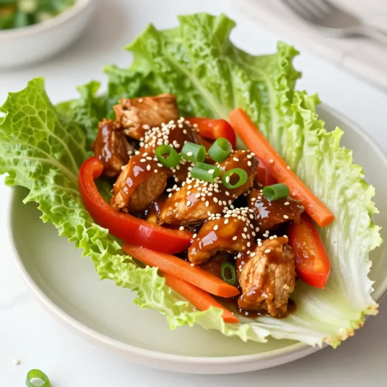 For teriyaki chicken lettuce wraps, gather these ingredients: - 1 lb chicken breast, diced - 1/4 cup soy sauce (or coconut aminos for a gluten-free option) - 2 tablespoons honey or maple syrup - 1 tablespoon rice vinegar - 1 teaspoon sesame oil - 1 tablespoon fresh ginger, minced - 2 cloves garlic, minced - 1 bell pepper, diced (red or yellow for sweetness) - 1 carrot, grated - 1/4 cup green onions, sliced - 1 tablespoon sesame seeds (optional) - 8 large butter or romaine lettuce leaves If you need alternatives, try these options: - Use tofu instead of chicken for a vegetarian dish. - Swap soy sauce with liquid aminos for a lighter taste. - Honey can be replaced with agave syrup for a vegan choice. - Use lime juice instead of rice vinegar for a zesty kick. These garnishes can enhance your meal: - Sliced jalapeños for heat. - Chopped cilantro for freshness. - Chopped peanuts for crunch. - A drizzle of sriracha for spice. These ingredients make the dish flavorful and fun to eat. The wraps are easy to prepare and perfect for sharing. {{ingredient_image_1}} To make the teriyaki sauce, you need a medium bowl. In this bowl, whisk together the soy sauce, honey, rice vinegar, sesame oil, minced ginger, and minced garlic. This mix will create a sweet and savory sauce. It adds great flavor to the chicken. Make sure to blend it well until everything combines smoothly. Next, heat a large skillet over medium heat. Add the diced chicken to the skillet. Cook the chicken for about 5 to 7 minutes. You want it to turn brown and be fully cooked. Once the chicken looks good, pour the teriyaki sauce over it. Stir the chicken well to coat it in the sauce. Let it simmer for 2 to 3 minutes. This step helps the sauce thicken a bit. Finally, stir in the diced bell pepper and grated carrot. Cook for another 2 minutes to keep the veggies crisp. Now, it's time to assemble the wraps. Remove the skillet from heat and stir in the sliced green onions. If you like, sprinkle sesame seeds on top for extra flavor. To serve, take a large lettuce leaf and spoon the teriyaki chicken mixture into the center. Fold the leaf over the filling to create a wrap. Enjoy the fresh flavors of your teriyaki chicken lettuce wraps! To cook perfect chicken, start with fresh breast meat. Cut it into small, even pieces. This helps it cook evenly. Heat your skillet over medium heat. Add a little oil to prevent sticking. Cook the chicken for about 5 to 7 minutes. Stir it often to get a nice brown color. Always check that the chicken is no longer pink inside. A meat thermometer should read 165°F for safety. If you want a thicker sauce, try these tips. After you pour the teriyaki sauce over the chicken, let it simmer. You can also mix a bit of cornstarch with water. Add this mixture to the sauce while it cooks. Stir it well to combine. The sauce will thicken as it simmers. This makes it stick better to the chicken and veggies. These wraps are fun and easy to serve. Use large lettuce leaves like butter or romaine. Spoon the teriyaki chicken mixture onto each leaf. You can also add extra toppings. Try diced avocado, chopped nuts, or a sprinkle of sesame seeds. These add flavor and crunch. Serve the wraps with a side of rice or a fresh salad for a complete meal. Pro Tips Use Fresh Ingredients: Fresh ginger and garlic will enhance the flavor of your teriyaki sauce significantly compared to dried alternatives. Customize Your Veggies: Feel free to add or substitute other vegetables such as mushrooms or zucchini for added nutrition and flavor. Adjust Sweetness: Depending on your preference, you can modify the amount of honey or maple syrup to make your sauce sweeter or less sweet. Serving Tip: For extra crunch, serve with additional chopped vegetables on the side and let everyone build their own wraps! {{image_2}} To make these wraps gluten-free, swap soy sauce for coconut aminos. This sweet sauce adds great flavor without gluten. Use it in the same amount as soy sauce. Check your honey or maple syrup; both are gluten-free. You can easily turn these wraps into a vegetarian or vegan meal. Instead of chicken, use diced tofu or tempeh. Cook it the same way as you would with chicken. Add extra veggies like mushrooms or zucchini for more texture. Use agave syrup instead of honey for a vegan sauce. Feel free to switch up the meat! Ground turkey or pork works well. You can also use shrimp for a seafood twist. Adjust cooking times based on the meat you choose. Each option brings its unique flavor to the wraps. After you enjoy your teriyaki chicken lettuce wraps, store any leftovers. Place the chicken mixture in an airtight container. Keep it in the fridge for up to three days. Store the lettuce leaves separately to keep them crisp. This way, you can enjoy fresh wraps later! To reheat, take the chicken mixture out of the fridge. Place it in a skillet over medium heat. Stir it often until it warms through, about 5-7 minutes. Avoid overheating to keep the chicken juicy. You can also microwave it in short bursts, stirring in between, until hot. If you want to save some for later, you can freeze the chicken mixture. Use a freezer-safe bag or container. Remove as much air as possible before sealing. It can last up to three months in the freezer. Thaw in the fridge overnight before reheating. Enjoy your tasty meal anytime! Yes, you can use different types of lettuce. Butter lettuce and romaine are great choices. You can also try iceberg lettuce for a crisp bite. Each type gives a unique texture. Just ensure the leaves are large enough to hold the filling. You can store Teriyaki Chicken in the fridge for up to four days. Place it in an airtight container to keep it fresh. If you want to enjoy it later, consider freezing it. Frozen Teriyaki Chicken lasts for about three months. Absolutely! You can prepare the teriyaki sauce in advance. Store it in the fridge for up to a week. Just give it a good stir before using. This saves time when you want to make the wraps. In this blog post, we explored how to make tasty Teriyaki chicken lettuce wraps. We went through the ingredients, with helpful swaps and fun toppings. I provided step-by-step instructions to prepare the sauce, cook the chicken, and assemble the wraps. You learned tips to cook perfect chicken and store leftovers. We also shared tasty variations for gluten-free, vegetarian, and vegan diets. Try out these ideas and enjoy your cooking. With these wraps, your meals will be fun and easy!