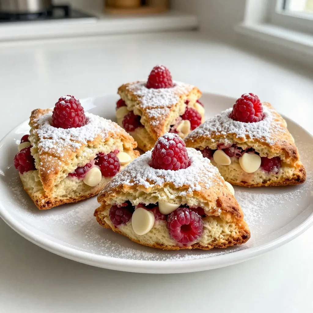To make Raspberry White Chocolate Scones, you will need: - 2 cups all-purpose flour - 1/4 cup granulated sugar - 1 tablespoon baking powder - 1/2 teaspoon salt - 1/2 cup unsalted butter, cold and cubed - 1/2 cup heavy cream - 1 large egg - 1 teaspoon vanilla extract - 1 cup fresh raspberries - 1/2 cup white chocolate chips - Extra flour for dusting For flour, I prefer using King Arthur Flour. It gives a nice texture. For sugar, Domino is a great choice, as it dissolves well. For butter, use a good quality unsalted butter like Land O'Lakes. If you're looking for cream, Horizon Organic is a solid option. You can use any brand of white chocolate chips, but Guittard is a favorite for its rich flavor. If fresh raspberries are not available, you can use frozen ones, but make sure to thaw and drain them first. One scone has approximately: - Calories: 210 - Total Fat: 10g - Saturated Fat: 6g - Cholesterol: 40mg - Sodium: 150mg - Total Carbohydrates: 28g - Dietary Fiber: 1g - Sugars: 8g - Protein: 3g These scones are a treat, balancing sweetness and a hint of tart from the raspberries. Enjoy this delightful recipe that merges rich flavors with a soft texture! {{ingredient_image_1}} Start by preheating your oven to 400°F (200°C). This step is key for even baking. Next, line a baking sheet with parchment paper. This helps prevent sticking and makes cleanup easy. In a large bowl, whisk together the dry ingredients. Combine 2 cups of flour, 1/4 cup of sugar, 1 tablespoon of baking powder, and 1/2 teaspoon of salt. Make sure they mix well. In another bowl, whisk together 1/2 cup of heavy cream, 1 large egg, and 1 teaspoon of vanilla extract. This part brings moisture and flavor. Now, it’s time to bring in the fun! Add the cold, cubed butter to the dry mix. Use your fingers or a pastry cutter to mix until it looks like coarse crumbs. Next, pour the cream mixture into the dry ingredients. Stir gently until just combined; overmixing can lead to tough scones. Carefully fold in 1 cup of fresh raspberries and 1/2 cup of white chocolate chips. Be gentle to keep the raspberries whole. Turn the dough onto a lightly floured surface. Knead it gently about 5-6 times until it holds together. Shape the dough into a circle that is about 1-inch thick. Cut it into 8 wedges. Place the scones on your prepared baking sheet, leaving some space between them. Bake for 15-20 minutes, or until the edges turn lightly golden. When done, remove them from the oven and let them cool for about 5 minutes. Then, transfer them to a wire rack to cool completely. Enjoy the lovely aroma filling your kitchen! To get the right texture, keep the butter cold. Cold butter helps create a flaky scone. When you mix the butter with the flour, aim for coarse crumbs. Don’t overmix the dough; mix just until combined. This keeps the scones light and airy. Gently fold in the raspberries and chocolate chips to avoid breaking them. One common mistake is overmixing the dough. This makes the scones dense and tough. Another mistake is not using cold ingredients. Warm butter or cream can ruin the scone texture. Make sure to shape the dough gently and avoid pressing it too hard. Cutting the scones too small can also lead to uneven baking. Serve your scones warm for the best taste. Dust them lightly with powdered sugar for a sweet touch. Pair with clotted cream for a rich flavor. Fresh raspberries on the side add color and taste. You can also drizzle melted white chocolate over the scones for a fancy look. Pro Tips Use Cold Butter: Ensure your butter is very cold and cubed to achieve flaky layers in your scones. Don't Overmix: Mix the dough until just combined to prevent tough scones; gentle folding is key. Fresh Ingredients: Use fresh raspberries for the best flavor and texture; frozen berries can break apart too easily. Perfect Baking Time: Keep an eye on the scones as they bake; remove them once the edges are lightly golden for the best results. {{image_2}} You can change the flavor of your scones easily. Try adding lemon zest for a bright twist. Orange zest also pairs well with raspberries. If you love nuts, add chopped almonds or pecans. For a richer taste, swap white chocolate with dark chocolate chips. Each of these flavors creates a unique scone experience. Making gluten-free scones is simple. Use a gluten-free flour blend instead of all-purpose flour. Ensure the blend has a binding agent like xanthan gum. For dairy-free options, replace heavy cream with almond or coconut milk. Also, use dairy-free butter or margarine. These swaps keep your scones tasty and enjoyable for everyone. Use seasonal fruits to keep your scones fresh. In spring, substitute strawberries for raspberries. In autumn, try pumpkin puree with spices. You can also use cranberries in winter for a tart flavor. Each season brings new tastes to explore. Embrace the change and have fun with your baking! To keep your scones fresh, store them in an airtight container. This helps keep moisture in, so they stay soft. You can also wrap them in plastic wrap before placing them in the container. This extra layer adds protection against drying out. For the best taste, enjoy leftover scones within two days. You can freeze scones to enjoy them later. Place cooled scones in a freezer bag. Remove as much air as you can before sealing. They can freeze well for up to three months. To reheat, take a scone out and let it thaw at room temperature. Then, warm it in the oven at 350°F (175°C) for about 10 minutes. This brings back the fresh-baked taste. Freshly baked scones can last for about two days at room temperature. After that, they start to lose their softness. If you store them in the fridge, they might last up to a week, but they may get dry. Freezing is the best option for long-term storage. Yes, you can use frozen raspberries. They work well in scones. Just toss them in flour to help prevent them from breaking. This keeps your scones looking nice. Frozen raspberries may add a bit of extra moisture. Keep an eye on the baking time. You will know the scones are done when the edges are lightly golden. They should feel firm to the touch. If you insert a toothpick, it should come out clean. The scones should also rise well and have a nice dome shape. These scones taste great with clotted cream or butter. You can also add a dollop of jam or lemon curd. Fresh raspberries on the side make for a colorful presentation. A cup of tea or coffee pairs nicely too. Yes, you can make the dough ahead of time. Just wrap it tightly in plastic wrap and place it in the fridge. You can store it for up to 24 hours. When ready to bake, just cut and bake as usual. This makes it easy for busy mornings. This blog post covered how to make Raspberry White Chocolate Scones. We reviewed the key ingredients and some trusted brands. Then, we went through step-by-step instructions for baking. I shared tips for the right texture and common pitfalls. You also learned about flavor variations and how to store leftovers. Lastly, I answered frequently asked questions. Making these scones can be fun and rewarding. Enjoying them fresh will be the best treat!