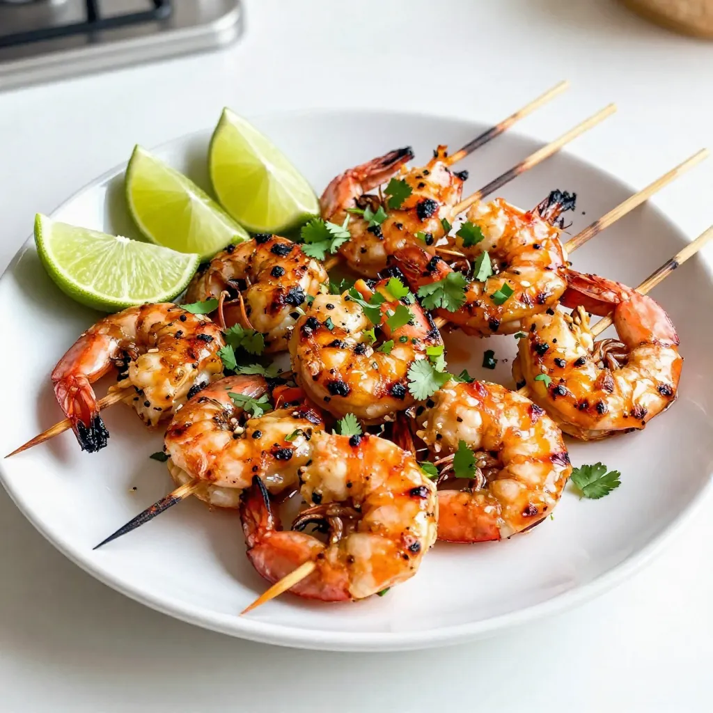 I suggest using large shrimp for this recipe. Large shrimp hold up well on the grill. They cook evenly and stay juicy. Look for shrimp that are peeled and deveined. You can find them fresh or frozen at the store. If using frozen shrimp, thaw them before cooking. The marinade brings all the flavors together. Here’s what you need: - 1 pound large shrimp, peeled and deveined - 1/4 cup olive oil - Zest and juice of 2 limes - 2 tablespoons honey - 1 tablespoon chili powder - 1 teaspoon smoked paprika - 1/2 teaspoon garlic powder - 1/2 teaspoon cumin - Salt and pepper to taste Mix these ingredients in a bowl. The lime adds brightness, while honey gives a touch of sweetness. The spices give the shrimp a lovely kick. Garnishes make your dish look great and add flavor. I like to use: - Fresh cilantro, for garnish - Lime wedges, for serving Cilantro adds a fresh taste, while lime wedges provide a zesty finish. These small touches elevate your dish. Enjoy your tasty summer treat! {{ingredient_image_1}} To start, gather your ingredients. You need olive oil, lime juice, lime zest, honey, and spices. In a mixing bowl, whisk together the olive oil and lime juice. Next, add lime zest, honey, chili powder, smoked paprika, garlic powder, cumin, salt, and pepper. Mix until everything blends well. This marinade brings a zesty and sweet flavor to the shrimp. Now, it’s time to add the shrimp. Place the peeled and deveined shrimp into the bowl with the marinade. Toss the shrimp well, ensuring each piece is coated. Cover the bowl with plastic wrap or a lid. Place it in the fridge for at least 30 minutes. This step allows the shrimp to soak up all those tasty flavors. Before grilling, preheat your grill to medium-high heat. If you use wooden skewers, soak them in water for 20 minutes. This keeps the skewers from burning. Once ready, thread about 4-5 shrimp onto each skewer. Place the skewers on the grill and cook for 2-3 minutes on each side. Look for the shrimp to turn pink and opaque. Avoid overcooking, as shrimp can become tough. After grilling, take them off the grill and sprinkle fresh cilantro on top. Serve with lime wedges for an extra burst of flavor. To cook shrimp just right, watch the color and texture. When shrimp turns pink and opaque, it's done. Overcooking makes them tough. Aim for 2-3 minutes on each side. This keeps shrimp juicy and tender. For skewers, choose bamboo or metal. If you pick bamboo, soak them in water first. This step helps prevent burning on the grill. Metal skewers can add a nice touch and are reusable. Get creative with the marinade! You can add fresh herbs like parsley or dill. Try using lime zest with orange for a twist. For a spicy kick, include fresh jalapeños. These small changes can make a big difference in taste. Pro Tips Marinate for Maximum Flavor: Allow the shrimp to marinate for at least 30 minutes, but if you have more time, marinating for up to 2 hours will enhance the flavor even more. Use Fresh Lime: Freshly squeezed lime juice will provide a brighter and more vibrant flavor than bottled lime juice, making a significant difference in your marinade. Watch the Cooking Time: Shrimp cook quickly; be vigilant and remove them from the grill as soon as they turn pink and opaque to avoid overcooking. Experiment with Spices: Feel free to adjust the spice levels by adding cayenne pepper for heat or smoked paprika for a deeper flavor profile. {{image_2}} You can switch up the marinade for shrimp skewers. Try a mango-chili blend for a fruity twist. Just blend fresh mango, lime juice, and chili powder. For a spicy kick, mix in sriracha or red pepper flakes. A soy sauce and ginger marinade adds an Asian flair. Just combine soy sauce, ginger, and garlic for a savory option. Each of these ideas brings a new taste to your skewers. Adding veggies makes the skewers colorful and fun. Bell peppers, zucchini, and red onions work great. Cut the vegetables into bite-sized pieces. Alternate shrimp and veggies on the skewer for a tasty mix. This not only adds flavor but also makes your meal more balanced. Grilling veggies gives them a sweet, smoky taste that pairs well with shrimp. Serve your skewers with a fresh salad or cilantro rice. A light avocado salad is a great choice, too. You can also pair them with a zesty dipping sauce. Try a yogurt-based sauce with herbs for a cool contrast. For drinks, consider a chilled white wine or sparkling water with lime. These pairings make your meal even more enjoyable and refreshing on a hot day. If you have leftover shrimp, cool them down. Place the shrimp in an airtight container. They can stay fresh in the fridge for up to three days. Always check for any off smells before eating. To freeze shrimp, make sure they are cool. Place the shrimp in a freezer-safe bag. Remove as much air as possible before sealing. This helps prevent freezer burn. They can last for up to three months in the freezer. When you are ready to eat the shrimp, thaw them in the fridge overnight. To reheat, use a pan over low heat. Cook for just a few minutes until warm. Avoid overcooking to keep them tender. You can also reheat them in the microwave for about 30 seconds. Just watch to not overdo it! You should marinate the shrimp for at least 30 minutes. This lets the flavors soak in. If you have more time, you can marinate for up to 2 hours. Just keep it in the fridge. Avoid longer marinating times, as this can change the shrimp's texture. Yes, you can use frozen shrimp. Just make sure to thaw them first. To thaw shrimp, place them in a bowl of cold water for about 15-20 minutes. Once thawed, peel and devein them if needed. Frozen shrimp work well, but fresh shrimp often taste better. The best way to grill shrimp skewers is on medium-high heat. Preheat your grill well to get nice grill marks. Grill the shrimp for 2-3 minutes on each side. Look for a pink and opaque color to know they are done. Avoid overcooking, as shrimp can become tough. Use soaked wooden skewers to prevent burning and make flipping easier. In this post, I covered how to make delicious shrimp skewers. We explored shrimp types and the right marinade to use. I shared helpful tips for grilling and suggested fun variations. Keeping leftover shrimp fresh is also important, so I included storage tips. Remember, cooking shrimp can be easy and fun! With these steps, you can impress anyone at your next meal. Enjoy experimenting with flavors and share your creations.