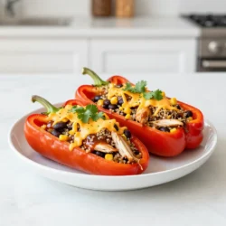 - 4 large bell peppers (any color) - 2 cups cooked shredded chicken - 1 cup BBQ sauce (adjust to taste) - 1 cup corn (frozen or canned) - 1 cup black beans, rinsed and drained - 1 cup cooked quinoa (or rice) - 1 cup shredded cheddar cheese - 1 teaspoon garlic powder - 1 teaspoon onion powder - Salt and pepper to taste - Fresh cilantro for garnish (optional) For this BBQ chicken stuffed peppers recipe, you need fresh ingredients that pack flavor. The bell peppers serve as a tasty bowl for the filling. You can use any color: red, green, yellow, or orange. Each will add a unique taste. You need cooked shredded chicken. You can use leftovers, rotisserie chicken, or cook it fresh. The BBQ sauce adds sweetness and tang. Feel free to adjust the amount based on your taste. Corn adds a nice crunch and sweetness. You can use frozen or canned corn. Black beans lend protein and fiber to the dish. Rinse them well to remove excess sodium. Quinoa or rice makes the filling hearty. Choose what you prefer or have on hand. Cheddar cheese gives a creamy finish when melted on top. The garlic and onion powders boost the flavor. Finally, salt and pepper enhance all the ingredients. Fresh cilantro adds a pop of color and freshness as a garnish. These ingredients come together to create a colorful and delicious meal. Enjoy the process of prepping these tasty stuffed peppers! {{ingredient_image_1}} 1. Preheat oven and prepare the baking dish Set your oven to 375°F (190°C). Get a baking dish ready by lightly greasing it. 2. Prepare the bell peppers Take the bell peppers and cut off the tops. Remove seeds and membranes. This helps the filling fit well. 3. Prepare the filling mixture In a large bowl, mix together 2 cups of shredded chicken, 1 cup of BBQ sauce, 1 cup of corn, and 1 cup of rinsed black beans. Add 1 cup of cooked quinoa, 1 teaspoon of garlic powder, and 1 teaspoon of onion powder. Season with salt and pepper to taste. Stir until well combined. 1. Stuff each bell pepper Carefully fill each pepper with the BBQ chicken mixture. Pack it tightly so it holds its shape. 2. Bake covered, then uncovered with cheese Place the stuffed peppers upright in the baking dish. If they wobble, slice a tiny bit off the bottom. Cover the dish with aluminum foil and bake for 25 minutes. After that, remove the foil and sprinkle 1 cup of shredded cheddar cheese on top. Bake for an additional 10 minutes, until the cheese is melted and bubbly. 1. Presentation tips Serve the stuffed peppers on a nice platter. Drizzle some extra BBQ sauce around them for a tasty touch. 2. Added serving suggestions You can add a side salad or some rice to complete the meal. Fresh cilantro on top adds color and flavor. This recipe is simple and great for any night. Make it your own! - Making ahead of time: You can prepare the stuffed peppers early. Just fill the peppers and store them in the fridge. Bake them when you are ready. This saves time on busy nights. - Ensuring even cooking: To cook the peppers evenly, make sure they are all about the same size. If some peppers are larger, cut a bit off the bottom to help them stand. This way, they cook well and look great. - Using different BBQ sauces: BBQ sauce can change the whole dish. Try sweet, spicy, or smoky sauces. Each one brings a new taste. Don’t be afraid to mix them for a unique flavor. - Adding spices for extra flavor: Spice it up with extras like paprika or cumin. You can also add a pinch of chili powder for a kick. These small changes can make your stuffed peppers really pop. - Recommended cooking tools and cookware: You will need a baking dish to hold the peppers. A sharp knife helps with cutting. A mixing bowl is great for combining the filling. Use a spatula to stuff the peppers neatly. These tools make your cooking easier and more fun. Pro Tips Choose the Right Peppers: Opt for firm bell peppers that stand upright to ensure they hold the stuffing well during baking. Customize Your Filling: Feel free to add other ingredients like diced tomatoes or jalapeños for an extra kick and flavor depth. Make Ahead: You can prepare the filling a day in advance and store it in the refrigerator. Just stuff the peppers and bake them when ready to serve. Serving Suggestions: Pair the stuffed peppers with a side salad or coleslaw to balance the meal with freshness and crunch. {{image_2}} You can swap chicken for other proteins. Try shredded pork, turkey, or tofu. These options work well with the BBQ sauce. Instead of black beans, use pinto beans, kidney beans, or chickpeas. This change adds different textures. For rice, you can use brown rice or cauliflower rice. Each choice gives a unique twist to your peppers. For a gluten-free version, ensure your BBQ sauce is gluten-free. Most sauces are safe, but check labels. You can replace quinoa with gluten-free grains. For vegetarian or vegan options, use plant-based chicken or just beans. You can skip the cheese or use vegan cheese. These swaps keep the dish tasty and satisfying. If you want a Southern-style twist, add smoked paprika and sausage. This will give your dish a rich, smoky flavor. For a Southwest-style variation, use taco seasoning and corn. You can also add jalapeños for some heat. These flavor combos make your stuffed peppers even more exciting. To store leftovers of BBQ chicken stuffed peppers, let them cool first. Place them in an airtight container. I recommend glass or sturdy plastic containers. This keeps them fresh for up to four days. Make sure to label the container with the date. This way, you won't forget when you made them! For the best taste, reheat your stuffed peppers in the oven. Preheat it to 350°F (175°C). Cover the peppers with foil to avoid drying them out. Heat for about 15-20 minutes. You can also use a microwave if you’re short on time. Just make sure to cover them to keep the moisture in. This helps maintain the flavor and texture. To freeze stuffed peppers, first, let them cool completely. Wrap each pepper in plastic wrap and place them in a freezer bag. This keeps them fresh for up to three months. When you're ready to eat, take the peppers out of the freezer. Thaw them in the fridge overnight or use the microwave. After thawing, bake them at 350°F (175°C) until heated through, about 20-25 minutes. Enjoy your meal! Can I use raw chicken? No, I do not recommend using raw chicken in this recipe. The chicken needs to be cooked first. Shredded cooked chicken ensures the filling is safe to eat and flavorful. You can use rotisserie chicken or boil your own. How do I make these stuffed peppers spicy? If you want heat, add jalapeños or hot sauce to the BBQ sauce. You can also mix in some cayenne pepper or chili powder. Adjust to your spice level to make them as hot as you like. How long to bake stuffed peppers? Bake stuffed peppers for a total of 35 minutes. Cover them with foil for the first 25 minutes. Then, remove the foil and add cheese for the last 10 minutes. This helps the peppers cook evenly and the cheese melt perfectly. What if my peppers are still crunchy? If your peppers are crunchy after baking, they may need more time. Just cover them and bake for another 5 to 10 minutes. The goal is to have them tender but not too mushy. How many stuffed peppers per person? Plan for one to two stuffed peppers per person, depending on their size. These peppers are filling with chicken, beans, and cheese. They make a great main dish for dinner. Can these be served as an appetizer? Yes, you can serve these stuffed peppers as an appetizer! Just use smaller peppers, like mini bell peppers. Cut them in half and stuff them for a fun bite-sized treat. This blog post guides you through making stuffed bell peppers. We covered ingredients, preparation, and cooking steps. You learned tips for flavor and storage options. Remember, you can customize these peppers to meet your needs. Try new ingredients for different tastes. Enjoy the process and make it your own. Happy cooking!