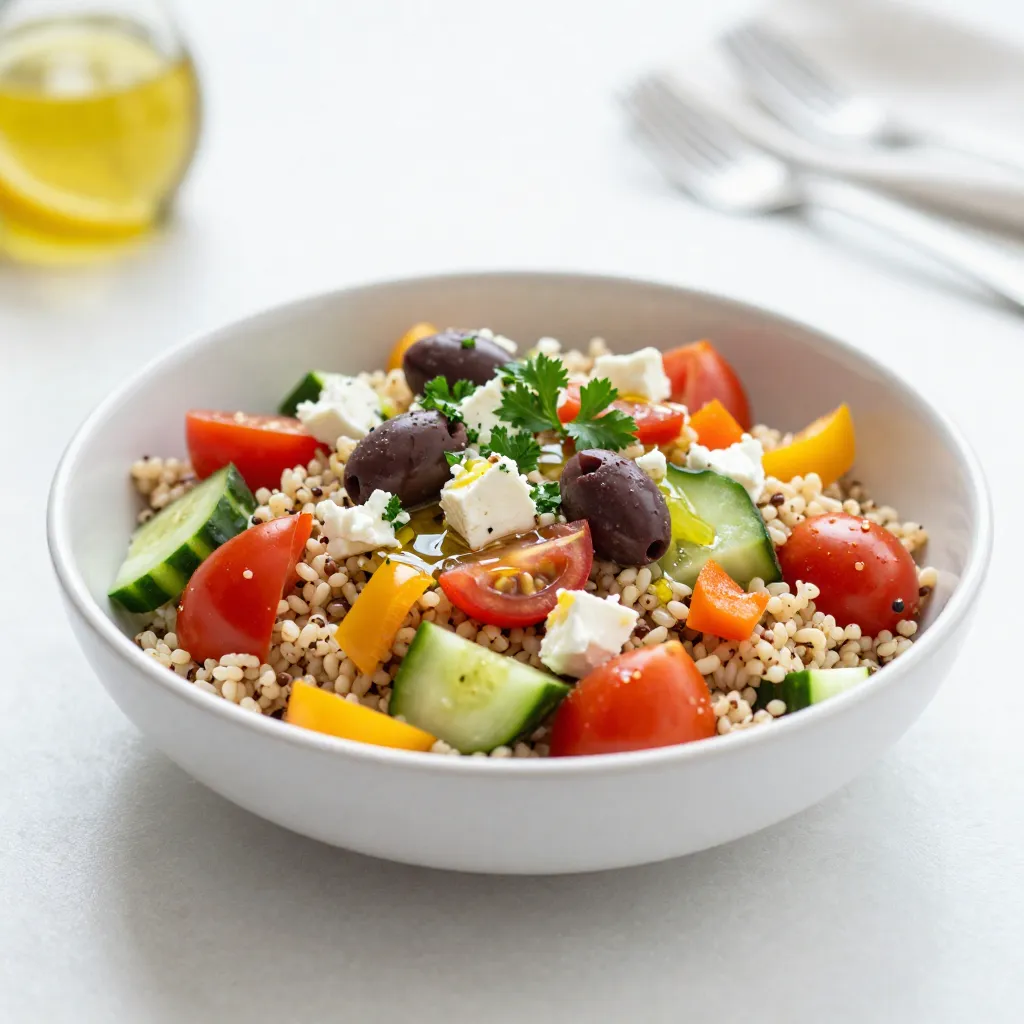 - Quinoa and Broth - 1 cup quinoa, rinsed - 2 cups vegetable broth (or water) - Fresh Vegetables - 1 cup cherry tomatoes, halved - 1 cucumber, diced - 1 bell pepper (red or yellow), diced - 1/2 red onion, finely chopped - Cheese and Olives - 1/2 cup feta cheese, crumbled - 1/4 cup kalamata olives, pitted and sliced - 1/4 cup fresh parsley, chopped - Dressing Components - 1/4 cup extra virgin olive oil - 2 tablespoons lemon juice - 1 teaspoon dried oregano - Salt and pepper to taste In this salad, quinoa acts as a filling base. It brings protein and fiber. The vegetable broth adds flavor to the grains. Fresh veggies like tomatoes and cucumber keep the salad light and crunchy. The bell pepper and red onion give it a sweet and sharp taste. Feta cheese adds creaminess, while olives give a briny punch. Fresh parsley brings color and brightness. The dressing is simple yet flavorful, with olive oil, lemon juice, and oregano. This mix of ingredients makes the salad fresh and nutritious. {{ingredient_image_1}} - Boiling the Broth/Water Start by pouring 2 cups of vegetable broth or water into a medium saucepan. Turn on the heat and bring it to a boil. - Simmering Instructions Once the broth boils, add 1 cup of rinsed quinoa. Lower the heat, cover the saucepan, and let it simmer. Cook for about 15 minutes, or until the liquid is all absorbed. - Cooling the Quinoa After cooking, fluff the quinoa gently with a fork. Set it aside to cool while you prepare the other ingredients. - Mixing Fresh Vegetables and Cheese In a large bowl, combine the cooled quinoa with 1 cup of halved cherry tomatoes, 1 diced cucumber, 1 diced bell pepper, 1/2 finely chopped red onion, and 1/2 cup of crumbled feta cheese. - Adding Quinoa and Olives Next, add 1/4 cup of sliced kalamata olives and 1/4 cup of chopped fresh parsley to the mix. Stir everything together gently to combine. - Mixing Olive Oil and Lemon Juice In a small bowl, whisk together 1/4 cup of extra virgin olive oil and 2 tablespoons of fresh lemon juice. - Seasoning with Herbs and Spices Add 1 teaspoon of dried oregano, plus salt and pepper to taste. Mix well until all ingredients blend smoothly. - Tossing the Salad Drizzle the dressing over the quinoa mixture. Toss gently to ensure that everything is coated evenly with the dressing. - Adjusting Flavors and Seasoning Taste the salad and adjust the seasoning if needed. You can add more lemon juice for a brighter flavor. Let the salad rest for 30 minutes so the flavors meld. Serve it chilled or at room temperature. Rinsing Tips for Quinoa Always rinse quinoa before cooking. This step removes the bitter coating called saponin. Place the quinoa in a fine mesh strainer. Rinse it under cold water for about 30 seconds. This ensures a better flavor and texture in your salad. How to Fluff Quinoa After cooking, let the quinoa sit for a few minutes. Then, use a fork to fluff it gently. Fluffing helps separate the grains, making it light and airy. This step is key to a perfect texture in your Mediterranean quinoa salad. Best Ways to Serve Serve the salad cold or at room temperature. This makes it refreshing and perfect for warm days. You can also serve it in bowls or on a large platter for sharing. Pairing with Other Dishes Pair this salad with grilled chicken or fish for a complete meal. You can also serve it with hummus and pita for a fun lunch. The salad adds a tasty and colorful touch to any meal. Timing for Flavor Development Make the salad at least 30 minutes before serving. This resting time allows the flavors to mix well. If you can, let it sit longer in the fridge. The longer it sits, the better it tastes. Ideal Serving Temperature The salad is best served cold or at room temperature. If you refrigerate it, take it out a bit before serving. This helps to bring out the flavors and makes it even more enjoyable. Pro Tips Use Fresh Ingredients: Opt for fresh vegetables and herbs for the best flavor and nutritional value in your salad. Rinse Quinoa Thoroughly: Rinsing quinoa helps remove its natural coating, called saponin, which can impart a bitter taste. Allow to Marinate: Letting the salad sit for at least 30 minutes before serving allows the flavors to meld beautifully. Customize Your Add-ins: Feel free to add or substitute other ingredients like chickpeas or avocado for added texture and flavor. {{image_2}} Gluten-Free Options Quinoa is already gluten-free, making it a perfect choice. You can also use rice or millet if you want a different base. These grains provide a similar texture and flavor. Dairy-Free Alternatives If you want a dairy-free option, skip the feta cheese. You can use avocado for creaminess. Nutritional yeast can add a cheesy flavor without dairy. Chickpeas or Grilled Chicken Chickpeas add great protein and fiber. They are easy to mix in. Grilled chicken is another option if you want meat. It adds a nice smoky flavor. Tofu or Edamame Tofu works well for a plant-based protein. You can cube it and toss it in. Edamame is another healthy choice. They are fun to pop open and add a nice crunch. Adding Nuts or Seeds Almonds or sunflower seeds can give a great crunch. They also add healthy fats. Just sprinkle them on top or mix them in. Herbs and Spices Variations You can change the flavor with herbs like basil or mint. They bring freshness to the salad. A pinch of cumin or paprika can also enhance the taste. How long does Mediterranean quinoa salad last in the fridge? It can stay fresh for up to four days. Make sure to store it in an airtight container. This keeps it from drying out and helps maintain flavor. What are the best containers for storage? Use glass containers or plastic containers with tight lids. Glass is great for keeping food fresh and is easy to clean. If you have leftovers, try to cool the salad before sealing it. This helps prevent condensation from forming. Can Mediterranean quinoa salad be frozen? I don't recommend freezing this salad. The vegetables can become mushy, and the texture may change. However, you can freeze just the quinoa and dressing separately. This way, you keep the salad fresh when you’re ready to eat. What are some tips for thawing? If you freeze the quinoa, let it thaw in the fridge overnight. Once thawed, mix it with fresh vegetables and dressing for a tasty meal. What are the best practices for reheating? Quinoa salad is best enjoyed cold or at room temperature. If you prefer it warm, heat the quinoa in a pot on low heat. Avoid microwaving, as it can make the salad soggy. How should you serve it after storage? After storage, give it a good stir. Taste and adjust the seasoning or add more lemon juice if needed. This refreshes the flavors and gives you a delicious meal. Quinoa is a tiny grain. It is not a true grain, but a seed. It is packed with protein, fiber, and vitamins. Quinoa is gluten-free, which makes it great for many diets. This grain also has all nine essential amino acids. Here are some key benefits: - High in protein - Rich in fiber - Contains vitamins B and E - Loaded with minerals like magnesium and iron Eating quinoa can help you feel full longer. It also supports heart health and aids digestion. Yes, you can customize the Mediterranean Quinoa Salad! This salad is very flexible. You can swap ingredients based on your taste. Here are some common options: - Use different veggies like carrots or zucchini - Add beans for extra protein - Swap feta for goat cheese or leave it out - Use different herbs like mint or basil Feel free to mix and match ingredients to make it your own! Making Mediterranean Quinoa Salad is quick! The prep time is about 15 minutes. The cooking time is around 30 minutes. Here’s a simple breakdown: - Prep Time: 15 minutes - Cook Time: 30 minutes - Total Time: 45 minutes You can have a fresh and tasty salad ready in less than an hour! Absolutely! Mediterranean Quinoa Salad is great for meal prep. It can be made ahead and stored. Here are some tips for meal prepping: - Store it in an airtight container - Keep it in the fridge for up to 3 days - It tastes even better the next day as flavors meld This makes it a perfect option for busy days or lunch at work! This blog post explored a tasty Mediterranean Quinoa Salad. You learned about key ingredients and how to cook and mix them. We shared tips to get the best flavor and texture. You can customize the salad to fit your taste. Don’t forget about storage tips for later. I hope you feel inspired to make this dish and enjoy it in many ways. Remember, cooking should be fun and creative!