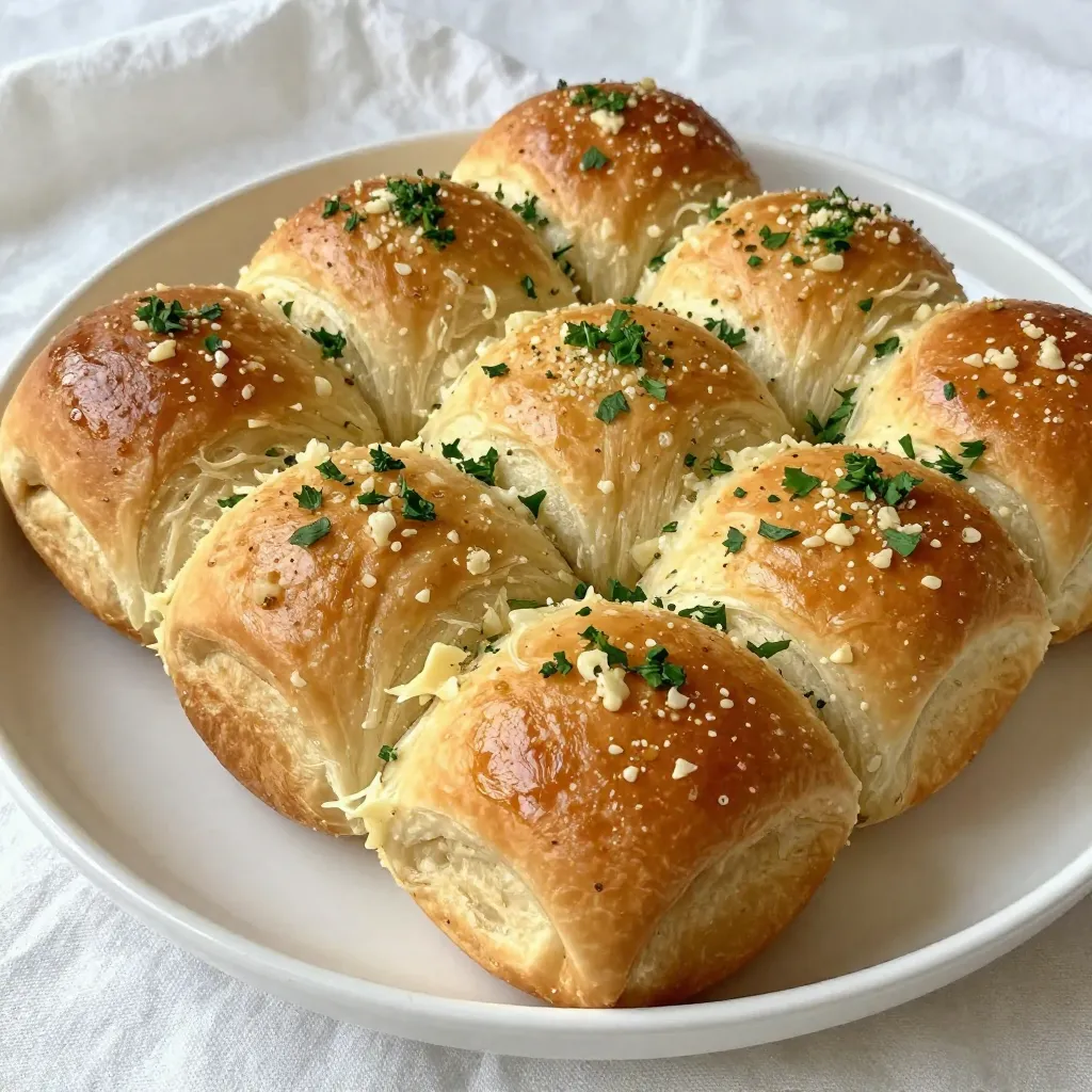 To make Garlic Parmesan Dinner Rolls, gather these items: - 3 ½ cups all-purpose flour - 2 teaspoons instant yeast - 1 teaspoon sugar - 1 teaspoon salt - 1 cup warm water (110°F/43°C) - 2 tablespoons olive oil - 4 cloves garlic, minced - ½ cup grated Parmesan cheese - 1 tablespoon Italian seasoning - 2 tablespoons melted butter (for brushing) - Fresh parsley, chopped (for garnish) You will need these tools to make the rolls: - Mixing bowl - Dough hook (optional) - Baking dish - Measuring cups - Measuring spoons Sometimes, you might not have every ingredient. Here are some swaps: - For flour, use whole wheat flour or gluten-free flour. - If you lack instant yeast, active dry yeast works too; just activate it first. - Instead of Parmesan cheese, try mozzarella or cheddar for a different flavor. {{ingredient_image_1}} To start, I combine warm water, sugar, and yeast in a large mixing bowl. This step activates the yeast. I let it sit for about five minutes until it becomes frothy. Next, I add olive oil, salt, and two cups of flour. I mix it well to combine all the wet and dry ingredients. Then, I gradually add the remaining flour, one cup at a time. I like to use a wooden spoon or a dough hook for this. The goal is to create a smooth and elastic dough. Kneading is key to getting the right texture. I turn the dough onto a floured surface. I knead it for about five to seven minutes. The dough should feel stretchy and slightly tacky. This process helps develop the gluten, which makes the rolls soft and chewy. After kneading, I place the dough in a greased bowl and cover it with a kitchen towel. I let it rise in a warm spot for about an hour. This proofing step is crucial. It allows the dough to double in size. Once it has risen, I gently punch it down to release the air. I divide the dough into twelve equal pieces. Each piece gets shaped into a smooth ball. Next, I mix minced garlic, Italian seasoning, and Parmesan cheese in a small bowl. I roll each dough ball in this mixture until well coated. This adds a burst of flavor to each roll! After that, I arrange the rolls in a greased baking dish and cover them again. I let them rise for another thirty minutes before baking. If your dough feels sticky, it may need more flour. Add a little bit, one tablespoon at a time. Mix well after each addition. If your rolls do not rise, check the yeast. It should be fresh and active. You can test it by adding it to warm water with sugar. If it bubbles after five minutes, it’s good to use. To boost the taste of your rolls, try adding herbs. Fresh rosemary or thyme pairs well with garlic. You can also mix in some cheese, like mozzarella or cheddar, for a different twist. Another great idea is to brush the rolls with garlic-infused olive oil. This adds an extra layer of flavor that is hard to resist. These rolls are perfect with soup or salad. They also make a great side for pasta dishes. You can serve them with a dip, like marinara or garlic butter. For a fun twist, try stuffing them with soft cheese or herbs before baking. That way, you get a delicious surprise in each bite! Pro Tips Use Fresh Garlic: Freshly minced garlic enhances the flavor of the rolls significantly compared to pre-minced options. Let the Dough Rise Properly: Ensure the dough is placed in a warm, draft-free area to allow it to rise effectively, resulting in fluffier rolls. Experiment with Cheese: While Parmesan is delicious, feel free to mix in other cheeses like mozzarella or cheddar for a unique flavor twist. Brush with Garlic Butter: For an extra layer of flavor, mix minced garlic into the melted butter before brushing it on the rolls. {{image_2}} You can easily change the taste by adding herbs. Fresh herbs like rosemary or thyme give a nice touch. Simply chop them finely and mix them into the dough. You can also sprinkle dried herbs like oregano or basil for a rich flavor. Each herb brings a unique taste that makes your rolls special. Switching up the cheese can bring new life to your rolls. Instead of Parmesan, try using mozzarella for a creamy texture. Feta offers a tangy kick, while cheddar gives a sharp flavor. Grate or crumble the cheese, then mix it into the dough. This way, you'll have rolls that fit your mood or meal. If you want a sweeter roll, add a bit of honey or sugar to the dough. You can also include cinnamon or nutmeg for a warm spice. For a fruity twist, try adding dried cranberries or orange zest. This change makes the rolls a great fit for breakfast or dessert. Sweet or savory, you have options to explore! To keep your garlic Parmesan dinner rolls fresh, place them in an airtight container. You can also wrap them in plastic wrap or aluminum foil. Make sure you let the rolls cool completely before wrapping them up. This step prevents moisture from building up. If stored properly, the rolls remain soft for up to three days. If you want to save some rolls for later, freezing them is a great option. First, let the rolls cool completely. Then, place them in a single layer on a baking sheet. Freeze them for about an hour. Once firm, transfer the rolls to a freezer bag or container. They can last up to three months in the freezer. To reheat, take them out and let them thaw in the fridge overnight. Then, warm them in the oven at 350°F (175°C) for about 10 minutes. At room temperature, garlic Parmesan dinner rolls last about two to three days. If you want them to stay fresh longer, keep them in a cool, dry place. Avoid direct sunlight or heat sources. For longer storage, freezing is the best option. This method keeps the rolls tasty and fresh. Yes, you can use active dry yeast. First, dissolve it in warm water with the sugar. Let it sit for about 5-10 minutes until it bubbles. This shows the yeast is active. Then, mix it with the other ingredients as you would with instant yeast. Keep in mind that active dry yeast may take longer to rise. Look for the dough to double in size. You can gently press two fingers into the dough. If the indent stays, it’s ready. The dough should feel airy and look puffy. If it springs back, let it rise longer. This step is key for soft rolls. These rolls go well with many dishes. Try pairing them with: - Pasta dishes, like spaghetti or fettuccine alfredo. - Soups, especially creamy soups or tomato basil. - Salads, like Caesar or mixed greens. - Grilled meats, such as chicken or steak. Each of these options makes a great meal with the rolls. Making garlic Parmesan dinner rolls is easy and fun. You learned the right ingredients, tools, and steps to create the dough. I shared tips to tackle common issues and boost flavor. You can even try different herbs and cheeses for variety. Remember to store leftovers properly or freeze them for later. These rolls are perfect for many meals, so enjoy experimenting! With practice, your rolls will taste just like a bakery’s. Happy baking!