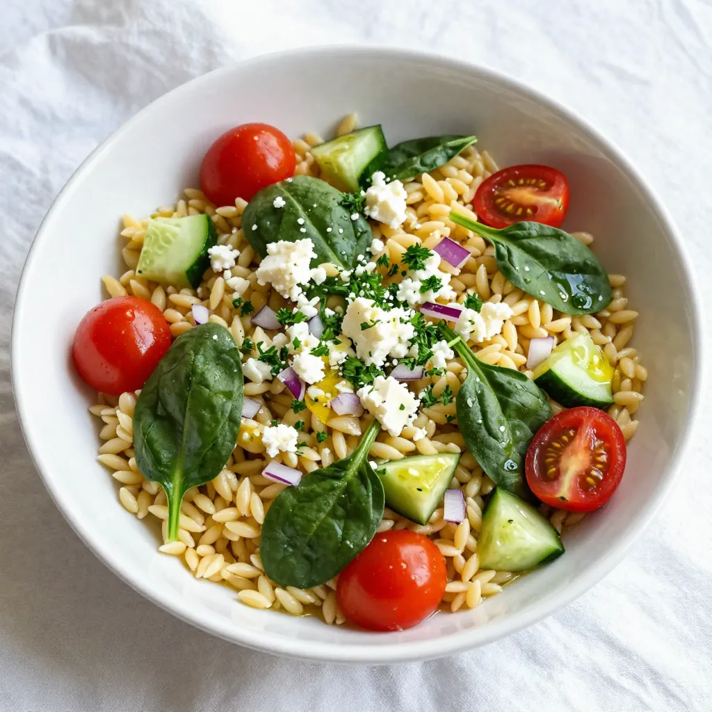 To create a fresh and tasty Lemon Garlic Orzo Salad, you need a few key items: - 1 cup orzo pasta - 2 cups vegetable broth - 1/2 cup cherry tomatoes, halved - 1/2 cucumber, diced - 1/4 red onion, finely chopped - 1 cup packed baby spinach - 1/4 cup feta cheese, crumbled These ingredients blend well together. The orzo pasta is the base, and it pairs nicely with each fresh component. Freshness makes this salad stand out. You want to use: - Cherry tomatoes for sweetness - Cucumber for crunch - Baby spinach for color - Red onion for a bit of zing These ingredients add vibrant flavors. They also give the salad a lovely texture. For those who want to kick the flavor up a notch, consider these add-ins: - Grilled chicken for protein - Avocado for creaminess - Olives for a salty touch These extras can personalize your salad. Feel free to mix and match to suit your taste! {{ingredient_image_1}} Start by boiling 2 cups of vegetable broth in a medium pot. Once it bubbles, add 1 cup of orzo pasta. Cook it according to the package instructions, usually around 8 to 10 minutes, until it is al dente. When done, drain the orzo and let it cool. This step is key to keeping the salad fresh. In a small bowl, combine 3 tablespoons of olive oil, 2 tablespoons of fresh lemon juice, and 2 minced garlic cloves. Add salt and pepper to taste. Whisk these together until they blend well. This dressing adds a bright flavor to the salad and brings everything together. In a large mixing bowl, add the cooled orzo, 1/2 cup of halved cherry tomatoes, 1/2 diced cucumber, 1/4 finely chopped red onion, and 1 cup of packed baby spinach. Pour the dressing over the salad and toss gently to mix. Make sure all the ingredients are well coated. Finally, sprinkle 1/4 cup of crumbled feta cheese on top and toss lightly. Garnish with fresh chopped parsley for a pop of color. Enjoy your fresh and flavorful dish! To cook orzo just right, start by boiling vegetable broth. This adds flavor to the pasta. Add the orzo to the boiling broth. Cook it for about 8 to 10 minutes. Taste it to check if it's al dente, which means firm but not hard. Drain the orzo in a colander and let it cool. This step is key to avoid mushy pasta in your salad. When tossing your salad, use a large mixing bowl. Add the cooled orzo, cherry tomatoes, cucumber, red onion, and spinach first. Drizzle the dressing over the top. Use two large spoons to gently mix the ingredients. Be careful not to break the feta cheese as you toss. A light touch helps keep every bite tasty and fresh. To boost the flavors, try adding fresh herbs like basil or dill. A sprinkle of red pepper flakes can add some heat. You can also adjust the lemon juice for more zing. If you like creaminess, try adding avocado. Always taste your salad before serving. This lets you balance the flavors just right for your palate. Pro Tips Cook Orzo Al Dente: Be sure to cook the orzo until it's al dente to maintain a perfect texture in the salad. It will continue to absorb liquids and soften if overcooked. Customize Your Veggies: Feel free to add or substitute your favorite vegetables such as bell peppers, olives, or artichokes to personalize the salad to your taste. Make It Ahead: This salad can be prepared in advance and stored in the refrigerator. The flavors will meld beautifully, making it even tastier the next day! Fresh Herbs for Flavor: Enhance the taste by adding fresh herbs like basil or mint along with parsley for a refreshing twist. {{image_2}} You can easily add protein to your Lemon Garlic Orzo Salad. Grilled chicken adds great flavor and texture. Simply slice cooked chicken breast and toss it in with the salad. Shrimp is another tasty choice. Cook shrimp until pink, then mix them in. You can also use chickpeas for a vegetarian option. They add protein and make the salad heartier. Feel free to swap in your favorite vegetables. Bell peppers add crunch and color. Roasted zucchini or asparagus also work well. You can even add artichoke hearts for a unique twist. Just remember to chop vegetables into small pieces. This keeps every bite full of flavor. While the lemon and garlic dressing is simple, you can get creative. Try a balsamic vinaigrette for a sweeter touch. A yogurt dressing can give a creamy feel. If you like spice, add a dash of red pepper flakes to the dressing. Every option can change the salad's vibe, making it fun to experiment. To store leftover Lemon Garlic Orzo Salad, place it in an airtight container. This helps keep it fresh. Make sure the salad is cool before sealing the container. You can also cover it tightly with plastic wrap. When stored properly, the salad lasts about 3 to 5 days in the fridge. The orzo may soak up some dressing over time. It is best to eat it within this time for the best taste and texture. You can enjoy this salad cold or at room temperature. If you prefer it warm, warm it gently in the microwave. Heat it for 30 seconds at a time, stirring in between. Be careful not to overheat, as this can change the salad's texture and flavor. Yes, you can make this salad ahead of time. The flavors blend well when chilled. Prepare it up to a day before serving. Just store it in the fridge in an airtight container. Keep the feta cheese separate until serving. This keeps it fresh and avoids sogginess. If you want a different taste, use goat cheese or ricotta instead. You can also use vegan cheese for a dairy-free option. These swaps still give a creamy texture and rich flavor. Alternatively, skip cheese entirely for a lighter dish. Yes! You can find gluten-free orzo made from rice, quinoa, or other grains. These options cook similarly to regular orzo. Just follow the package instructions for cooking times. This way, everyone can enjoy the salad without gluten. This article covered how to make Lemon Garlic Orzo Salad with fresh ingredients, easy steps, and helpful tips. You now know how to cook orzo perfectly and mix it with delicious flavors. Consider trying different vegetables or adding protein for variety. Remember, storing leftovers properly helps maintain freshness. With this salad, you have a versatile dish that fits many meals. Enjoy creating your own version of this tasty salad.