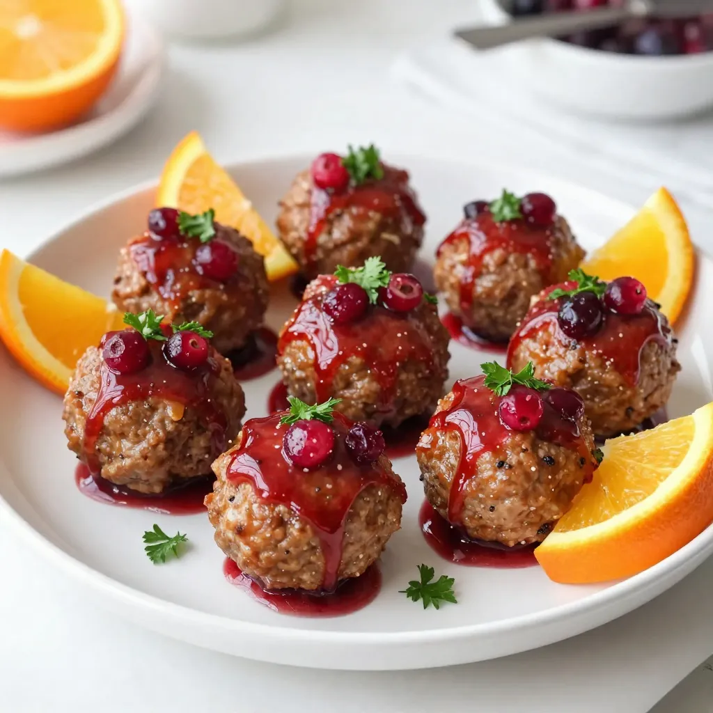 For the meatballs, you will need: - 1 pound ground turkey or beef - 1/2 cup breadcrumbs - 1/4 cup fresh parsley, chopped - 1/4 cup grated Parmesan cheese - 1 egg, beaten - 1 teaspoon garlic powder - 1 teaspoon onion powder - Salt and pepper to taste These ingredients form a great base for the meatballs. The ground turkey or beef gives them a hearty texture. The breadcrumbs help keep them moist, while parsley adds freshness. Parmesan cheese brings a nice salty flavor. Next, for the glaze, gather: - 1 cup cranberry sauce (canned or homemade) - Zest of 1 orange - 1/4 cup freshly squeezed orange juice - 1 tablespoon soy sauce - 1 tablespoon honey - 1 teaspoon ground ginger This glaze is sweet and tangy. The cranberry sauce is key for that rich flavor. Orange zest and juice brighten up the dish. Soy sauce adds depth, honey gives sweetness, and ginger adds warmth. Consider adding these garnishes for a pop of color: - Additional chopped parsley - Orange wedges These garnishes not only look good but also add a fresh taste. They can enhance the meal's appeal and make it look more inviting. If you need to swap some ingredients, here are some ideas: - Use ground chicken or pork instead of turkey or beef. - Try gluten-free breadcrumbs for a gluten-free option. - Use nutritional yeast instead of Parmesan for a dairy-free choice. - Maple syrup can replace honey if you like a different sweet flavor. These substitutions keep the dish tasty while catering to your needs. You can play around with flavors and textures based on what you have. {{ingredient_image_1}} First, set your oven to 400°F (200°C). This is the perfect temperature for meatballs. Next, gather all your ingredients. You will need ground turkey or beef, breadcrumbs, parsley, Parmesan cheese, an egg, garlic powder, onion powder, salt, and pepper. Freshness matters, so use fresh parsley if you can. In a large bowl, combine the ground meat, breadcrumbs, chopped parsley, and Parmesan cheese. Add the beaten egg, garlic powder, onion powder, salt, and pepper. Mix everything well. Make sure all ingredients blend together. Now, roll the mixture into 1-inch meatballs. You should form about 20 to 24 meatballs. The size helps them cook evenly. Place the meatballs on a lined baking sheet. Bake them in the preheated oven for 20 minutes. They should turn brown and be fully cooked. While the meatballs bake, prepare the glaze. In a saucepan, mix cranberry sauce, orange zest, orange juice, soy sauce, honey, and ground ginger. Heat it over medium-low. Stir until it warms and thickens, about 5 to 7 minutes. Once the meatballs are done, take them out of the oven. Transfer them to a large bowl. Pour the warm cranberry orange glaze over the meatballs. Gently toss to coat each meatball evenly. Now your delicious Cranberry Orange Glazed Meatballs are ready to serve! Enjoy the balance of sweet and savory flavors. To make perfect meatballs, start with quality meat. Use ground turkey or beef. The right fat content helps keep them moist. Mix the meat with breadcrumbs and cheese. This adds flavor and keeps them tender. Add a beaten egg to bind everything together. Season with garlic and onion powder for taste. Keep your hands wet while forming the meatballs. This helps prevent sticking. Aim for 1-inch meatballs to ensure even cooking. Bake them at 400°F for 20 minutes. Check them for a nice brown color. Serve these meatballs on a large platter. Drizzle extra glaze over the top for a glossy look. Garnish with fresh parsley for a pop of color. Add orange wedges for a fun touch. These meatballs pair well with rice or mashed potatoes. They also taste great on a sub roll for a sandwich. For a lighter meal, serve them with a salad. One mistake is not mixing the meat well. If you don’t mix it enough, the meatballs may fall apart. Another error is overcooking them. Keep an eye on the time to avoid dryness. Avoid adding too much liquid to the mixture. This can make the meatballs tough. Lastly, don’t skip the glaze. It is what gives these meatballs their unique flavor. Enjoy the process and have fun in the kitchen! Pro Tips Use Fresh Ingredients: Whenever possible, opt for fresh herbs and spices to enhance the flavor of your meatballs and glaze. Adjust Sweetness: Taste the glaze before coating the meatballs, and adjust the honey to reach your desired sweetness level. Experiment with Meats: While ground turkey is leaner, feel free to use ground beef or even a mix for richer flavor and texture. Make Ahead: Prepare the meatballs and glaze in advance; store them separately in the fridge for up to 3 days for easy reheating. {{image_2}} You can switch the meat in these meatballs. Ground turkey is light and healthy. Ground beef gives a rich taste. You can also use ground chicken or pork. For a leaner choice, try ground venison. Each protein brings its own flavor and texture. You can add new flavors to the glaze. For a spicy kick, mix in some red pepper flakes. If you love herbs, try adding fresh thyme or rosemary. These herbs pair well with the sweet glaze. You could also use apple cider vinegar for a tangy twist. Each change creates a new taste experience. Making these meatballs gluten-free is easy. Just use gluten-free breadcrumbs instead. For a vegan version, swap the meat for lentils or chickpeas. You can blend these with spices and breadcrumbs to form meatballs. Use flaxseed meal with water instead of an egg to bind them. The glaze works great with these options too. To keep your meatballs fresh, store them in an airtight container. Make sure they cool down first. Place a layer of parchment paper between layers if you stack them. This prevents sticking. Store in the fridge for up to three days. Enjoy them as a quick snack or meal! You can freeze these meatballs easily. First, let them cool completely. Then, place them in a single layer on a baking sheet. Freeze for about one hour. This helps them keep their shape. Afterward, transfer them to a freezer-safe bag. Remove as much air as you can. They can stay in the freezer for up to three months. When you're ready to eat, there are a few ways to reheat your meatballs. For the oven, preheat it to 350°F (175°C). Place the meatballs on a baking sheet and heat for about 15-20 minutes. If using a microwave, put them on a microwave-safe plate and cover them with a damp paper towel. Heat in 30-second bursts until warm. Enjoy them with the glaze for the best flavor! Yes, you can make these meatballs ahead of time. Prepare the meatballs and bake them. Let them cool and store them in an airtight container. You can keep them in the fridge for up to three days. You can also freeze them for up to three months. Just thaw in the fridge overnight before reheating. These meatballs pair well with many sides. Here are some great options: - Rice or quinoa - Mashed potatoes - Green beans or broccoli - A fresh salad These sides balance the sweet and tangy glaze. You can mix and match to fit your meal. To change the sweetness of the glaze, you can add or reduce honey. If you want it sweeter, add more honey, one teaspoon at a time. If it’s too sweet, add a splash of soy sauce or a bit more orange juice. This brightens up the flavor while toning down the sweetness. Cranberry orange glazed meatballs are simple and fun to make. You learned about key ingredients, step-by-step prep, and tips for perfect meatballs. Explore variations to meet your needs and store leftovers easily. Remember, you can adjust the glaze’s sweetness to your taste. With these ideas and tricks, you'll impress friends and family. Cooking should be enjoyable and rewarding, so get in the kitchen and try it now. Your tasty meal awaits!