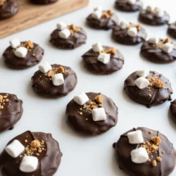 - 1 cup graham cracker crumbs - 1/2 cup rolled oats - 1/2 cup dark chocolate chips - 1/4 cup peanut butter - 1/4 cup honey or maple syrup - 1/2 cup mini marshmallows - 1/4 teaspoon vanilla extract - Pinch of salt Each ingredient plays a key role in making S’mores No-Bake Cookies. The graham cracker crumbs give a classic taste and texture. Rolled oats add heartiness. Dark chocolate chips provide rich flavor. Peanut butter adds creaminess. Honey or maple syrup acts as a natural sweetener. Mini marshmallows bring a fun, chewy element. Vanilla extract enhances the overall flavor. The pinch of salt balances the sweetness. You can swap some ingredients if needed. Use almond butter instead of peanut butter for a nut-free option. If you want a vegan recipe, replace honey with maple syrup. For gluten-free cookies, look for gluten-free graham crackers. You can also use semi-sweet chocolate chips if you prefer a sweeter taste. Don't have mini marshmallows? Try using chopped larger marshmallows instead. {{ingredient_image_1}} Making S’mores No-Bake Cookies is a simple and fun task. You will mix dry and wet ingredients. Then, you form the cookies and let them chill. This process takes about 15 minutes of prep time. The chilling will take another 30 minutes. 1. Mix dry ingredients: In a medium bowl, combine 1 cup of graham cracker crumbs, 1/2 cup of rolled oats, and a pinch of salt. Stir until these are well mixed. 2. Melt chocolate and peanut butter: In a microwave-safe bowl, add 1/2 cup of dark chocolate chips and 1/4 cup of peanut butter. Heat this in your microwave in 20-second bursts. Stir between each burst. Keep heating until it is smooth. 3. Combine mixtures: Pour the melted chocolate mix into the dry ingredients. Add 1/4 cup of honey or maple syrup and 1/4 teaspoon of vanilla extract. Mix this until everything is well combined. 4. Add marshmallows: Gently fold in 1/2 cup of mini marshmallows. Make sure they are evenly spread throughout the mix. 5. Form cookies: Line a baking sheet with parchment paper. Use a cookie scoop or your hands to form small balls, about 1-2 inches wide. Place them on the sheet. 6. Shape cookies: Flatten each ball slightly to create cookie rounds. Refrigerate the cookies for at least 30 minutes. This helps them set properly. After chilling, they will be ready to enjoy. For a special touch, drizzle some melted chocolate on top and sprinkle crushed graham crackers. To make sure your cookies hold their shape, chill them in the fridge. After you form the cookie balls, flatten them slightly. This helps them set better. Use a parchment-lined baking sheet for easy removal. The parchment keeps them from sticking. If the mixture feels too wet, add a bit more graham cracker crumbs. This will help them firm up. You can change the flavors easily. Swap dark chocolate chips for milk chocolate or even white chocolate. If you want a nutty flavor, add chopped nuts or nut butter. Try using almond butter instead of peanut butter for a twist. You can also mix in spices like cinnamon or a dash of sea salt for a unique touch. These small changes can make a big impact on taste. Melting chocolate can be tricky, but I have some tips. Always use a microwave-safe bowl. Heat the chocolate in short bursts, about 20 seconds each time. Stir well between each burst. This helps prevent burning. If you see a few lumps, stir more. The heat from the melted chocolate will finish the job. You can also use a double boiler if you prefer. Just make sure the water doesn’t touch the bowl. This method gives you better control over the heat. Pro Tips Storage Tip: Keep the cookies in an airtight container in the refrigerator to maintain their freshness for up to a week. Texture Tip: For a chewier texture, try using old-fashioned oats instead of quick oats. Flavor Tip: Experiment with different nut butters like almond or cashew for a unique twist on the classic flavor. Chocolate Tip: Use a mix of milk and dark chocolate chips for a balanced sweetness that complements the other ingredients. {{image_2}} You can make your S’mores No-Bake Cookies even more fun! Add nuts like walnuts or almonds for crunch. You might also try coconut flakes for a tropical twist. Drizzle caramel or extra chocolate on top for a treat that looks great and tastes amazing. To make these cookies vegan, swap honey for maple syrup. Use dairy-free chocolate chips instead of regular ones. For gluten-free cookies, choose gluten-free graham crackers. These small changes keep the flavor while making them safe for different diets. Make these cookies fit the season! For fall, add pumpkin spice to the mix. In winter, use peppermint extract for a fresh taste. During summer, mix in fresh berries for a fruity twist. You can even shape them into festive forms for holidays. To keep your S’mores No-Bake Cookies fresh, store them in an airtight container. This will help maintain their soft texture. You can layer cookies with parchment paper to prevent sticking. Place the container in a cool, dry place away from heat and sunlight. If you want to save some cookies for later, freezing works great. First, let the cookies cool completely. Then, place them in a single layer on a baking sheet. Freeze for about an hour until firm. After that, transfer them to an airtight container or freezer bag. They can last up to three months in the freezer. These cookies stay fresh for about one week at room temperature. If you keep them in the fridge, they can last up to two weeks. Always check for any changes in texture or smell before eating. If they seem dry, try warming them a bit in the microwave. This can help restore some softness. Yes, you can! Almond butter and cashew butter work well too. Each nut butter adds a unique taste. If you want a nut-free option, try sunbutter. It mimics the taste of peanut butter and keeps the cookies safe for school snacks. If your cookies are crumbly, add a bit more honey or maple syrup. This helps bind the ingredients better. You can also mix in a little melted chocolate. Make sure to combine everything well so the cookies stick together. If they still crumble, press them firmly before refrigerating. To serve these cookies, place them on a rustic wooden board. Drizzle melted chocolate on top for a pretty look. Sprinkle crushed graham crackers over the cookies to add texture. This makes them look just like real s’mores. Enjoy with friends and family for a fun treat! You’ve learned how to make S’mores No-Bake Cookies from scratch. We covered the right ingredients, measurements, and substitutions. The step-by-step process ensures your cookies turn out great every time. I shared tips to keep them in shape and trick to melt chocolate well. You can also try fun mix-ins for your cookies. Lastly, I explained how to store and freeze them properly. Now, get baking and enjoy your tasty treats!