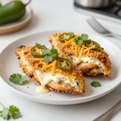 - 4 boneless, skinless chicken breasts - 4 oz cream cheese, softened - 1 cup shredded cheddar cheese - 2 jalapeños, seeded and finely chopped - 1/2 cup breadcrumbs - 1 tsp garlic powder - 1 tsp onion powder - 1/2 tsp smoked paprika - Salt and pepper to taste - 2 tablespoons olive oil - Fresh cilantro for garnish (optional) For the perfect Jalapeño Popper Stuffed Chicken, start with boneless, skinless chicken breasts. This meat is easy to handle and cooks well. Next, grab some cream cheese and shredded cheddar cheese. These cheeses create a rich, creamy filling. Now, don’t forget the jalapeños! They add a spicy kick. Be sure to seed and chop them finely. You will need breadcrumbs for a crunchy coating. Garlic powder and onion powder give flavor to the filling. A touch of smoked paprika adds warmth and depth. Lastly, salt and pepper enhance all these great tastes. Olive oil helps the breadcrumbs stick and adds flavor. If you like, sprinkle fresh cilantro on top for a pop of color and taste. These ingredients come together to create a dish that’s both tasty and eye-catching. Enjoy the process of gathering these items, as each one plays a key role in making your meal an irresistible delight! {{ingredient_image_1}} - Preheat the Oven: Start by setting your oven to 375°F (190°C). This warms the oven for even cooking. - Prepare the Filling: In a bowl, mix together 4 ounces of softened cream cheese, 1 cup of shredded cheddar cheese, and 2 finely chopped jalapeños. Add 1 teaspoon of garlic powder, 1 teaspoon of onion powder, and 1/2 teaspoon of smoked paprika for flavor. Season with salt and pepper to taste. Stir well until all ingredients blend nicely. - Prepare the Chicken Breasts: Take 4 boneless, skinless chicken breasts. Carefully slice a pocket into the side of each breast. Make sure not to cut all the way through. This pocket will hold our tasty filling. - Stuff the Chicken Breasts: Take your filling and generously stuff each chicken breast pocket. If needed, use toothpicks to close the openings. This keeps the delicious filling inside while cooking. - Coat with Breadcrumbs: In a shallow dish, pour out 1/2 cup of breadcrumbs. Drizzle 2 tablespoons of olive oil over the breadcrumbs and mix until they are well coated. Roll each stuffed chicken breast in the breadcrumbs until they are fully covered. - Bake the Chicken: Place the coated chicken breasts on a baking sheet lined with parchment paper. Bake for 25-30 minutes. The chicken is done when it reaches an internal temperature of 165°F (75°C). Enjoy the wonderful smell as it bakes! - Selecting Fresh Ingredients: Start with fresh chicken breasts. Look for ones that are pink and firm. Choose jalapeños that are shiny and bright. They should feel heavy for their size. Fresh cream cheese and cheddar will make the filling rich and creamy. - Properly Seasoning the Filling: Mix your filling well. Use a good amount of garlic powder and onion powder. They add depth to the flavor. Don’t forget the smoked paprika. It gives a nice smoky note. Taste the filling before stuffing. Adjust salt and pepper to make it perfect. - Ensuring Even Cooking: To cook chicken evenly, pound the breasts to a uniform thickness. This helps them cook at the same rate. Make sure not to overcrowd the baking sheet. Space them out to allow heat to circulate. - Using a Meat Thermometer: A meat thermometer is your best friend. Insert it into the thickest part of the chicken. When it reads 165°F (75°C), your chicken is safe to eat. This step ensures juicy, tender chicken every time. Pro Tips Choose the Right Chicken: Opt for chicken breasts that are uniform in size for even cooking. Thicker pieces may need extra cooking time. Customize the Heat: If you prefer a milder dish, remove the seeds and membranes from the jalapeños. For extra heat, leave some seeds in. Make Ahead: You can prepare the stuffed chicken in advance. Simply refrigerate it until you are ready to bake, but allow it to come to room temperature before cooking. Perfect Breadcrumb Coating: For a crunchier texture, consider using panko breadcrumbs instead of regular breadcrumbs for coating the chicken. {{image_2}} You can change the flavors in Jalapeño Popper Stuffed Chicken. This makes each dish special. - Adding Different Cheeses: Use cream cheese, but try others too. Mozzarella adds stretch, while pepper jack gives heat. Blend different cheeses for a unique taste. - Incorporating Veggies or Proteins: Mix in spinach or corn for color and health. You can also add cooked bacon for extra crunch. This adds fun flavors and textures. You can cook this dish in various ways. Each method gives a different taste. - Air Fryer Version: If you have an air fryer, use it! Preheat to 375°F. Place stuffed chicken in the basket. Cook for 20-25 minutes until golden brown. This makes the chicken crisp outside but juicy inside. - Grilling Tips: Grilling adds a smoky flavor. Preheat your grill to medium heat. Cook the stuffed chicken for about 6-8 minutes on each side. Keep the lid closed to lock in heat. Use a meat thermometer to make sure it's 165°F inside. Enjoy the charred taste! - How to Store Leftovers After your meal, let the chicken cool. Place it in an airtight container. This keeps it fresh for up to three days. Make sure to cover it well to avoid drying out. - Best Practices for Reheating When ready to eat, preheat your oven to 350°F (175°C). Place the chicken on a baking sheet. Cover it with foil to keep moisture in. Heat for about 15-20 minutes. This way, the chicken stays juicy and tasty. - Freezing Before or After Cooking You can freeze the stuffed chicken before or after cooking. If you freeze before cooking, wrap each chicken breast tightly. Use plastic wrap and then foil. This helps prevent freezer burn. If you freeze after cooking, let it cool first. Then, store it in an airtight container. - Thawing Recommendations To thaw, move the chicken to the fridge. Let it sit overnight for best results. If you need it fast, use the microwave. Just set it to defrost and keep an eye on it. Never leave it out at room temperature to thaw. This keeps your food safe and delicious. Can I use frozen chicken breasts? Yes, you can use frozen chicken breasts. Just remember to thaw them first. Thawing helps the chicken cook evenly. You can leave them in the fridge overnight or use the microwave for a quick thaw. How do I know when the chicken is cooked? The chicken is done when it reaches 165°F (75°C) inside. Use a meat thermometer to check the thickest part of the chicken. Clear juices should run out when you cut into it. If it’s pink inside, cook it a bit longer. What to serve with Jalapeño Popper Stuffed Chicken? This dish pairs well with simple sides. Try a fresh salad or some rice. Roasted vegetables add nice color and flavor too. You can also serve it with a creamy dip for extra fun. Can I make this dish ahead of time? Yes, you can prep the chicken ahead of time. Stuff the chicken and coat it with breadcrumbs. Store it in the fridge for up to 24 hours. Just bake it when you're ready to eat. This makes dinner easy on busy nights. This blog post covers how to make Jalapeño Popper Stuffed Chicken. We talked about the main ingredients, step-by-step instructions, and helpful tips. I shared cooking methods and variations to suit your taste. Finally, we addressed storage tips and common questions. Now, you have the tools to create this tasty dish. Enjoy your cooking and share it with friends!