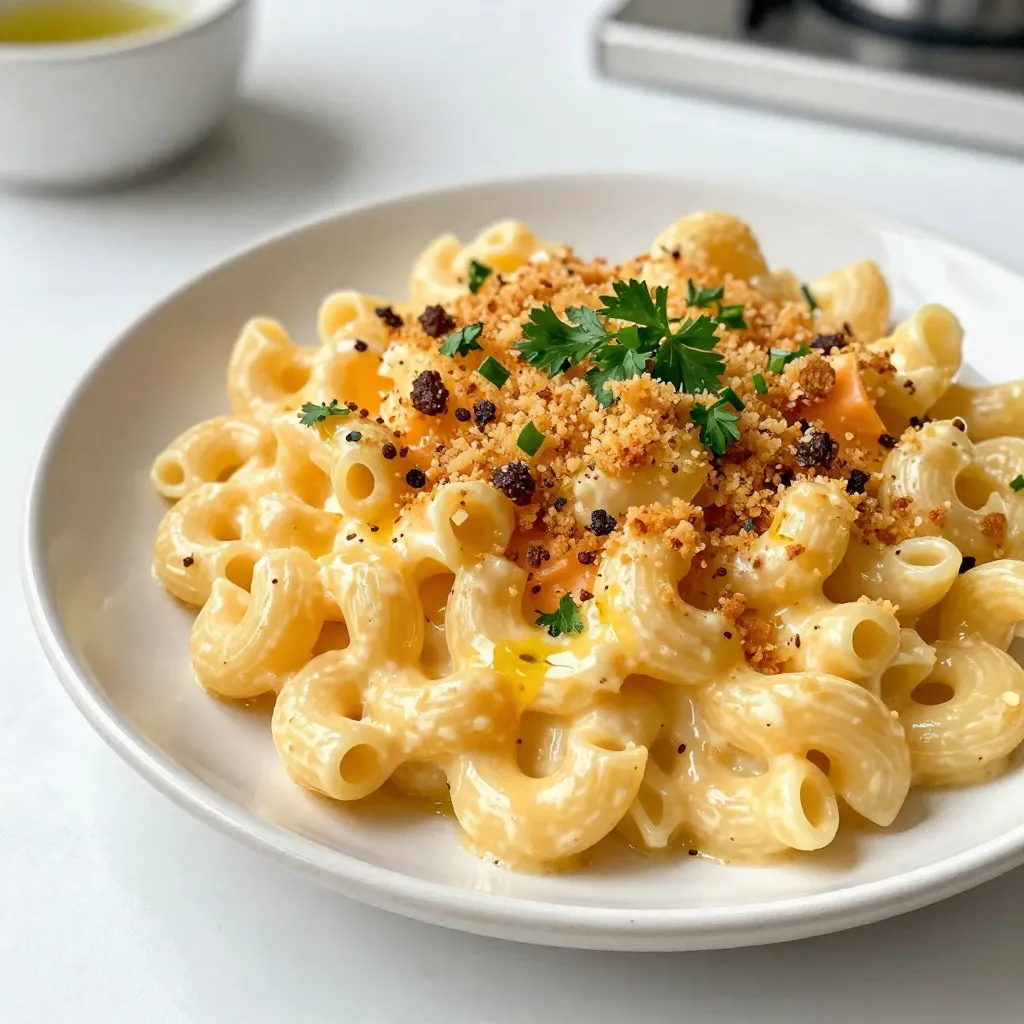 - 8 oz elbow macaroni - 4 cups sharp cheddar cheese, grated - 1 cup Gruyère cheese, grated - 1/4 cup truffle oil - 3 tablespoons unsalted butter - 3 tablespoons all-purpose flour - 2 cups whole milk - 1/2 teaspoon garlic powder - 1/2 teaspoon onion powder - 1/2 teaspoon mustard powder - Salt and black pepper to taste - 1/2 cup panko breadcrumbs - Fresh parsley, chopped (for garnish) You will need a few key ingredients to make this creamy dish. Let’s break them down. First, the elbow macaroni serves as the base. It’s small and holds the cheese well. Next, we have sharp cheddar cheese. This cheese adds a strong flavor that is key to the dish. Gruyère cheese brings a nutty and creamy touch that complements the cheddar. For the extra flair, we use truffle oil. It elevates the dish with its rich and earthy taste. Unsalted butter helps create a smooth cheese sauce. All-purpose flour is crucial for making a roux, which thickens the sauce. Then, we have whole milk for creaminess. The spices like garlic powder, onion powder, and mustard powder add depth to the flavor. Salt and black pepper enhance everything. Finally, the panko breadcrumbs give a crispy topping. You can’t forget about fresh parsley for a pop of color and freshness. Each ingredient plays a role in making this dish truly special. {{ingredient_image_1}} To cook elbow macaroni, start with a large pot of salted water. Bring the water to a boil over high heat. Add the elbow macaroni and stir it gently. Cook according to the package instructions until it is al dente. This usually takes about 7 to 10 minutes. Once done, drain the macaroni in a colander and set it aside. Next, we make the cheese sauce. In a large saucepan, melt 3 tablespoons of unsalted butter over medium heat. When the butter melts, add 3 tablespoons of all-purpose flour. Whisk the mixture for about 1 minute to create a roux. It should look smooth. Slowly pour in 2 cups of whole milk while whisking. This helps to avoid lumps. Keep whisking until the sauce thickens and bubbles, which takes about 3 to 5 minutes. Once thick, lower the heat. Now, stir in 4 cups of grated sharp cheddar cheese and 1 cup of grated Gruyère cheese. Mix until the cheese melts and the sauce is creamy. Add 1/2 teaspoon each of garlic powder, onion powder, and mustard powder. Season with salt and black pepper to taste. Mix well to combine all flavors. Now, it’s time to combine the pasta and sauce. Fold the cooked macaroni into the cheese sauce gently. Make sure every piece of pasta is coated. Drizzle in 1/4 cup of truffle oil. Mix gently again to spread that rich flavor throughout the dish. Before baking, preheat your oven to 350°F (175°C). Transfer the mac and cheese into a greased baking dish. To add a nice topping, mix 1/2 cup of panko breadcrumbs with a drizzle of truffle oil in a small bowl. Sprinkle this mixture evenly over the mac and cheese. Now, place the dish in the preheated oven. Bake for about 25 to 30 minutes. You want the top to be golden brown and crispy. When it’s ready, take it out and let it cool for a few minutes. Garnish with chopped fresh parsley before serving. To make a smooth cheese sauce, you want to avoid lumps. When adding milk, whisk it in slowly. This method helps mix it well. Keep stirring as the sauce thickens. Aim for a creamy texture by using whole milk. It gives the sauce a rich taste. Sharp cheddar cheese is the star of this dish. Its strong flavor pairs well with Gruyère cheese. For a twist, try using Fontina or Monterey Jack. If you want to skip truffle oil, use sautéed mushrooms. They will give you that earthy flavor. To achieve a crispy topping, use panko breadcrumbs. Mix them with a bit of truffle oil before sprinkling. This will add extra crunch and flavor. Bake until the top is golden brown, about 25-30 minutes. This timing ensures your mac and cheese is hot and bubbly inside. Pro Tips Choose Quality Cheese: Opt for high-quality sharp cheddar and Gruyère for a richer flavor and creamier texture in your mac and cheese. Don’t Overcook the Pasta: Cook the elbow macaroni just until al dente, as it will continue to cook while baking, ensuring it doesn’t become mushy. Add More Truffle Oil: For a stronger truffle flavor, feel free to drizzle a bit more truffle oil on top before serving, but do it sparingly to avoid overpowering the dish. Experiment with Toppings: Try adding cooked bacon, sautéed mushrooms, or even a sprinkle of parmesan cheese to the panko topping for extra texture and flavor. {{image_2}} You can change the cheese blend in your Truffle Mac and Cheese. While I love sharp cheddar and Gruyère, you can try other cheeses too. Here are some ideas: - Monterey Jack: This cheese melts well and adds a creamy texture. - Fontina: It has a nutty flavor and melts beautifully. - Mozzarella: Great for stretchiness, it makes the dish fun to eat. Mixing different cheeses can give your dish a unique taste. Don't be afraid to get creative with your cheese choices. Adding extra ingredients can take your Truffle Mac and Cheese to the next level. Here are some tasty options: - Bacon: Cook it until crispy and crumble it over the top for a salty crunch. - Mushrooms: Sauté them for an earthy flavor that pairs well with truffles. - Spinach: Add fresh or sautéed spinach for a pop of color and nutrition. Feel free to mix in your favorite ingredients. Each one brings its own flavor and texture. Truffle oil adds a rich flavor, but you can try other options if you can't find it. Here are some substitutes: - Mushroom Oil: This has a similar earthy taste and works well in pasta dishes. - Garlic Oil: It adds a different but tasty twist, giving a nice aroma. - White Truffle Salt: Sprinkle this on your finished dish to mimic that truffle taste. These alternatives can still give your mac and cheese that special flair. You might even discover a new favorite! To keep your Truffle Mac and Cheese fresh, store it in an airtight container. Let it cool first, then place it in the fridge. This dish keeps well for about 3-5 days. Be sure to label the container with the date. This way, you know when to enjoy it! When you're ready to eat, reheat it slowly. I suggest using the oven for the best results. Preheat your oven to 350°F (175°C). Place the mac and cheese in an oven-safe dish and cover it with foil. Heat it for about 20 minutes. This keeps the cheese creamy. You can also use the microwave, but stir it often to avoid dry spots. Yes, you can freeze Truffle Mac and Cheese! Make sure it's completely cool before freezing. Divide it into portions in freezer-safe containers. It will keep for about 2-3 months in the freezer. To thaw, place it in the fridge overnight. Reheat it in the oven or microwave as mentioned above. Enjoy your creamy comfort food anytime! Truffle Mac and Cheese is a creamy pasta dish. It blends rich cheeses with truffle oil. This dish uses elbow macaroni, sharp cheddar, and Gruyère cheese. The truffle oil gives it a unique, earthy flavor. People love it for its comfort and luxury. To make Truffle Mac and Cheese vegan, substitute dairy products with plant-based ones. Use vegan cheese or nutritional yeast for a cheesy taste. Replace the milk with almond or oat milk. You can also use vegan butter for a creamy base. Truffle oil is usually vegan, so you can keep that. You can find pre-made Truffle Mac and Cheese in many grocery stores. Brands like Trader Joe's and Whole Foods offer it. Some upscale markets also have gourmet options. Many restaurants serve it as a special dish. Look for places known for their pasta or comfort food. In this article, I covered how to make the perfect Truffle Mac and Cheese. We began with essential ingredients like elbow macaroni and cheeses, then moved to creating a creamy sauce. I shared tips for enhancing flavor and achieving a crispy topping. Variations and storage tips help personalize your dish. Remember, you can customize this recipe to suit your taste. With practice, you’ll master this comforting meal that impresses every time. Enjoy making this dish your own!