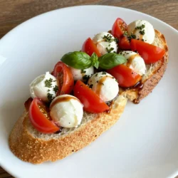 - 1 large Italian or French baguette - 4 tablespoons unsalted butter, softened - 3 cloves garlic, minced - 1 teaspoon dried oregano - 1 teaspoon salt - 1 cup cherry tomatoes, halved - 1 cup fresh mozzarella balls, halved or sliced - 1/4 cup fresh basil leaves, torn - 2 tablespoons balsamic glaze (optional) - Fresh ground black pepper to taste - Balsamic glaze adds a sweet touch. - You can use different herbs for more flavor. When choosing tomatoes, look for bright colors. They should feel firm but not hard. For mozzarella, choose fresh balls in water. They should smell clean and milky. Basil should be vibrant green with no brown spots. Fresh produce makes the dish shine. Always wash vegetables before use to remove dirt. This keeps your Caprese garlic bread fresh and tasty. {{ingredient_image_1}} First, you need a good baguette. A large Italian or French baguette works best. Slice it in half lengthwise. This step lets the garlic butter soak in well. Make sure to cut it evenly. You want each half to be similar in size. Grab a small bowl. Add 4 tablespoons of softened butter. Mix in 3 cloves of minced garlic. Throw in 1 teaspoon of dried oregano and 1 teaspoon of salt. Stir it all together until it's smooth. This garlic butter mix gives your bread lots of flavor. Preheat your oven to 375°F (190°C). Spread the garlic butter mix on both halves of the baguette. Place them cut side up on a baking sheet. Bake for about 10 minutes. You'll know it's ready when the edges are golden. While the bread bakes, grab a mixing bowl. Combine 1 cup of halved cherry tomatoes, 1 cup of fresh mozzarella balls, and 1/4 cup of torn basil leaves. Add fresh ground black pepper to taste. Toss the mix gently. After 10 minutes, take the bread out. Top each half with the tomato and mozzarella mix. Make sure to spread it evenly. Put it back in the oven for another 5-7 minutes. You want the cheese to melt and bubble. Once done, you can drizzle balsamic glaze if you like. Finally, slice into pieces and serve warm. To get the best crispiness, follow these steps. First, use a good quality baguette. Slice it in half lengthwise. Spread the garlic butter mix generously over both sides. This adds flavor and helps crisp the bread. Bake it at 375°F for about 10 minutes. Look for golden edges; this shows it is ready. The garlic butter will help make it crunchy without burning. Layering is key for great taste. Start with the tomato and mozzarella mix. Make sure to toss the tomatoes, mozzarella, and basil well. This helps the flavors combine. When you top the bread, spread it evenly. This way, every bite has the same great taste. If you want extra flavor, add a drizzle of balsamic glaze at the end. This adds a nice touch and balances the flavors. Caprese garlic bread is best served warm. Cut it into slices for easy sharing. It pairs well with a fresh salad or soup. A simple green salad with vinaigrette complements it nicely. You can also serve it alongside your favorite pasta dish. For drinks, try a light white wine or sparkling water with lemon. This combination enhances the meal experience. Enjoy every bite! Pro Tips Use Fresh Ingredients: Opt for fresh basil and ripe cherry tomatoes for the best flavor and texture in your Caprese Garlic Bread. Customize Your Cheese: Experiment with different types of cheese, such as burrata or feta, for a unique twist on the classic Caprese flavor. Make It Extra Crispy: For an even crunchier texture, broil the bread for the last minute of baking, watching closely to prevent burning. Serve with Dipping Sauce: Pair with a side of olive oil or a balsamic reduction for dipping to enhance the flavor profile. {{image_2}} You can use many types of bread for this recipe. An Italian or French baguette works well. You can also try ciabatta or focaccia for a different taste. Each type of bread gives a unique texture and flavor. Choose what you love most! Let your creativity shine! Instead of cherry tomatoes, use sun-dried tomatoes for a rich flavor. You might enjoy adding olives or artichoke hearts too. For a spicy kick, sprinkle red pepper flakes on top. You can even swap mozzarella for goat cheese or feta cheese. The options are endless! If you want a vegan version, swap the butter with olive oil or vegan butter. Use vegan cheese or skip cheese altogether. For gluten-free bread, choose a gluten-free baguette or bread of your choice. This way, everyone can enjoy Caprese garlic bread! To keep your Caprese garlic bread fresh, wrap it tightly in foil. You can also place it in an airtight container. This prevents it from drying out. Store it in the fridge for up to three days. The bread will stay tasty but may lose some crispness. To reheat your leftover Caprese garlic bread, preheat your oven to 350°F (175°C). Place the bread on a baking sheet. Bake for about 10 minutes. This will help restore some of the crispiness. You can also microwave it for about 30 seconds, but it may become soft. If you want to freeze the bread, wrap it well in plastic wrap first. Then, place it in a freezer bag. It can stay in the freezer for up to three months. When ready to eat, let it thaw in the fridge overnight. Reheat in the oven for the best taste. Caprese Garlic Bread is a tasty twist on classic garlic bread. It features a mix of fresh tomatoes, creamy mozzarella, and fragrant basil. The base is a crispy baguette, slathered with garlic butter. This dish is simple but bursting with flavor. Yes, you can prep parts of it ahead. You can make the garlic butter and store it in the fridge. Just remember to let it warm up before spreading. You can also slice the baguette in advance. Keep it wrapped to avoid drying out. Assembling the bread right before baking gives it the best taste. You can adjust the recipe to fit your needs. For a gluten-free option, use gluten-free bread. If you prefer dairy-free, swap mozzarella for a dairy-free cheese. You can also add other veggies like spinach or bell peppers for extra flavor. Experiment with different herbs too! This blog post explored making delicious Caprese Garlic Bread. We covered key ingredients and how to pick fresh produce. You learned how to prep the baguette and make the garlic butter mix, along with tips for perfect crispiness. We also discussed fun variations, storage tips, and FAQs. Enjoy creating your own version of this tasty dish. It’s easy and customizable to suit your taste and needs. You’ll impress your friends and family with this delightful treat. Happy cooking!