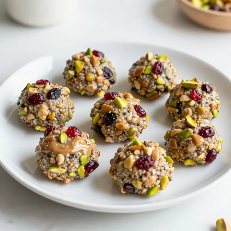 To make these tasty energy bites, gather these simple ingredients: - 1 cup rolled oats - 1/2 cup unsweetened almond butter - 1/3 cup honey or maple syrup - 1/2 cup dried cranberries, chopped - 1/2 cup shelled pistachios, roughly chopped - 1/4 cup chia seeds - 1 teaspoon vanilla extract - A pinch of sea salt These ingredients come together to create a snack that is both healthy and delicious. The oats give a nice chew, while the nuts add crunch. If you want to change up the sweetness, you have options. Maple syrup works well, but you can also use agave syrup. Both options keep the energy bites tasty. If you prefer a sugar-free option, try using stevia or monk fruit sweetener. Just remember, adjust the amount since they can be sweeter than honey. You can swap out some ingredients based on your taste or needs. If you can't find almond butter, use peanut or sunflower seed butter. These give a different flavor and still taste great. For seeds, try pumpkin seeds instead of chia seeds. They will change the texture but still keep the bites healthy. Always feel free to mix and match based on what you have in your pantry! {{ingredient_image_1}} Making cranberry pistachio energy bites is easy and fun. You need just a few steps to create these tasty snacks. Gather your ingredients first. You will need rolled oats, almond butter, honey or maple syrup, dried cranberries, pistachios, chia seeds, vanilla extract, and a pinch of sea salt. The prep time is only 15 minutes. 1. In a large bowl, mix the rolled oats, chopped cranberries, chopped pistachios, chia seeds, and sea salt. Make sure everything is well combined. 2. In another bowl, whisk the almond butter, honey, and vanilla extract. Mix until it is smooth. 3. Pour the wet mix into the dry mix. Use a spatula to blend them until you form a sticky dough. 4. Take small amounts of the mixture and roll them into balls. Each ball should be about one inch wide. If your hands get too sticky, dampen them slightly to help. 5. Place the balls on a baking sheet lined with parchment paper. 6. Refrigerate the energy bites for at least 30 minutes. This will help them firm up. 7. Once they are firm, transfer them to an airtight container. They can stay fresh for up to a week in the fridge or be frozen for longer storage. To get the best texture, ensure your ingredients are fresh. Use a good nut butter. It should be creamy, not too thick. When mixing, don’t overwork the dough; just combine until it sticks together. If your mixture feels too dry, add a little more almond butter or honey. If it's too wet, add some oats or chia seeds. These small tweaks will help you achieve that perfect energy bite texture. One common mistake is not measuring the ingredients. Use measuring cups for accuracy. Too much almond butter can make the mix too sticky. Avoid adding too many sweeteners; they can make it overly sweet. Another mistake is not mixing well. Ensure the dry and wet ingredients blend fully. This helps form the right texture in your energy bites. If your mixture is too dry, add a bit more almond butter or honey. A small amount of water can also help. If it’s too wet, mix in more oats or chia seeds. The chia seeds will absorb excess moisture and help bind everything together. Adjusting the consistency makes rolling the bites easier. You can boost the flavor of these bites with add-ins. Try adding dark chocolate chips for sweetness. Coconut flakes give a tropical touch. You can also mix in different nuts or seeds for a unique crunch. Spices like cinnamon or nutmeg can add warmth to the taste. Experimenting with flavors keeps your energy bites exciting. Pro Tips Keep It Fresh: Use fresh ingredients for the best flavor; opt for the highest quality almond butter and honey or maple syrup. Customize Your Nuts: Feel free to substitute pistachios with other nuts like almonds or walnuts for a different flavor profile. Boost the Nutrition: Add a scoop of protein powder or some flaxseeds to increase the nutritional value of your energy bites. Perfect Storage: Store energy bites in an airtight container; they also freeze well for longer storage, making them perfect for meal prep. {{image_2}} You can switch up the nuts in your energy bites. If you don’t have pistachios, use almonds or cashews. Both work well and add their unique flavor. Walnuts can also be a great choice. Just chop them roughly and mix them in. Each nut brings its own taste and crunch. Mixing flavors can make your energy bites even more fun. Try adding mini chocolate chips for a sweet touch. You can also toss in shredded coconut to give it a tropical vibe. A hint of cinnamon or nutmeg can spice things up. The options are endless, so feel free to get creative! These energy bites can fit many diets. For a vegan option, swap honey with maple syrup. This keeps the bites sweet without using animal products. If you need gluten-free snacks, ensure your oats are certified gluten-free. This way, everyone can enjoy these tasty treats. To keep your Cranberry Pistachio Energy Bites fresh, store them in an airtight container. A glass jar works well, or you can use plastic containers. Make sure to layer them with parchment paper to prevent sticking. Keep them in the fridge for the best taste and texture. This helps maintain their chewiness and flavor. These energy bites can last up to a week in the fridge. If you want to keep them longer, consider freezing. They freeze well and maintain their taste. Just make sure to check for any signs of spoilage before eating. To freeze, place the energy bites in a single layer on a baking sheet. Once frozen, you can transfer them to a freezer bag. This method prevents them from sticking together. When you're ready to enjoy them, take out what you need. Let them thaw in the fridge for a few hours. You can also microwave them for a quick thaw, but be careful not to overheat. Cranberry Pistachio Energy Bites can last up to one week in the fridge. Store them in an airtight container to keep them fresh. If you want them to last longer, freeze them. They will stay good in the freezer for about three months. Just remember to thaw them before enjoying! You can use fresh cranberries, but I do not recommend it. Fresh cranberries are very tart and will change the taste. Dried cranberries add sweetness and a chewy texture. If you still want to try fresh ones, you may need to add extra sweetener to balance the tartness. Yes, these energy bites are great for kids! They are packed with healthy ingredients like oats, nuts, and seeds. The sweet taste of honey or maple syrup makes them fun to eat. Just make sure to supervise younger children, especially with the nuts to avoid choking hazards. Cranberry pistachio energy bites are easy and fun to make. We covered the key ingredients, cooking steps, and tips to avoid mistakes. You can customize these bites with different nuts or flavors. Store them right for the best taste and longevity. Enjoy making these snacks that fit your diet and taste. They are healthy, tasty, and perfect for everyone! Try them out and unleash your creativity in the kitchen.