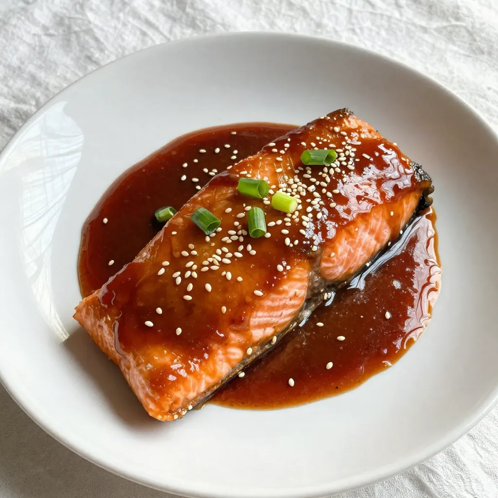 To make Minute Teriyaki Salmon, you will need: - 2 salmon fillets (about 6 oz each) - 1/4 cup soy sauce (low sodium recommended) - 2 tablespoons honey - 1 tablespoon rice vinegar - 1 tablespoon sesame oil - 2 teaspoons grated fresh ginger - 2 cloves garlic, minced - 1 teaspoon cornstarch mixed with 1 tablespoon water (optional for thickening) - 1 tablespoon sesame seeds (for garnish) - 2 green onions, chopped (for garnish) You will find these tools helpful: - A small bowl for mixing the marinade - A whisk for blending ingredients - A shallow dish for marinating the salmon - A large non-stick skillet or cast-iron skillet - A spatula for flipping the salmon You can easily swap some ingredients if needed: - Use maple syrup instead of honey for a vegan option. - Swap rice vinegar with apple cider vinegar if that's what you have. - If you lack sesame oil, use olive oil for cooking. - You can try using ginger powder instead of fresh ginger if you’re in a pinch. - For a different taste, substitute soy sauce with tamari for a gluten-free option. {{ingredient_image_1}} To start, grab a small bowl. In it, mix together the soy sauce, honey, rice vinegar, sesame oil, grated ginger, and minced garlic. This blend makes your teriyaki marinade. Whisk it well until combined. Next, take the salmon fillets and place them in a shallow dish. Pour the marinade over the salmon. Make sure each piece is coated well. Let the salmon marinate for about 10 minutes. This step adds great flavor. Now, let’s cook the salmon. First, heat a large non-stick skillet over medium-high heat. Once hot, take the salmon out of the marinade. Keep the marinade for later. Place the salmon fillets skin-side down in the skillet. Cook for about 4 minutes. Do not move them during this time. This helps the skin crisp up. After 4 minutes, carefully flip the fillets over. Lower the heat to medium. Pour the reserved marinade over the salmon. Cook for another 3 to 4 minutes. Baste the salmon with the sauce as it cooks. If you like a thicker sauce, mix the cornstarch with water. Stir it in now and let it simmer for about a minute. Your salmon is ready when it flakes easily. Once cooked, take the salmon out of the skillet. It’s time to garnish. Sprinkle sesame seeds over the top. Then, add chopped green onions for a fresh touch. Serve the salmon on a plate with some rice or veggies. Enjoy your tasty, quick meal! To get the best texture in your salmon, start with fresh fillets. Look for bright, moist pieces. When cooking, use a hot skillet. This helps create a crispy skin. Cook the salmon skin-side down first. This makes it easier to flip. The salmon should flake easily when done. If you want a softer texture, cook it less. This teriyaki sauce is sweet and salty. You can change the flavor to fit your taste. If you like it sweeter, add more honey. For more saltiness, use a bit more soy sauce. If you want a tangy kick, add more rice vinegar. Taste the marinade before using it. Adjust it as you like to make it perfect for you. Marinating the salmon is key to great flavor. Ten minutes works well for a quick meal. If you have more time, marinate for up to 30 minutes. This gives the salmon a deeper flavor. Just don’t marinate too long, or the fish can become too salty. Always cover the salmon when marinating to keep it fresh. Pro Tips Marinate Longer for Extra Flavor: If time allows, marinate the salmon for up to 30 minutes to enhance the flavor profile even more. Check for Freshness: Ensure you're using fresh salmon fillets for the best taste and texture; look for a vibrant color and a clean smell. Use a Meat Thermometer: For perfect doneness, use a meat thermometer; salmon should reach an internal temperature of 145°F (63°C). Serve with Sides: Pair the teriyaki salmon with steamed rice and vegetables for a complete meal that balances flavors and textures. {{image_2}} You can make this dish even better by adding vegetables. Broccoli, bell peppers, or snap peas work well. Chop them into bite-sized pieces. Toss them in the marinade with the salmon. You can also sauté them in the skillet before cooking the salmon. This way, you get a colorful and healthy meal. If you want a change from salmon, try chicken or tofu. Chicken thighs or breasts also absorb the teriyaki sauce well. If you prefer tofu, use firm or extra-firm tofu. Press it to remove excess water. Cut it into cubes and marinate just like salmon. Cook it in the same way for a tasty twist. You can switch up the sauce to change the flavor. Try teriyaki sauce with a dash of sriracha for spice. You can also use honey soy sauce for a sweeter taste. If you like citrus, add a splash of orange juice. These small changes can give your dish a new life. After you enjoy your teriyaki salmon, store any leftovers in an airtight container. Keep it in the fridge. It will stay fresh for about two days. For the best taste, eat it soon. Make sure the salmon is cool before sealing it. To reheat your salmon, use the oven or a skillet. Preheat your oven to 350°F (175°C). Place the salmon on a baking sheet and cover it with foil. Heat for about 10-15 minutes. If you prefer a skillet, warm it on medium heat. Add a splash of water to keep it moist. Cook for about 5 minutes, flipping halfway through. If you want to save the salmon for later, freezing is a great option. Wrap each piece tightly in plastic wrap. Then, place them in a freezer-safe bag. Remove as much air as possible. The salmon can last up to three months in the freezer. To use, thaw it in the fridge overnight before reheating. Yes, you can use frozen salmon. Just make sure to thaw it first. Place the salmon in the fridge overnight or run it under cold water. Once it’s thawed, pat it dry before marinating. This helps the marinade stick better. You have many tasty options to pair with teriyaki salmon. Some favorites include: - Steamed rice - Quinoa - Sautéed vegetables - A fresh green salad - Noodles These sides add color and flavor to your meal. They also balance the sweet and salty notes of the teriyaki sauce. To check if the salmon is done, look for a few signs. The fish should flake easily with a fork. The color should change from a deep pink to a lighter shade. If you have a food thermometer, the internal temperature should reach 145°F. This means it’s safe to eat and still juicy! This guide covered everything you need for teriyaki salmon. We discussed key ingredients, recommended tools, and simple substitutions. You learned step-by-step instructions for marinating, cooking, and serving the salmon. Tips for perfect texture and flavor added more depth. We explored various ways to add veggies and other proteins. Lastly, we shared storage tips to keep your leftovers fresh. In conclusion, cooking teriyaki salmon is simple and fun. With practice, you will impress anyone at your table. Enjoy experimenting with flavors and enjoy your dish!