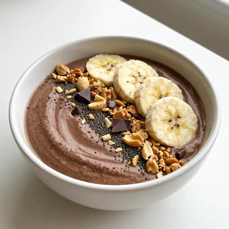 - 1 ripe frozen banana - 1/2 cup almond milk (or milk of choice) - 2 tablespoons natural peanut butter - 1 tablespoon unsweetened cocoa powder The key to a great Peanut Butter Chocolate Smoothie Bowl lies in its main ingredients. A ripe frozen banana brings natural sweetness and a creamy base. The almond milk, or your milk choice, adds a smooth texture. Natural peanut butter gives that rich, nutty flavor. Cocoa powder adds a deep chocolate taste. - 1 tablespoon honey or maple syrup - 1/4 cup Greek yogurt You can make this bowl sweeter with honey or maple syrup. Greek yogurt adds creaminess and protein, making it more filling. - Sliced banana - Granola - Chia seeds - Dark chocolate shavings - Crushed peanuts Toppings are where you can get creative! Sliced banana adds freshness. Granola gives a nice crunch. Chia seeds add fiber and nutrients. Dark chocolate shavings enhance the chocolate flavor. Crushed peanuts boost the nutty taste and crunch. This list of ingredients helps you create a balanced and delicious treat. {{ingredient_image_1}} Start by gathering your ingredients. Place the frozen banana and almond milk in your blender. Blend these until smooth. Next, add the peanut butter and cocoa powder. Blend again until well mixed. To sweeten, add honey or maple syrup along with the vanilla extract. If you're using Greek yogurt, toss that in too. If your smoothie is too thick, add more almond milk. Blend it again until it reaches your desired thickness. Smoothness is key! Stop the blender and scrape down the sides if needed. This way, you ensure all ingredients mix well. Pour the blended mixture into a bowl. Use a spatula to spread it evenly. Now comes the fun part! Decorate the top of your smoothie bowl. Add sliced banana, a sprinkle of granola, chia seeds, dark chocolate shavings, and crushed peanuts. This adds flavor and makes your bowl look beautiful. Enjoy your treat right away! A ripe banana makes a great smoothie. Look for bananas that have brown spots. These bananas are softer and sweeter. Freezing the banana helps create a creamy texture. Peel and slice the banana before freezing. It will blend better when frozen. You can make your smoothie bowl creamier. Adding Greek yogurt gives it a rich texture. If you want more sweetness, try honey or maple syrup. Adjust the amount based on your taste. You can also add a bit of vanilla extract to boost the flavor. A good blender is key for a smooth bowl. Look for blenders with strong motors. They blend frozen fruit well and create a creamy texture. Brands like Vitamix or Ninja are great choices. Clean your blender right after use. This keeps it working well and saves time later. Pro Tips Use Frozen Bananas: Frozen bananas not only add creaminess to your smoothie bowl but also help create a thick texture that’s perfect for a bowl presentation. Adjust Sweetness: Customize the sweetness of your smoothie bowl by adjusting the honey or maple syrup to your taste. Start with less and add more if needed. Experiment with Toppings: Get creative with toppings! Try adding sliced strawberries, coconut flakes, or even nut butter drizzle for extra flavor and texture. Blend to Your Preference: Blend until you reach your desired consistency. For a thicker bowl, blend less; for a smoother drinkable smoothie, blend more. {{image_2}} You can switch peanut butter for other nut butters. Almond butter adds a nutty taste. Cashew butter brings a creamy texture. Both options still give you that yummy flavor. You can enjoy the same smoothness with these swaps. Try them to find your favorite! If you want a dairy-free choice, use coconut yogurt instead of regular yogurt. It adds a tropical twist. You can also replace almond milk with oat milk. Oat milk is creamy and works well. Both options keep your smoothie bowl delicious and smooth! Want a nutrition boost? Add a handful of spinach. It mixes well and you won’t taste it. You can also toss in some protein powder. It helps you feel full longer. Both options make your bowl healthier without changing the taste. To store leftovers, place your smoothie bowl in an airtight container. Keep it in the fridge. It will stay fresh for up to two days. If you want to save it longer, try freezing it. Pour the smoothie into ice cube trays or freezer bags. This way, you can enjoy it later in smaller portions. You can revive your smoothie bowl by blending it again. Add a splash of almond milk for moisture. Blend until smooth and creamy. This helps bring back its fresh texture and flavor. Each ingredient has a different shelf life: - Bananas: Best when used fresh, but frozen bananas last up to six months. - Almond milk: Once opened, it lasts about a week in the fridge. - Peanut butter: Can last several months in the pantry. - Cocoa powder: It can last up to two years when stored in a cool, dry place. - Honey or maple syrup: These sweeteners can last indefinitely if stored properly. - Greek yogurt: Use it within one to three weeks after opening. Knowing how to store your ingredients helps you enjoy this treat longer! Yes, you can mix this smoothie bowl without a blender. Use a fork or potato masher to mash the banana in a bowl. Add almond milk, peanut butter, cocoa powder, honey or maple syrup, and vanilla extract. Stir until you get a combined mix. This method takes a bit more effort but still works well for a creamy treat. To make this recipe vegan, swap the Greek yogurt for coconut yogurt. Use maple syrup instead of honey for sweetness. Choose any plant-based milk, like oat or soy milk. These changes keep the recipe tasty and completely plant-based. Peanut butter is rich in protein and healthy fats. It helps keep you full and satisfied. Bananas provide potassium and fiber, which are great for heart health. Almond milk is low in calories and adds a creamy texture. Cocoa powder is full of antioxidants. Together, these ingredients create a balanced and nutritious meal. This blog post shows you how to make a great smoothie bowl. We covered the needed ingredients and added tips for flavor. You can change this base recipe with different nut butters or sweeteners. Remember to pick ripe bananas and choose the right blender. Store any extra in the fridge or freezer. With this guide, you’ll enjoy a healthy, tasty treat anytime. Get creative with your toppings and enjoy the process!