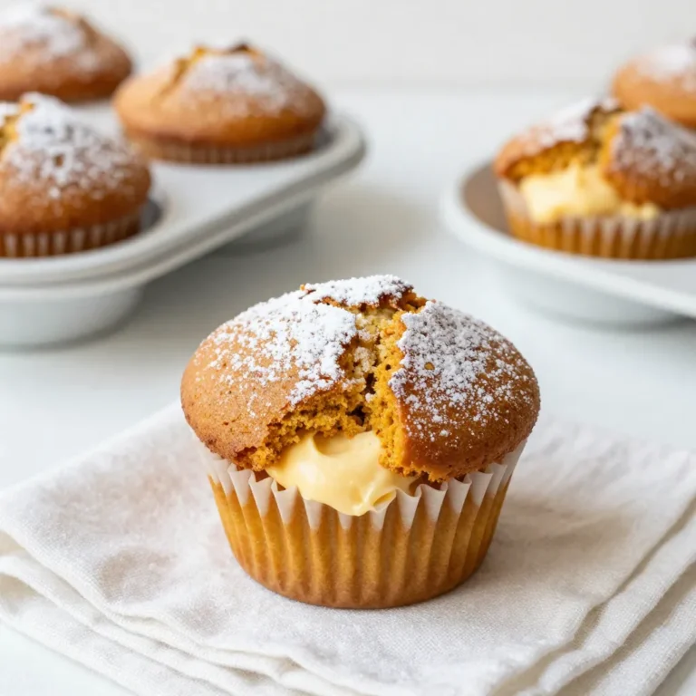 To make these pumpkin cream cheese muffins, you'll need: - 1 cup canned pumpkin puree - 1/3 cup vegetable oil - 1 cup granulated sugar - 2 large eggs - 1 teaspoon vanilla extract - 1 ½ cups all-purpose flour - 1 teaspoon baking powder - 1 teaspoon baking soda - 1 teaspoon ground cinnamon - ½ teaspoon ground nutmeg - ¼ teaspoon ground ginger - ½ teaspoon salt - 4 oz cream cheese, softened - 2 tablespoons powdered sugar - 1 teaspoon milk (for cream cheese filling) Using the right measurements is key. If you don't have canned pumpkin puree, you can use fresh pumpkin. Just cook and puree it first. You can swap vegetable oil with melted coconut oil or applesauce for a healthier option. For the cream cheese, you can use Greek yogurt if you want a lighter filling. For extra flair, you can dust the muffins with powdered sugar. A simple glaze made from powdered sugar and milk also adds a lovely touch. If you like, sprinkle some chopped nuts or chocolate chips on top before baking for added crunch and flavor. {{ingredient_image_1}} Start by preheating your oven to 350°F (175°C). This step ensures even baking. While the oven heats, grab a muffin tin. Line it with paper liners or spray it with cooking spray. This makes it easy to remove the muffins later. In a large bowl, mix the wet ingredients. Add 1 cup of canned pumpkin puree, 1/3 cup of vegetable oil, 1 cup of granulated sugar, 2 large eggs, and 1 teaspoon of vanilla extract. Use a whisk to blend it until smooth. In another bowl, sift 1 ½ cups of all-purpose flour, 1 teaspoon of baking powder, 1 teaspoon of baking soda, 1 teaspoon of ground cinnamon, ½ teaspoon of ground nutmeg, ¼ teaspoon of ground ginger, and ½ teaspoon of salt. This helps distribute the dry ingredients evenly. Now, combine the dry mix with the wet mixture. Add the dry ingredients to the wet gently. Stir until just combined; some lumps are okay. Next, prepare the cream cheese filling. In a separate bowl, beat 4 oz of softened cream cheese with 2 tablespoons of powdered sugar and 1 teaspoon of milk. Mix until it is smooth and creamy. Take your prepared muffin tin. Spoon 1 tablespoon of pumpkin batter into each muffin cup. Then, add a teaspoon of cream cheese filling on top. Cover this with another tablespoon of pumpkin batter. Repeat until all cups are filled. Bake in the oven for about 20 to 25 minutes. Check if they are done by inserting a toothpick in the center. If it comes out clean, they are ready! Let the muffins cool in the pan for 5 minutes. Then, transfer them to a wire rack to cool completely. To get moist muffins, use canned pumpkin puree. It adds moisture and flavor. Also, don’t skip the oil; it keeps your muffins soft. Measure your ingredients carefully. Too much flour can make them dry. Adding spices like cinnamon and nutmeg enhances the taste and aroma. Finally, don’t overbake them. Check for doneness at 20 minutes. When you mix the batter, do it gently. Overmixing can make your muffins tough. Stir the wet and dry ingredients until just combined. A few lumps are okay. This keeps the texture light and fluffy. Remember, the goal is to keep air in the batter. For the cream cheese filling, soften the cheese first. This makes it easier to mix. Combine it with powdered sugar and milk until smooth. Use a small spoon to add the filling. Place it in the center of the batter. Cover it with more batter to keep it from leaking out. This helps the filling stay creamy inside. Pro Tips Use Fresh Spices: For the best flavor, use fresh ground spices instead of pre-ground ones. This enhances the aroma and taste of your muffins. Check Doneness: To ensure your muffins are perfectly baked, insert a toothpick into the center. It should come out clean or with a few moist crumbs, not wet batter. Cool Completely: Allow muffins to cool completely on a wire rack before storing. This prevents them from becoming soggy and keeps them fresh longer. Experiment with Add-Ins: Feel free to add nuts, chocolate chips, or dried fruit to the batter for a delicious twist on the classic recipe. {{image_2}} You can change your muffins by adding nuts or chocolate chips. Chopped walnuts or pecans give a nice crunch. They also add healthy fats. If you want sweetness, add chocolate chips. Use semi-sweet or dark chocolate for a rich flavor. Mix in about half a cup when adding the dry ingredients. This will make each bite special and fun. While cinnamon, nutmeg, and ginger work well, feel free to mix it up. You can try allspice for a warm taste. Cardamom adds a unique twist. If you love chai, add some chai spice mix. Just remember to keep the total spice amount similar to the original recipe. This keeps the muffins balanced and tasty. If you want a gluten-free option, swap all-purpose flour for a gluten-free blend. Make sure it has a good binding agent. For a dairy-free version, use a dairy-free cream cheese. You can find these in most stores now. Use almond milk or coconut milk instead of regular milk in your cream cheese filling. This way, everyone can enjoy these yummy muffins! To keep your pumpkin cream cheese muffins fresh, store them in an airtight container. Line the container with paper towels. This helps absorb extra moisture. Place the muffins in a single layer to avoid squishing. You can store them at room temperature for up to three days. For longer storage, consider refrigerating them. They can last about a week in the fridge. Freezing is a great option for these muffins. First, let them cool completely. Wrap each muffin tightly in plastic wrap. Then, place them in a freezer bag. Make sure to remove as much air as possible. You can freeze them for up to three months. When you're ready to enjoy them, just take out as many as you need. To reheat, you have two easy options. You can use a microwave or an oven. If using a microwave, place the muffin on a plate and heat for about 15-20 seconds. For a crispy top, use the oven. Preheat it to 350°F (175°C). Place the muffin on a baking sheet and heat for about 10 minutes. Enjoy your warm, soft muffins! Yes, you can make these muffins ahead of time. You can bake them a day or two in advance. Just store them in an airtight container at room temperature. If you want to keep them longer, freeze them. Place the muffins in a freezer bag. They can last up to three months. When ready, just thaw them on the counter. If you don't have canned pumpkin puree, you can use homemade pumpkin puree. Just roast a pumpkin, scoop out the flesh, and blend until smooth. You can also use other pureed squash, like butternut squash. Both options work well in this recipe. To check if the muffins are done, insert a toothpick into the center. If it comes out clean, your muffins are ready. You can also gently press the top; it should spring back. If it leaves a dent, give them a few more minutes. This blog post covered all the key steps to make delicious muffins. We explored the main ingredients and how to measure them. You learned how to mix the batter and make the cream cheese filling. I shared tips to keep your muffins moist and tasty. We also discussed fun variations and storage tips. In conclusion, follow these steps, and you will bake great muffins every time. Enjoy experimenting with flavors and perfecting your recipe!