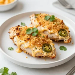 - Chicken Breast: 4 boneless, skinless - Cheese Mixture: Cream cheese (1 cup), Sharp cheddar cheese (1 cup) - Jalapeños: 1/2 cup diced (fresh or pickled) - Seasonings: Garlic powder (1 teaspoon), Onion powder (1 teaspoon), Salt and pepper to taste - Bread Crumb Coating: 1/4 cup breadcrumbs - Cooking Essential: Olive oil or melted butter for brushing - Garnish: Fresh cilantro or parsley (optional) Gathering these ingredients is the first step to making Jalapeño Popper Stuffed Chicken. The chicken breasts serve as the perfect base for a cheesy, spicy filling. By using cream cheese and sharp cheddar, you get a rich and creamy texture. The diced jalapeños add that signature pop of heat, which you can adjust based on your taste. Garlic and onion powders give the dish extra depth. Don’t forget to season with salt and pepper! The breadcrumbs bring a nice crunch when baked. You can use olive oil or melted butter to help them stick. Fresh cilantro or parsley is optional, but it adds a nice touch of color and flavor when serving. With these ingredients, you’re set to create a delicious meal that’s simple yet packed with flavor! {{ingredient_image_1}} - Preheat Oven: Set to 375°F (190°C). This helps cook the chicken evenly. - Mix Cheese Filling: In a bowl, combine 1 cup of cream cheese, 1 cup of sharp cheddar cheese, 1/2 cup of diced jalapeños, 1 teaspoon of garlic powder, 1 teaspoon of onion powder, and salt and pepper. Mix until smooth. - Prepare Chicken Breasts: Take 4 boneless, skinless chicken breasts. Use a sharp knife to create a pocket by slicing horizontally. Don’t cut all the way through. - Fill Chicken: Take the cheese-jalapeño mixture and stuff each chicken breast. Divide the filling evenly among the breasts. - Secure Openings: If needed, use toothpicks to hold the chicken closed. This keeps the filling inside while cooking. - Bread Chicken: Dip each stuffed breast in olive oil or melted butter. Then, coat them thoroughly with 1/4 cup of breadcrumbs. - Baking Process: Place the stuffed chicken on a baking sheet lined with parchment paper. Bake for 25-30 minutes. The chicken should reach an internal temperature of 165°F (75°C), and the breadcrumbs will turn golden brown. - Ensure Chicken is Evenly Cooked: Always check the internal temperature. Use a meat thermometer to ensure it reaches 165°F (75°C). This step is key for food safety and taste. - Tips for Juiciness: Avoid overcooking the chicken. It can dry out quickly. Cook it just until the juices run clear for tender results. Resting the chicken for a few minutes after baking helps keep it juicy. - Pairing Ideas: Serve your Jalapeño Popper Stuffed Chicken with a fresh salad or rice. A side of roasted veggies adds color and taste. Consider a creamy dipping sauce for an extra kick. - Presentation Tips: For a beautiful plate, slice the chicken to show the stuffing. Garnish with fresh cilantro or parsley for color. A squeeze of lime juice can brighten the flavors and make the dish pop. Pro Tips Choose Your Heat Level: Depending on your preference, you can use fresh jalapeños for a spicier kick or pickled jalapeños for a milder flavor. Secure the Pocket: If the chicken breasts are not holding the filling well, use toothpicks to secure the openings to prevent leakage during cooking. Breadcrumb Alternatives: For a gluten-free option, substitute regular breadcrumbs with crushed gluten-free crackers or almond flour. Resting Time is Key: Allow the stuffed chicken to rest for a few minutes after baking to ensure the juices redistribute for a moist and flavorful bite. {{image_2}} Want more heat in your Jalapeño Popper Stuffed Chicken? You can easily increase the spice level. Here are a few simple ways: - Increase Heat: Add more jalapeños to the filling. You can also try using different pepper types, like serrano or poblano. Each pepper brings a unique flavor and heat level. - Adding Spices: Consider mixing in cayenne pepper or smoked paprika. These spices add depth and a nice kick to the dish. If you want to change up the flavor, try these cheese options: - Alternative Cheese Options: Instead of cream cheese, use a blend of ricotta and cream cheese for a lighter filling. For a vegan choice, opt for cashew cheese or tofu blended with nutritional yeast. - Flavor Enhancements: Add fresh herbs like chives or parsley to the cheese blend. You can also use flavored cheeses, like pepper jack or garlic cheese, to make it extra special. Store your Jalapeño Popper Stuffed Chicken in the fridge for 3-4 days. Keep it in an airtight container. If you want to freeze it, wrap each piece tightly in plastic wrap. Then, place them in a freezer bag. This way, they can last for up to three months. Label the bag with the date, so you know when to use it. You can reheat stuffed chicken in the microwave or oven. The oven is best for keeping the chicken juicy. Preheat your oven to 350°F (175°C). Place the chicken on a baking sheet and cover it with foil. Heat for about 15-20 minutes. If using the microwave, place the chicken on a plate. Cover it with a damp paper towel. Heat in short bursts of 1-2 minutes. This helps keep the chicken moist. To avoid overcooking, check the chicken often. The goal is to warm it, not cook it again. Enjoy the same great taste as the first time! Can I make Jalapeño Popper Stuffed Chicken ahead of time? Yes, you can prepare the chicken in advance. Stuff the chicken breasts and coat them in breadcrumbs. Then, cover and refrigerate for up to 24 hours. When ready to cook, just bake them straight from the fridge, adding a few extra minutes to the cooking time. What can I serve with Jalapeño Popper Stuffed Chicken? This dish pairs well with several sides. Consider serving it with: - Roasted vegetables - Rice or quinoa - A fresh garden salad - Mashed potatoes These options balance the spice and richness of the chicken. How can I adjust the spice level? To control the heat, you can: - Use fewer jalapeños or opt for mild varieties. - Remove the seeds and membranes from the jalapeños before dicing. - Incorporate cream cheese to tone down the heat. Adjust these elements to suit your taste. Is there a vegetarian version of this recipe? Yes, you can create a vegetarian version. Substitute chicken breasts with large portobello mushrooms or zucchini boats. Use the same cream cheese and cheese mixture for stuffing. This keeps the creamy and spicy flavor intact without meat. Can I use chicken thighs instead of breasts for this recipe? Absolutely! Chicken thighs work well for this dish. They are juicier and more flavorful than breasts. Just ensure you adjust the cooking time slightly, as thighs may take a bit longer to cook through. Aim for the same internal temperature of 165°F (75°C). In this blog post, we covered the key ingredients and detailed steps to make Jalapeño Popper Stuffed Chicken. You learned how to prepare, stuff, coat, and bake the chicken. We shared tips for cooking it perfectly and ideas for serving and storage. Experimenting with spice levels and cheese choices can make the dish your own. With these simple steps, you can create a tasty meal that impresses anyone. Enjoy cooking and making this dish a new favorite!