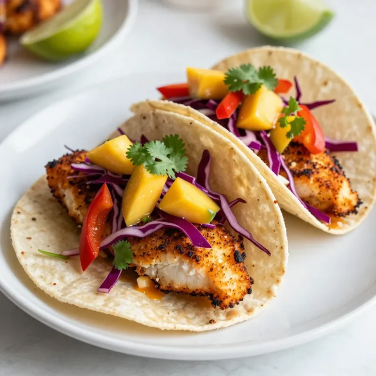 - 4 firm white fish fillets (tilapia or mahi-mahi) - 2 tablespoons paprika - 1 teaspoon cayenne pepper - 1 teaspoon garlic powder - 1 teaspoon onion powder - 1 teaspoon dried oregano - 1 teaspoon salt - 1/2 teaspoon black pepper - 2 tablespoons olive oil (for cooking) - 8 small corn tortillas The main ingredients focus on the fish and spices. The firm white fish holds up well against the heat. Paprika gives a deep flavor, while cayenne adds heat. Garlic and onion powders enhance the taste. Dried oregano brings a nice earthiness. Salt and black pepper balance all the flavors. - 1 cup shredded red cabbage - 1 ripe mango, diced - 1/2 red bell pepper, thinly sliced - 1/4 cup fresh cilantro, chopped - 1 tablespoon lime juice - Salt and pepper to taste The mango slaw bursts with flavor and color. Red cabbage adds crunch and a vibrant hue. Ripe mango provides sweetness, while red bell pepper adds a fresh crunch. Fresh cilantro enhances the dish with bright notes. Lime juice gives a zesty kick, while salt and pepper balance the flavors. - Extra lime wedges - Sliced jalapeños - Avocado slices - Crumbled queso fresco These toppings let you customize each taco. Extra lime wedges add more brightness. Sliced jalapeños bring heat for those who love spice. Creamy avocado balances the flavors. Crumbled queso fresco adds a salty richness. Each option makes your tacos even more delicious! {{ingredient_image_1}} To start, gather your ingredients. You need four fish fillets, like tilapia or mahi-mahi. These fish work well because they cook quickly and stay moist. Next, make the spice blend. In a small bowl, mix two tablespoons of paprika, one teaspoon of cayenne pepper, one teaspoon of garlic powder, one teaspoon of onion powder, one teaspoon of dried oregano, one teaspoon of salt, and half a teaspoon of black pepper. This mix gives the fish its bold flavor. Now, dry the fish fillets with paper towels. This step helps the spices stick better. Rub the spice blend on each fillet, covering both sides. You want an even coat to get that nice blackened crust. Heat two tablespoons of olive oil in a large skillet over medium-high heat. Once the oil is hot, carefully place the fish in the skillet. Cook for about three to four minutes on each side. The fish should be dark and cooked through. After cooking, remove the fish from the skillet and let it rest. While the fish rests, let’s prepare the mango slaw. In a mixing bowl, combine one cup of shredded red cabbage, one ripe diced mango, half a red bell pepper thinly sliced, and a quarter cup of chopped fresh cilantro. Next, drizzle one tablespoon of lime juice over the mixture. Add salt and pepper to taste. Gently toss everything together until well mixed. The sweet mango and crunchy cabbage balance the spicy fish perfectly. Now it’s time to build the tacos. Start by warming eight small corn tortillas in a separate skillet. Heat them for about 30 seconds on each side until they are soft and pliable. Once warmed, flake the blackened fish into bite-sized pieces. Place the fish on each tortilla and top with the mango slaw. For an extra zing, squeeze more lime juice over the tacos. Enjoy your delicious blackened fish tacos with mango slaw! To get the best blackened fish, start with dry fillets. Drying helps the spices stick well. Use a mix of paprika, cayenne, garlic powder, onion powder, oregano, salt, and black pepper. Rub this mix on both sides of each fillet. Heat olive oil in a skillet until hot. Cook the fish for 3-4 minutes on each side. Watch for a dark crust to form. This is your sign that it's blackened. You can also grill or bake the fish if you prefer. For grilling, preheat your grill to medium-high. Oil the grill grates to prevent sticking. Cook the fish for about 4-5 minutes on each side. For baking, set the oven to 400°F (200°C). Place the fish on a baking sheet and bake for 12-15 minutes. Both methods keep the fish juicy and flavorful. To make your tortillas soft and warm, heat them in a skillet. Use medium heat and warm each tortilla for 30 seconds on both sides. You can also wrap them in foil and place them in the oven at 350°F (175°C) for about 10 minutes. This makes them easy to fold and fill. Warm tortillas enhance the taco experience. Pro Tips Use Fresh Ingredients: Always opt for fresh fish and ripe mango for the best flavor and texture in your tacos. Adjust the Spice Level: Feel free to adjust the amount of cayenne pepper in the spice blend to suit your heat preference. Rest the Fish: Letting the cooked fish rest for a few minutes before flaking helps retain moisture and improves flavor. Experiment with Toppings: Try adding avocado slices or a drizzle of spicy crema for an extra layer of flavor. {{image_2}} You can switch the fish for shrimp or chicken. Shrimp cooks fast and has great flavor. Use the same spice blend. For chicken, use boneless breasts or thighs. Grill or pan-sear them until cooked through. Both options taste amazing and add variety to your tacos. You can change the slaw to match your taste. Try a mix of green and red cabbage for crunch. Add diced pineapple or mango for extra sweetness. You can even use apples or jicama for a fresh twist. This makes the dish fun and colorful! Adjust the spice level to suit your taste. If you like it hot, add more cayenne pepper. You can also use jalapeños in the slaw for an extra kick. For milder flavors, reduce the cayenne and add more paprika. It’s all about what you enjoy! To store leftover fish tacos, place them in an airtight container. Make sure the fish and slaw stay separate. This keeps the tortillas from getting soggy. You can store them in the fridge for up to two days. If you want to enjoy them later, consider freezing. If you want to freeze the fish and slaw, place them in separate freezer bags. Make sure to remove as much air as possible. The fish can last up to three months in the freezer. The slaw is best eaten fresh, but you can freeze it for about a month. Thaw them overnight in the fridge before using. To reheat the blackened fish, place it in a skillet over low heat. Heat for about 5 minutes until warm. You can also microwave it for about 30 seconds. Just be careful; overheating can dry it out. For the slaw, serve it cold for the best flavor. Enjoy your tacos fresh! For blackening, I recommend using firm white fish like tilapia or mahi-mahi. These fish hold up well to high heat. They also soak up the spices nicely, giving you great flavor. Other options include snapper or catfish. Each option brings its own taste, so feel free to experiment! Yes, you can easily make this recipe gluten-free. Just use corn tortillas instead of flour ones, as they are naturally gluten-free. Be sure to check the spice labels, too. Some spice blends may contain gluten, so choose ones that are certified gluten-free. You can store leftovers in the fridge for up to three days. Keep the fish and slaw in separate airtight containers. This helps maintain texture and flavor. If you want to keep them longer, you can freeze the fish for up to three months. Just thaw in the fridge before reheating. You now have a complete guide to making delicious blackened fish tacos. We explored the key ingredients and step-by-step instructions. I shared tips for perfecting the blackening technique and offered fun variations to keep things fresh. Plus, you’ll find info on storing leftovers and reheating them perfectly. Enjoy making these tacos at home and customize them to your taste! You’ll impress your friends and family with your new skills.