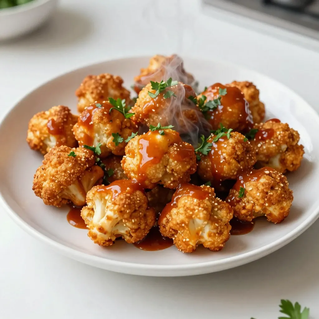 To make these tasty Buffalo Cauliflower Bites, gather these simple ingredients: - 1 large head of cauliflower, cut into bite-sized florets - 1 cup all-purpose flour - 1 cup almond milk (or other plant-based milk) - 1 teaspoon garlic powder - 1 teaspoon paprika - 1/2 teaspoon salt - 1/2 teaspoon black pepper - 1 cup buffalo sauce (store-bought or homemade) - 2 tablespoons olive oil - Fresh parsley or cilantro for garnish These ingredients come together to create a crunchy, spicy treat that everyone will love. You can add your own twist to the dish. Here are some optional ingredients to consider: - Nutritional yeast for a cheesy flavor - Cayenne pepper for extra heat - Fresh lime juice for a zesty kick - Chopped green onions for added freshness Try these options to make your Buffalo Cauliflower Bites unique! Choosing the right buffalo sauce can elevate your bites. Here are some popular brands I recommend: - Frank's RedHot Original - Crystal Hot Sauce - Tapatío Hot Sauce - Homemade buffalo sauce with butter and hot sauce mix Each of these brands brings its own flavor profile to the table. You can pick based on your heat preference! {{ingredient_image_1}} Start by taking one large head of cauliflower. Cut it into bite-sized florets. You want each piece to be about the same size. This helps them cook evenly. Rinse the florets under cold water. Dry them well with a clean towel. Removing excess water is key to making them crispy. In a large bowl, add one cup of all-purpose flour. Then, pour in one cup of almond milk or other plant-based milk. Next, add one teaspoon of garlic powder, one teaspoon of paprika, half a teaspoon of salt, and half a teaspoon of black pepper. Whisk the mix until it becomes smooth. The batter should be thick enough to coat each floret well. If it seems too thin, add a little more flour. Preheat your oven to 450°F (232°C). Line a baking sheet with parchment paper. Dip each cauliflower floret into the batter. Make sure each piece is fully covered. Place them on the baking sheet in a single layer. Bake for 20-25 minutes. Flip them halfway for even cooking. You want them golden brown and crispy. While they bake, mix one cup of buffalo sauce with two tablespoons of olive oil in a bowl. Once the cauliflower is baked, drizzle the buffalo sauce over them. Toss gently to coat. Return them to the oven for another 10 minutes. This helps the sauce caramelize, adding great flavor. Let them cool for a few minutes before serving. Enjoy the tasty bites garnished with fresh parsley or cilantro! To get your cauliflower bites nice and crispy, follow these tips: - Use a thick batter. Mix flour, almond milk, and spices until smooth. The batter should cling well to the florets. - Don’t overcrowd the baking sheet. Give each piece space to cook evenly. This helps them crisp up. - Flip halfway through baking. Turning the bites ensures all sides get golden and crunchy. - Preheat your oven well. A hot oven makes the batter crisp faster. Aim for 450°F (232°C). Making your own buffalo sauce is easy and fun. Here’s a simple way: 1. Combine hot sauce and oil. In a bowl, mix 1 cup of your favorite hot sauce with 2 tablespoons of olive oil. 2. Add flavor. For extra taste, add garlic powder or a splash of vinegar. Adjust to your liking. 3. Mix well. Stir until smooth. This sauce adds heat and flavor to your cauliflower bites. You can take your buffalo cauliflower bites to the next level with these ideas: - Add spices. Experiment with cayenne pepper for extra heat or smoked paprika for a deeper flavor. - Try different coatings. Use panko breadcrumbs for added crunch. Mix them into the batter or sprinkle on top. - Garnish creatively. Fresh herbs like parsley or cilantro brighten up the dish. They also add a pop of color. - Serve with dips. Pair with ranch or blue cheese dressing for a creamy contrast to the heat. Pro Tips Choose the Right Cauliflower: Look for a cauliflower head that is firm, with tightly packed florets and no brown spots for the best texture and flavor. Make it Spicy: If you love heat, consider adding some cayenne pepper or hot sauce to the batter for an extra kick before baking. Perfectly Crispy Bites: For even crispier bites, give the cauliflower florets a light spray of cooking oil before baking. Serving Suggestions: Pair these buffalo cauliflower bites with a side of creamy ranch or blue cheese dressing for dipping. {{image_2}} You can spice up your Buffalo cauliflower bites in many ways. Add hot sauce to the batter for extra heat. Try using a spicy barbecue sauce instead of buffalo sauce for a different flavor. Sriracha also works well for a zesty kick. If you want a creamy dip, mix ranch dressing with some buffalo sauce. This gives you a fun twist that's still tasty. These bites can fit many diets. To make them gluten-free, swap all-purpose flour with almond or chickpea flour. Both work well and keep the bites crunchy. You can also use any plant-based milk you prefer. Coconut milk adds a rich flavor. For a nut-free option, use oat milk. These adjustments keep the dish plant-based and friendly for gluten-free eaters. Get creative with your spices! Mix in some cumin or cayenne pepper for a warm taste. You can also use smoked paprika for a deeper flavor. Dried herbs like oregano or thyme can add a nice touch too. Experiment with these blends to find your favorite flavor profile. Each combination gives the bites a unique twist, making them fun to enjoy over and over. To keep your leftover cauliflower bites fresh, let them cool first. Place them in an airtight container. You can store them in the fridge for up to three days. Make sure to separate layers with parchment paper. This helps prevent sticking. To enjoy the bites again, reheat them in the oven. Preheat your oven to 400°F (204°C). Spread the bites on a baking sheet. Heat for about 10 to 15 minutes. This restores their crunch. You can also use an air fryer for a quick reheat. Set it to 350°F (177°C) and heat for about 5 minutes. If you want to save some for later, freezing is a great option. First, let the bites cool completely. Lay them out in a single layer on a baking sheet. Freeze them for about an hour. Once frozen, transfer them to a freezer bag. They can last for up to three months. When you’re ready to eat, bake them straight from the freezer. Adjust cooking time as needed. Yes, you can make Buffalo Cauliflower Bites in an air fryer. Air fryers cook food fast while keeping it crispy. To do this, coat the cauliflower florets as in the oven method. Then, place them in the air fryer basket in a single layer. Set the air fryer to 400°F (204°C) and cook for 15-20 minutes. Shake the basket halfway through to ensure even cooking. This method gives you a crunchy and delicious result with less oil. Leftover Buffalo Cauliflower Bites can last in the fridge for about 3-4 days. Store them in an airtight container to keep them fresh. Make sure they cool down before you seal the container. If you want to enjoy them later, it's best to reheat them in the oven or air fryer for the best texture. Microwaving can make them soggy, so avoid that if you can. There are many tasty sauces to pair with Buffalo Cauliflower Bites. Here are a few options: - Ranch dressing: This creamy sauce balances the heat of the buffalo sauce. - Blue cheese dressing: A classic choice that adds rich flavor. - Honey mustard: This sweet and tangy sauce makes a fun dip. - Guacamole: For a fresh and creamy contrast, try guacamole. - Sriracha mayo: Mix mayo with sriracha for a spicy kick. Feel free to mix and match to find your favorite! Buffalo Cauliflower Bites are simple and fun to make. We covered ingredients, step-by-step cooking, and tips for crispiness. You can even customize flavors to suit your taste. Storage advice ensures you save leftovers easily. Experiment with sauces and seasonings to create different flavors. These bites are not just tasty; they fit many diets too. Enjoy making them for your next gathering, snack, or meal. You will love how easy and delicious they are!
