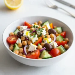 - 1 can (15 oz) chickpeas, rinsed and drained - 1 cup cherry tomatoes, halved - 1 cucumber, diced - 1/2 red onion, finely chopped - 1 bell pepper (any color), diced - 1/2 cup kalamata olives, pitted and halved - 1/3 cup feta cheese, crumbled - 2 tablespoons fresh parsley, chopped - 2 tablespoons olive oil - 2 tablespoons lemon juice - 1 teaspoon dried oregano - Salt and pepper to taste Gathering fresh ingredients is key. I love using canned chickpeas for ease. They provide protein and fiber. Rinse them well to remove extra sodium. Next, grab colorful cherry tomatoes. Halving them makes a sweet bite. A crisp cucumber adds crunch. Dice it into small pieces for balance. Now, choose a red onion. Finely chop it for a strong flavor. A bell pepper adds more color and taste. You can use any color you like. Kalamata olives bring a briny touch. Halve them to spread the flavor. Don't forget the feta cheese! Crumbling it will make it melt into the salad. Fresh parsley adds a pop of green and fresh taste. For the dressing, olive oil and lemon juice work well together. Mix them with dried oregano, salt, and pepper. This dressing ties everything together. Each ingredient brings its own taste to the dish, making it fresh and flavorful. This Greek Chickpea Salad is not only simple to make, but it also bursts with bright flavors. Enjoy mixing and matching your favorite ingredients! {{ingredient_image_1}} 1. Combine salad ingredients in a bowl: Start by rinsing and draining one can of chickpeas. Place them in a large bowl. Next, add one cup of halved cherry tomatoes, one diced cucumber, and half a finely chopped red onion. Toss in one diced bell pepper and half a cup of halved kalamata olives. Finally, crumble in a third cup of feta cheese. This mix not only looks bright but also brings lots of flavors. 2. Prepare the dressing: In a separate small bowl, whisk together two tablespoons of olive oil, two tablespoons of fresh lemon juice, and one teaspoon of dried oregano. Add salt and pepper to taste. This dressing is tangy and perfect for our salad. 3. Toss salad with dressing: Drizzle the dressing over the salad ingredients. Gently toss everything together. Make sure every piece is coated with the dressing. This step is key for flavor. 4. Let it sit to meld flavors: Allow the salad to sit for about 10 minutes at room temperature. This time lets the flavors mix and enhances the taste. Now, you’re ready to enjoy a fresh and delicious Greek chickpea salad! You can easily change up this Greek chickpea salad. Here are some fun ideas: - Add more veggies or proteins: Try adding diced carrots or radishes for crunch. You can also mix in grilled chicken, shrimp, or even some cooked quinoa for added protein. - Use different types of cheese: If you want a twist, swap feta with goat cheese or mozzarella. Each cheese brings a unique flavor to the salad. - Customize with your favorite herbs: Fresh basil, mint, or dill can brighten the dish. Experiment with what you love. To make the best Greek chickpea salad, follow these tips: - Rinse chickpeas well for better texture: Rinsing removes excess salt and improves the taste. It also helps the chickpeas mix better with other ingredients. - Choose ripe tomatoes for sweetness: Sweet, juicy tomatoes make a big difference. They add a fresh flavor that balances the other ingredients. - Let sit longer for enhanced flavor: Allow the salad to rest for about 10 minutes. This lets the flavors blend and creates a tastier dish. Pro Tips Fresh Ingredients: Always use the freshest vegetables and herbs you can find for the best flavor in your salad. Chill Before Serving: For a refreshing taste, chill the salad in the refrigerator for about 30 minutes before serving. Customizable Ingredients: Feel free to add or substitute other ingredients like avocado, radishes, or different cheeses based on your preference. Meal Prep Friendly: This salad keeps well in the fridge for up to three days, making it a great option for meal prep. {{image_2}} You can add a twist to your Greek Chickpea Salad. Try including artichoke hearts or sun-dried tomatoes. Both options bring a rich flavor and a nice texture. If you want to change the cheese, substitute feta with goat cheese. Goat cheese is creamy and tangy, giving a new taste to the salad. For a heartier meal, consider adding grilled chicken or shrimp. This extra protein makes your salad more filling and satisfying. If you want a plant-based option, incorporate quinoa for extra protein. Quinoa is packed with nutrients and adds a nice crunch. To keep your Greek Chickpea Salad fresh, store it in an airtight container. This helps lock in flavor and keeps the ingredients crisp. You can enjoy it for up to three days in the fridge. After that, the veggies may lose their crunch. Can you freeze this salad? I don’t recommend it for the best texture. Freezing can change the crispness of the veggies and the creaminess of the feta. It’s best enjoyed fresh. To make this salad vegan, simply leave out the feta cheese. You can add more olives or use avocado for creaminess. Nutritional yeast can also give a cheesy flavor. This keeps the salad rich and tasty without dairy. Yes, you can use dried chickpeas! Soak them overnight and cook until tender. This may take more time, but it gives a fresher taste. Just make sure to rinse and cool them before adding to the salad. Many dressings work well with Greek Chickpea Salad. A balsamic vinaigrette adds a nice sweetness. You can also try a tahini dressing for a nutty flavor. Experiment with your favorites to find the perfect match for your taste! This Greek Chickpea Salad is a tasty and healthy dish. We covered fresh ingredients like chickpeas, veggies, and feta. I shared easy steps for mixing your salad and making a simple dressing. With tips on variations and storage, there’s something for everyone. Remember, you can tailor this salad to fit your taste. Enjoy this meal as a light lunch or a side for dinner. Make it your own, and share it with friends!