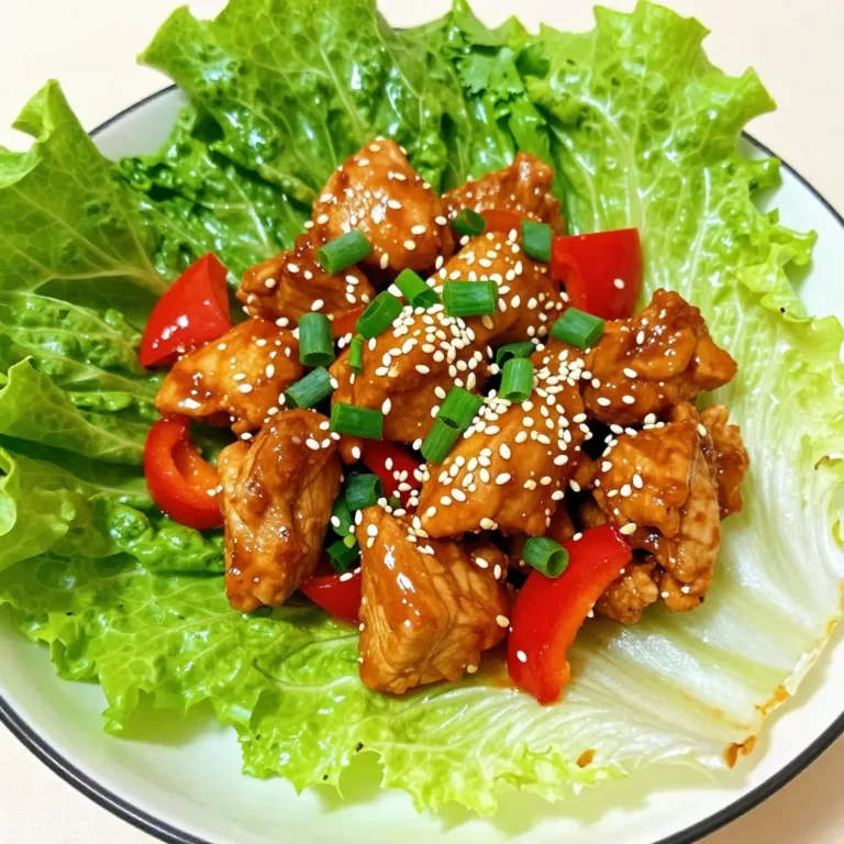 - 1 lb boneless, skinless chicken thighs - 1 tablespoon olive oil - 1 red bell pepper - 2 green onions - 2 cloves garlic - 1 tablespoon fresh ginger - 1/4 cup sweet chili sauce - 2 tablespoons soy sauce - 1 tablespoon sesame oil - Salt and pepper - Butter or romaine lettuce - Sesame seeds - Fresh cilantro When you make Sweet Chili Chicken Lettuce Cups, fresh ingredients shine. Chicken thighs bring juicy flavor. I prefer boneless and skinless for ease. The red bell pepper adds a sweet crunch. Green onions offer a nice bite. Garlic and ginger give depth and warmth. For sauces, sweet chili sauce is key. It balances heat and sweetness. Soy sauce adds umami, boosting the flavor. Sesame oil gives a nutty note. Don't forget salt and pepper to taste. The wraps are just as important. Butter or romaine lettuce makes perfect cups. They are crisp and hold the filling well. Sesame seeds give a hint of crunch. Fresh cilantro adds brightness and color. Each bite is a mix of flavors and textures. {{ingredient_image_1}} First, heat a large skillet over medium-high heat. Add one tablespoon of olive oil. Once the oil is hot, add 1 pound of diced boneless, skinless chicken thighs to the skillet. Season the chicken with salt and pepper. Cook for about 5 to 7 minutes. You want the chicken to get nice and brown all over. Make sure it is cooked through and no longer pink inside. Next, it’s time to add some color and crunch. Stir in one finely chopped red bell pepper, two chopped green onions, two minced garlic cloves, and one tablespoon of grated fresh ginger. Cook this mixture for another 2 to 3 minutes. You want the veggies to soften but still have a bit of crunch. This adds great flavor and texture to your dish. Now let’s make the sauce that ties everything together. Pour in 1/4 cup of sweet chili sauce, 2 tablespoons of soy sauce, and 1 tablespoon of sesame oil. Mix everything well to coat the chicken and veggies evenly. Let it simmer for about 2 to 3 minutes. This helps the sauce thicken a bit. The smell will be amazing! To ensure your chicken is cooked through, use a meat thermometer. The chicken should reach 165°F for safety. You want a nice golden color on each piece. This adds flavor and texture. To avoid soggy lettuce cups, do not overfill them. A little chicken mixture goes a long way. You can also serve the filling on the side. This keeps the lettuce crisp. Want to adjust the seasoning? Try adding more ginger or garlic for a stronger taste. You can also experiment with spice levels. A pinch of red pepper flakes can add heat. For cooking techniques, sautéing the chicken quickly on high heat seals in moisture. This keeps the chicken tender and juicy. For a beautiful presentation, stack the filled lettuce cups on a platter. Garnish with chopped cilantro and a sprinkle of sesame seeds. This adds color and flair. Pair these cups with a light side salad or some rice. These sides balance the meal and add texture. Pro Tips Tip Title: Use High Heat: Cooking the chicken on high heat helps to achieve a nice sear, which adds flavor and texture. Tip Title: Fresh Ingredients: Using fresh vegetables and herbs will enhance the overall flavor of the dish significantly. Tip Title: Adjust Sweetness: Feel free to adjust the amount of sweet chili sauce to suit your taste; add more for a sweeter dish or less for a more savory profile. Tip Title: Serve Immediately: For the best texture and flavor, serve the lettuce cups immediately after assembling to prevent the leaves from wilting. {{image_2}} You can swap the chicken for shrimp or tofu. Shrimp cooks fast, just 3-5 minutes. Tofu needs a bit longer, about 7-10 minutes. For shrimp, look for a pink color to know it's done. Tofu should be golden and firm. Experimenting with proteins keeps the dish exciting. Add more veggies to change the taste. Try diced carrots, or sliced cucumbers. You can also mix in some chopped mushrooms for extra texture. Different sauces can give a new twist. Use sriracha for heat or hoisin sauce for sweetness. These little changes make each bite unique. Need a gluten-free option? Use tamari instead of soy sauce. This swap keeps the flavor without gluten. To cut calories, use less sauce and choose lean chicken. You can also skip the sesame oil. These changes help fit your dietary needs while keeping it tasty. Store the Sweet Chili Chicken Lettuce Cups in an airtight container. This keeps them fresh and safe. They last about 3 days in the fridge. Make sure the chicken mixture cools before sealing. You can freeze the chicken mixture but not the lettuce cups. Place the chicken in a freezer-safe bag. Remove as much air as possible. It lasts up to 2 months. To reheat, thaw in the fridge overnight. Heat in a skillet on medium until hot. This keeps the flavor and texture just right. To make meals easier, prepare the chicken mixture in advance. You can cook it on the weekend. Store it in the fridge for quick weeknight meals. Just assemble the cups when you're ready to eat. This saves time and effort. Keep the lettuce separate until serving for crispness. To make these cups, follow these steps: 1. Cook the Chicken: Heat olive oil in a skillet. Add diced chicken thighs, salt, and pepper. Cook for 5-7 minutes until brown and cooked through. 2. Add Vegetables: Stir in chopped red bell pepper, green onions, minced garlic, and grated ginger. Cook for 2-3 minutes until softened. 3. Sauce it Up: Pour in sweet chili sauce, soy sauce, and sesame oil. Stir well and simmer for 2-3 minutes until the sauce thickens. 4. Prepare Lettuce Cups: Wash and dry lettuce leaves. Keep them whole for serving. 5. Assemble: Spoon sweet chili chicken into each lettuce leaf, making small cups. 6. Garnish and Serve: Top with sesame seeds and fresh cilantro for flavor and looks. Yes, you can use different types of lettuce. Here are some good options: - Butter Lettuce: Soft and pliable, perfect for cups. - Romaine Lettuce: Crunchy and sturdy, holds the filling well. - Iceberg Lettuce: Crisp and refreshing, adds great crunch. Choose what you prefer or what you have at home! You can store these cups for up to 3 days in the fridge. To keep them fresh: - Refrigerate: Keep the chicken mixture in an airtight container. - Store Lettuce: Store lettuce leaves separately to prevent sogginess. For the best taste, eat them fresh. If you want to make them ahead, prepare the filling and assemble just before serving. You learned how to make delicious Sweet Chili Chicken Lettuce Cups. We covered the main ingredients, sauces, cooking steps, and storage tips. You can mix flavors and try different proteins to suit your taste. Don’t forget to store leftovers properly for later use. This dish is simple and fun to make. Now, get started and enjoy a tasty meal with family or friends!