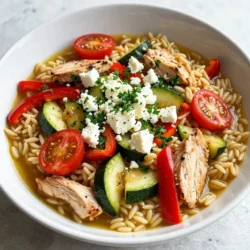 To make this One-Pan Mediterranean Chicken Orzo, gather these items: - 1 pound chicken breast, diced - 2 cups orzo pasta - 1 medium onion, chopped - 3 cloves garlic, minced - 1 red bell pepper, diced - 1 zucchini, diced - 1 cup cherry tomatoes, halved - 2 cups vegetable or chicken broth - 1 teaspoon dried oregano - 1 teaspoon dried thyme - 1/2 teaspoon red pepper flakes (optional for a kick) - Salt and pepper to taste - 1/4 cup feta cheese, crumbled - 2 tablespoons fresh parsley, chopped (for garnish) - 2 tablespoons olive oil Using fresh, high-quality ingredients makes a big difference. Choose chicken that is fresh and free from additives. Opt for organic vegetables when possible. This keeps flavors vibrant. Good broth adds depth to the dish. Whether you pick chicken or vegetable, it should be rich and tasty. For the best feta cheese, look for a brand that uses real sheep's milk. This adds a creamy texture and tangy flavor. You can easily adapt this recipe. If you're vegan, replace chicken with chickpeas or tofu. Use vegetable broth to keep it plant-based. For gluten-free options, swap orzo with gluten-free pasta. Quinoa is also a great substitute and adds protein. If you're avoiding dairy, skip the feta or use a plant-based alternative. This recipe is flexible, so feel free to customize it to fit your needs! {{ingredient_image_1}} To start, gather all your ingredients. You need: - 1 pound chicken breast, diced - 2 cups orzo pasta - 1 medium onion, chopped - 3 cloves garlic, minced - 1 red bell pepper, diced - 1 zucchini, diced - 1 cup cherry tomatoes, halved - 2 cups vegetable or chicken broth - 1 teaspoon dried oregano - 1 teaspoon dried thyme - 1/2 teaspoon red pepper flakes (optional for a kick) - Salt and pepper to taste - 1/4 cup feta cheese, crumbled - 2 tablespoons fresh parsley, chopped - 2 tablespoons olive oil Make sure your chicken is diced evenly. This helps it cook well. Chop the onion and garlic finely. Dice the bell pepper and zucchini into small pieces. Halve the cherry tomatoes. Set everything aside for easy access. Heat the olive oil in a large, deep skillet over medium heat. Add the diced chicken and season with salt and pepper. Sauté the chicken until it turns golden brown, about 5-7 minutes. Remove the chicken and set it aside. In the same skillet, add the chopped onion. Sauté until it becomes translucent, about 3-4 minutes. Then stir in the minced garlic and cook for about one minute. The smell will be amazing! Next, add the diced red bell pepper, zucchini, and cherry tomatoes. Sauté these veggies for about 5 minutes until they soften. Now, stir in the orzo pasta, dried oregano, thyme, and red pepper flakes. Mix everything well. Pour in the broth and bring it to a gentle boil. Reduce the heat to low and cover the skillet. Cook for about 10-12 minutes. Stir occasionally to stop the orzo from sticking. When the orzo is tender, return the chicken to the skillet. Fold everything together gently. Let it heat through for 2-3 minutes. Once done, remove the skillet from heat. Sprinkle crumbled feta cheese and chopped parsley on top. This adds a nice color and fresh taste. Serve the dish warm, and enjoy the rich flavors! You can pair it with a simple salad or crusty bread for a complete meal. To get that true Mediterranean taste, you need fresh herbs. Use oregano and thyme. They add depth to your dish. The red pepper flakes give it a nice kick. If you want more flavor, use high-quality olive oil. It enhances the taste of everything. Make sure your vegetables are fresh. Fresh bell peppers and zucchini are key. They add color and crunch. For a zesty finish, don’t skip the feta cheese. It adds creaminess and tang. One mistake is overcooking the orzo. Check it often while it cooks. You want it tender, but not mushy. Another mistake is not seasoning enough. Salt and pepper are your friends. Taste as you go. If the dish seems bland, add more herbs. Lastly, don’t rush the chicken cooking. It should be golden brown and cooked through. This step is vital for flavor. Presentation matters! A colorful plate is more inviting. Use a large, shallow bowl for serving. This allows the orzo to shine. After cooking, top with crumbled feta and fresh parsley. These add bright colors. You can also drizzle a little olive oil on top. This gives it a glossy look. Serve with lemon wedges on the side. They add a pop of brightness and flavor. Pro Tips Perfectly Cooked Orzo: To avoid sticky orzo, stir occasionally while it cooks and make sure to use enough broth for absorption. Flavor Boost: For added depth of flavor, marinate the chicken in olive oil, lemon juice, and herbs for at least 30 minutes before cooking. Vegetable Variations: Feel free to swap in your favorite vegetables, such as spinach or artichokes, to customize the dish to your taste. Make Ahead: This dish can be prepared in advance and stored in the refrigerator for up to 3 days. Reheat gently on the stove, adding a splash of broth if needed. {{image_2}} You can make this dish vegetarian by swapping chicken for chickpeas or lentils. Both options add protein and texture. Use vegetable broth instead of chicken broth. For extra flavor, mix in artichoke hearts or spinach. These ingredients pair well with the orzo and boost nutrition. If you need a gluten-free meal, try gluten-free orzo or rice. Quinoa is another great option that adds a nutty taste. Ensure your broth is gluten-free, too. This way, you can keep the flavors but avoid gluten. Feel free to mix up the veggies. You can use eggplant, asparagus, or even mushrooms. Swap feta cheese for goat cheese or leave it out if you prefer. Adjust the red pepper flakes based on your spice level. This dish allows you to use what you love most! To keep your One-Pan Mediterranean Chicken Orzo fresh, store it in an airtight container. Make sure it cools down before sealing it. This helps prevent moisture buildup. You can keep it in the fridge for up to four days. Label your container with the date. This way, you’ll know when to eat it. When you are ready to enjoy your leftovers, heat them gently. You can use a microwave or a skillet. If using a microwave, place it in a bowl and cover it. Heat in short bursts, stirring in between. If using a skillet, add a splash of broth or water. This will help keep it moist as you warm it. Heat on low until it is hot throughout. If you want to freeze your One-Pan Mediterranean Chicken Orzo, let it cool first. Then, place it in a freezer-safe container. It can last up to three months in the freezer. When ready to eat, thaw it in the fridge overnight. Reheat as mentioned above. This makes it easy to have a tasty meal on hand anytime! One-pan Mediterranean chicken orzo lasts about three to four days in the fridge. Make sure to store it in an airtight container. This keeps the dish fresh and tasty. When you store it, let it cool down first. This helps prevent excess moisture. Yes, you can use different pasta shapes. If you want, try penne or fusilli. These shapes soak up flavors well. Just adjust the cooking time based on the pasta you choose. Check the package for cooking times. Yes, you can make this dish ahead of time. Cook it fully, then cool it down. Store it in the fridge until you are ready to eat. Reheat it on the stove or in the microwave. This will save you time on busy days. This blog post covered key points for making one-pan Mediterranean chicken orzo. You learned about ingredient choices and how to cook everything in one pan. I shared tips for great flavor, common mistakes to avoid, and how to make the dish your own. Proper storage and reheating keep meals tasty. Remember, cooking is fun! Explore your options and enjoy every bite of this healthy dish. With practice, you’ll impress family and friends with your skills.