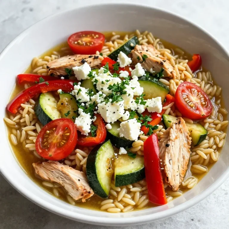 To make this One-Pan Mediterranean Chicken Orzo, gather these items: - 1 pound chicken breast, diced - 2 cups orzo pasta - 1 medium onion, chopped - 3 cloves garlic, minced - 1 red bell pepper, diced - 1 zucchini, diced - 1 cup cherry tomatoes, halved - 2 cups vegetable or chicken broth - 1 teaspoon dried oregano - 1 teaspoon dried thyme - 1/2 teaspoon red pepper flakes (optional for a kick) - Salt and pepper to taste - 1/4 cup feta cheese, crumbled - 2 tablespoons fresh parsley, chopped (for garnish) - 2 tablespoons olive oil Using fresh, high-quality ingredients makes a big difference. Choose chicken that is fresh and free from additives. Opt for organic vegetables when possible. This keeps flavors vibrant. Good broth adds depth to the dish. Whether you pick chicken or vegetable, it should be rich and tasty. For the best feta cheese, look for a brand that uses real sheep's milk. This adds a creamy texture and tangy flavor. You can easily adapt this recipe. If you're vegan, replace chicken with chickpeas or tofu. Use vegetable broth to keep it plant-based. For gluten-free options, swap orzo with gluten-free pasta. Quinoa is also a great substitute and adds protein. If you're avoiding dairy, skip the feta or use a plant-based alternative. This recipe is flexible, so feel free to customize it to fit your needs! {{ingredient_image_1}} To start, gather all your ingredients. You need: - 1 pound chicken breast, diced - 2 cups orzo pasta - 1 medium onion, chopped - 3 cloves garlic, minced - 1 red bell pepper, diced - 1 zucchini, diced - 1 cup cherry tomatoes, halved - 2 cups vegetable or chicken broth - 1 teaspoon dried oregano - 1 teaspoon dried thyme - 1/2 teaspoon red pepper flakes (optional for a kick) - Salt and pepper to taste - 1/4 cup feta cheese, crumbled - 2 tablespoons fresh parsley, chopped - 2 tablespoons olive oil Make sure your chicken is diced evenly. This helps it cook well. Chop the onion and garlic finely. Dice the bell pepper and zucchini into small pieces. Halve the cherry tomatoes. Set everything aside for easy access. Heat the olive oil in a large, deep skillet over medium heat. Add the diced chicken and season with salt and pepper. Sauté the chicken until it turns golden brown, about 5-7 minutes. Remove the chicken and set it aside. In the same skillet, add the chopped onion. Sauté until it becomes translucent, about 3-4 minutes. Then stir in the minced garlic and cook for about one minute. The smell will be amazing! Next, add the diced red bell pepper, zucchini, and cherry tomatoes. Sauté these veggies for about 5 minutes until they soften. Now, stir in the orzo pasta, dried oregano, thyme, and red pepper flakes. Mix everything well. Pour in the broth and bring it to a gentle boil. Reduce the heat to low and cover the skillet. Cook for about 10-12 minutes. Stir occasionally to stop the orzo from sticking. When the orzo is tender, return the chicken to the skillet. Fold everything together gently. Let it heat through for 2-3 minutes. Once done, remove the skillet from heat. Sprinkle crumbled feta cheese and chopped parsley on top. This adds a nice color and fresh taste. Serve the dish warm, and enjoy the rich flavors! You can pair it with a simple salad or crusty bread for a complete meal. To get that true Mediterranean taste, you need fresh herbs. Use oregano and thyme. They add depth to your dish. The red pepper flakes give it a nice kick. If you want more flavor, use high-quality olive oil. It enhances the taste of everything. Make sure your vegetables are fresh. Fresh bell peppers and zucchini are key. They add color and crunch. For a zesty finish, don’t skip the feta cheese. It adds creaminess and tang. One mistake is overcooking the orzo. Check it often while it cooks. You want it tender, but not mushy. Another mistake is not seasoning enough. Salt and pepper are your friends. Taste as you go. If the dish seems bland, add more herbs. Lastly, don’t rush the chicken cooking. It should be golden brown and cooked through. This step is vital for flavor. Presentation matters! A colorful plate is more inviting. Use a large, shallow bowl for serving. This allows the orzo to shine. After cooking, top with crumbled feta and fresh parsley. These add bright colors. You can also drizzle a little olive oil on top. This gives it a glossy look. Serve with lemon wedges on the side. They add a pop of brightness and flavor. Pro Tips Perfectly Cooked Orzo: To avoid sticky orzo, stir occasionally while it cooks and make sure to use enough broth for absorption. Flavor Boost: For added depth of flavor, marinate the chicken in olive oil, lemon juice, and herbs for at least 30 minutes before cooking. Vegetable Variations: Feel free to swap in your favorite vegetables, such as spinach or artichokes, to customize the dish to your taste. Make Ahead: This dish can be prepared in advance and stored in the refrigerator for up to 3 days. Reheat gently on the stove, adding a splash of broth if needed. {{image_2}} You can make this dish vegetarian by swapping chicken for chickpeas or lentils. Both options add protein and texture. Use vegetable broth instead of chicken broth. For extra flavor, mix in artichoke hearts or spinach. These ingredients pair well with the orzo and boost nutrition. If you need a gluten-free meal, try gluten-free orzo or rice. Quinoa is another great option that adds a nutty taste. Ensure your broth is gluten-free, too. This way, you can keep the flavors but avoid gluten. Feel free to mix up the veggies. You can use eggplant, asparagus, or even mushrooms. Swap feta cheese for goat cheese or leave it out if you prefer. Adjust the red pepper flakes based on your spice level. This dish allows you to use what you love most! To keep your One-Pan Mediterranean Chicken Orzo fresh, store it in an airtight container. Make sure it cools down before sealing it. This helps prevent moisture buildup. You can keep it in the fridge for up to four days. Label your container with the date. This way, you’ll know when to eat it. When you are ready to enjoy your leftovers, heat them gently. You can use a microwave or a skillet. If using a microwave, place it in a bowl and cover it. Heat in short bursts, stirring in between. If using a skillet, add a splash of broth or water. This will help keep it moist as you warm it. Heat on low until it is hot throughout. If you want to freeze your One-Pan Mediterranean Chicken Orzo, let it cool first. Then, place it in a freezer-safe container. It can last up to three months in the freezer. When ready to eat, thaw it in the fridge overnight. Reheat as mentioned above. This makes it easy to have a tasty meal on hand anytime! One-pan Mediterranean chicken orzo lasts about three to four days in the fridge. Make sure to store it in an airtight container. This keeps the dish fresh and tasty. When you store it, let it cool down first. This helps prevent excess moisture. Yes, you can use different pasta shapes. If you want, try penne or fusilli. These shapes soak up flavors well. Just adjust the cooking time based on the pasta you choose. Check the package for cooking times. Yes, you can make this dish ahead of time. Cook it fully, then cool it down. Store it in the fridge until you are ready to eat. Reheat it on the stove or in the microwave. This will save you time on busy days. This blog post covered key points for making one-pan Mediterranean chicken orzo. You learned about ingredient choices and how to cook everything in one pan. I shared tips for great flavor, common mistakes to avoid, and how to make the dish your own. Proper storage and reheating keep meals tasty. Remember, cooking is fun! Explore your options and enjoy every bite of this healthy dish. With practice, you’ll impress family and friends with your skills.