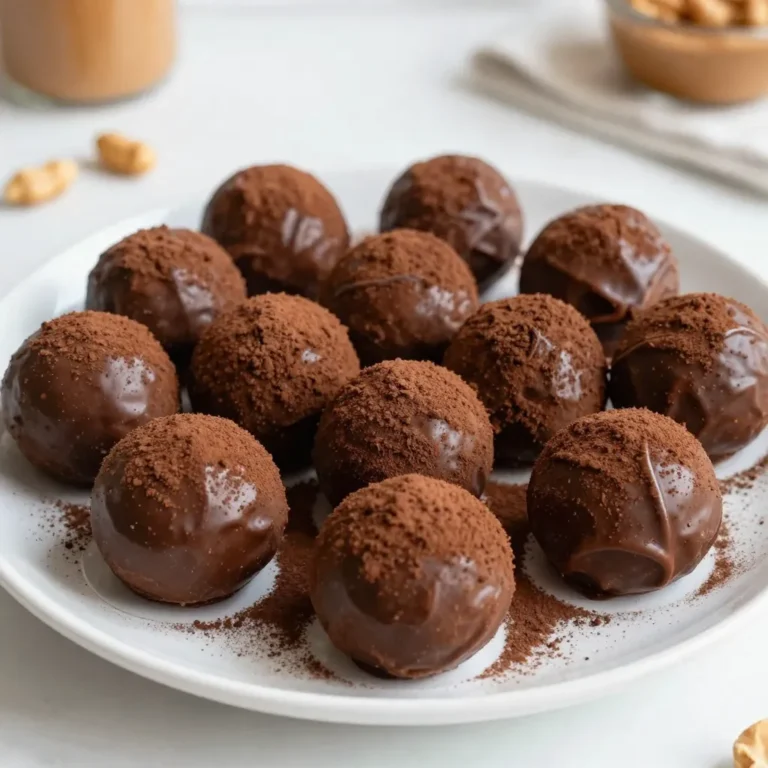 To make Peanut Butter Chocolate Bliss Balls, you will need a few simple ingredients. These items create a tasty snack that is both healthy and fun. Here’s the list of what you’ll need: - 1 cup natural peanut butter - 1/2 cup rolled oats - 1/4 cup honey or maple syrup - 1/4 cup dark chocolate chips - 1/4 cup ground flaxseed - 1 teaspoon vanilla extract - A pinch of sea salt - 1/3 cup unsweetened cocoa powder (for rolling) Each ingredient brings something special to the mix. The peanut butter gives a rich, nutty flavor. Rolled oats add texture and fiber. Honey or maple syrup offers sweetness. Dark chocolate chips bring a touch of indulgence. Ground flaxseed gives a boost of omega-3s and fiber. Vanilla extract enhances the flavor, while sea salt rounds it all out. Finally, cocoa powder adds a lovely finish. Choosing high-quality ingredients is key. Look for natural peanut butter without added sugars or oils. This will keep your bliss balls healthy and tasty. Organic oats and pure honey or maple syrup are great choices too. You want the best for your snacks. With these ingredients ready, you’re all set to make a treat that satisfies your sweet tooth and fuels your day! {{ingredient_image_1}} 1. First, grab a large mixing bowl. 2. Combine the following ingredients: - 1 cup natural peanut butter - 1/2 cup rolled oats - 1/4 cup honey or maple syrup - 1/4 cup ground flaxseed - 1 teaspoon vanilla extract - A pinch of sea salt 3. Stir all the ingredients until they mix well. 4. Next, fold in 1/4 cup dark chocolate chips. 5. Ensure the chocolate chips spread evenly in the mixture. 6. Now, take small portions of the mixture. 7. Roll them into bite-sized balls, about 1 inch wide. 1. Take 1/3 cup unsweetened cocoa powder and place it in a shallow bowl. 2. Roll each ball in the cocoa powder until it is fully coated. 3. Transfer the bliss balls to a plate lined with parchment paper. 4. Place them in the refrigerator for at least 30 minutes. 5. This will help the bliss balls firm up before you serve them. Choosing the right peanut butter is key. I recommend using natural peanut butter. It has no added sugar or oils. This makes the bliss balls healthier and tastier. Look for brands with just peanuts and salt. You want that rich, nutty flavor. Achieving the ideal texture is also important. When mixing, the mixture should be thick but sticky. If it feels too dry, add a touch more honey or peanut butter. If it’s too wet, sprinkle in more oats or flaxseed. The right balance helps your balls hold shape and taste great. For presentation, serve the bliss balls in a nice bowl. A sprinkle of cocoa powder on top looks great. You can also place them on a slate board. Add a few whole peanuts for a fun touch. This adds color and makes them more inviting. Pairing with beverages can enhance your snack. These bliss balls go well with almond milk or a hot cup of tea. For a treat, serve with a smoothie. The flavors blend nicely and make a fun snack time. Pro Tips Use Natural Peanut Butter: Opt for natural peanut butter without added sugars or hydrogenated oils for a healthier treat. Experiment with Sweeteners: Feel free to substitute honey with maple syrup for a vegan option or customize the sweetness to your liking. Chill for Better Texture: Allow the bliss balls to chill in the fridge to enhance their firmness and make them easier to handle. Customize Your Coating: Try rolling the bliss balls in shredded coconut, crushed nuts, or sprinkles for a fun twist on presentation. {{image_2}} You can switch things up easily in this recipe. Try using almond butter instead of peanut butter. Almond butter gives a nutty flavor. It also adds healthy fats and protein. You can also add some fun extras. Shredded coconut adds a tropical twist. Dried fruit like cranberries or apricots makes it sweeter. Both choices make the bliss balls even more delightful. If you need a vegan version, swap honey for maple syrup. This keeps it plant-based and still sweet. For gluten-free options, use certified gluten-free oats. This way, everyone can enjoy these treats without worry. These small changes let you adapt the bliss balls to your diet and taste. To keep your Peanut Butter Chocolate Bliss Balls fresh, store them in the refrigerator. Use an airtight container to prevent moisture. This helps the flavors stay strong and keeps them safe to eat. If you want to save them for later, freezing is a great option. Place them in a freezer bag and remove as much air as you can. Label the bag with the date. This method helps them last longer while keeping their taste. In the fridge, your bliss balls can last up to one week. Just remember to check them each time you grab one. If they look dry or feel sticky, it’s time to toss them. If you freeze them, they can stay fresh for about three months. Always look for signs of spoilage. If there’s a strange smell or mold, don’t eat them. Keeping an eye on these factors ensures you enjoy your snacks at their best! Can I use crunchy peanut butter? Yes, you can use crunchy peanut butter. It adds texture and a nice bite. Just make sure it is natural. This keeps the flavors fresh and clean. How do I make them less sweet? To reduce sweetness, use less honey or maple syrup. You can also add more oats or flaxseed. This will balance the flavors while keeping the bliss balls tasty. Are these bliss balls healthy? Yes, these bliss balls are healthy. They have protein from peanut butter and fiber from oats. They also contain healthy fats from flaxseed. These ingredients make them a great snack! Suggestions for customization Many users love to add nuts or seeds. You can also swap dark chocolate chips for dried fruit. This adds new flavors and textures to your bliss balls. Best practices for rolling and coating Make sure your hands are slightly damp when rolling. This helps prevent sticking. For coating, use unsweetened cocoa powder or shredded coconut. Both add a nice finish to your bliss balls. You learned how to make tasty bliss balls with simple ingredients. From choosing the right peanut butter to rolling them in cocoa powder, the steps are easy. You can also switch up flavors and customize for diets. Store your treats in the fridge or freezer for longer enjoyment. Try these fun tips to make them your own. Enjoy making and sharing these healthy snacks! They’re simple, fun, and full of flavor.