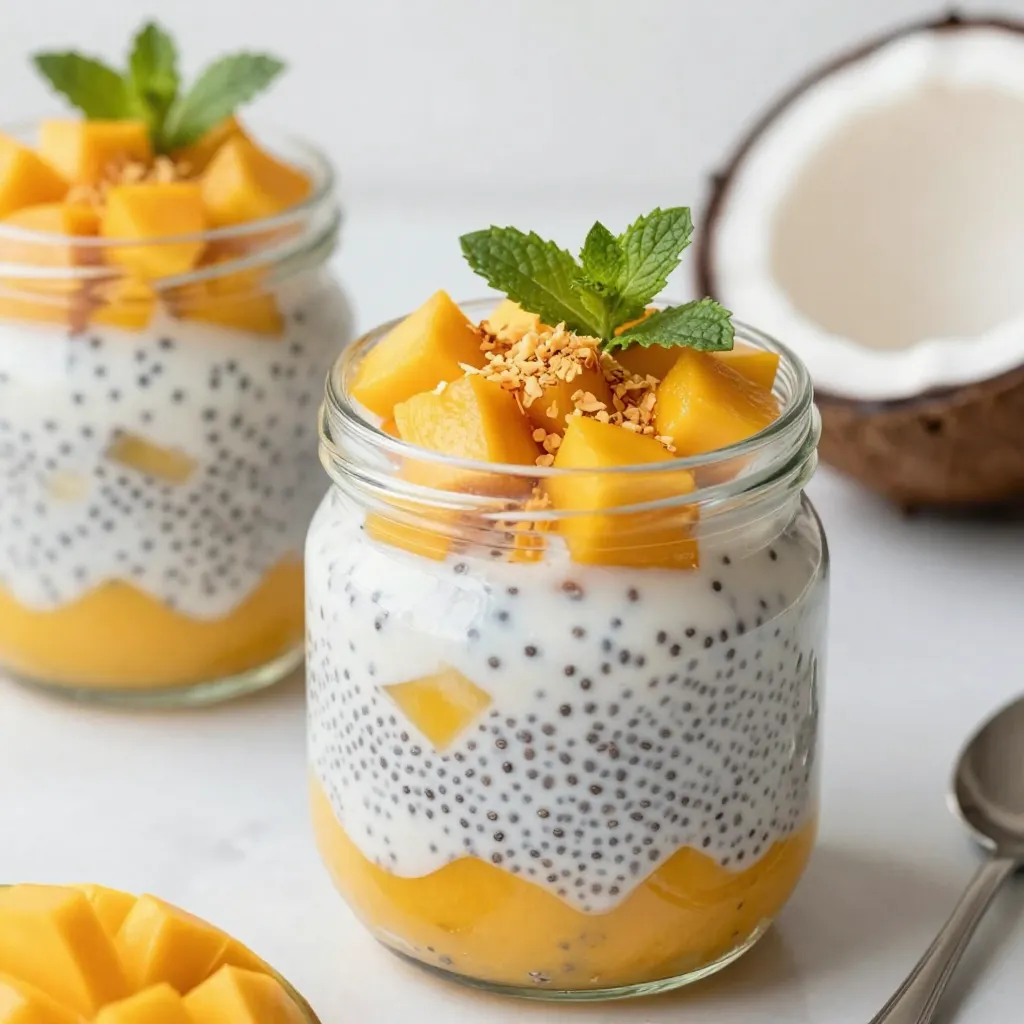 - 1 cup coconut milk (unsweetened) - 1 cup ripe mango, pureed (reserve some pieces for topping) - 1/4 cup chia seeds - 2 tablespoons honey or maple syrup (or to taste) - 1/2 teaspoon vanilla extract - Pinch of salt - Toasted coconut flakes - Fresh mint leaves Coconut milk is rich in healthy fats. These fats can help keep you full longer. Mango adds vitamins A and C, which are good for your skin and immune system. Chia seeds are great for fiber and protein, making this pudding filling. Honey or maple syrup adds sweetness and some minerals. Together, these ingredients create a tasty and nutritious treat. Enjoy your mango coconut chia pudding knowing it’s good for you! {{ingredient_image_1}} To start, grab a mixing bowl. Pour in 1 cup of coconut milk. Add 1 cup of ripe mango puree. You can blend the mango first if you need to. Next, stir in 2 tablespoons of honey or maple syrup. This adds a nice sweetness. Then, add 1/2 teaspoon of vanilla extract and a pinch of salt. Whisk these together until smooth. Now, it’s time for the chia seeds. Stir in 1/4 cup of chia seeds. Make sure they spread out evenly in the mixture. Cover the bowl with plastic wrap or a lid. Place it in the fridge for at least 4 hours. If you have time, let it chill overnight. This is when the chia seeds soak up the liquid. They will swell and thicken the pudding. After the chilling time, take it out. Give the pudding a good stir. This helps break up any clumps that may have formed. When you are ready to serve, divide the pudding into bowls or jars. Use clear jars to show off those lovely layers. Top each serving with reserved mango pieces. Sprinkle some toasted coconut flakes on top. If you like, add a fresh mint leaf for a pop of color. You can also drizzle extra mango puree on top for even more flavor. Enjoy your mango coconut chia pudding! To get the best texture, use fresh chia seeds. Old seeds may not expand well. After mixing the ingredients, let the pudding chill for at least four hours. This time helps the chia seeds absorb the liquid. If the pudding is too thick, stir in a bit more coconut milk. For a creamier texture, blend the mixture before adding the chia seeds. You can sweeten your pudding with honey or maple syrup. Start with two tablespoons and taste it. If you want more sweetness, add a bit more. For a sugar-free option, use ripe bananas or dates. These natural sweeteners add flavor without added sugar. Agave syrup is another good choice if you prefer a liquid sweetener. Presentation matters! Use clear jars to show off the colorful layers. This makes your pudding look inviting. Top each serving with mango pieces and toasted coconut flakes. A mint leaf adds a nice touch. For added flair, drizzle extra mango puree on top. This not only enhances the look but also boosts the flavor. Pro Tips Fresh Mango is Key: Use ripe, fresh mango for the best flavor and sweetness. If fresh mangoes are not available, frozen mango puree can be a good substitute. Chia Seed Hydration: Make sure to let the chia seeds soak for at least 4 hours or overnight. This allows them to fully expand and create the desired pudding texture. Customize Sweetness: Adjust the sweetness to your preference. Start with less honey or maple syrup and add more after tasting the mixture. Layering for Presentation: For an attractive presentation, layer the pudding with mango puree and chia pudding in jars. This creates a visually appealing dessert that's perfect for serving. {{image_2}} You can change the fruit in this recipe. Try using strawberries or pineapple to create new flavors. Blend the fruit until smooth, just like you did with the mango. You can even mix fruits for a fun twist. For example, use half mango and half pineapple. The options are endless! This recipe is easy to adapt for different diets. To make it vegan, use maple syrup instead of honey. This keeps it sweet while staying plant-based. If you want a sugar-free option, skip the sweetener or use a sugar substitute. Just adjust the taste to your liking. This way, everyone can enjoy it! You can add spices and extracts to boost the flavor. A pinch of cinnamon or nutmeg gives a warm touch. You can also try a splash of almond or coconut extract for an extra layer of flavor. Experiment with different spices until you find your favorite blend. These simple changes can make your pudding even more exciting! To keep your mango coconut chia pudding fresh, store it in the fridge. Use a clean, airtight container. This will keep out moisture and odors. Make sure to cover your pudding well. You can also scoop it into jars for easy serving later. Your pudding will stay good in the fridge for about 5 days. If you want to keep it longer, you can freeze it. Just make sure it’s in a freezer-safe container. It can last for up to 3 months in the freezer. To enjoy, let it thaw in the fridge overnight. Glass jars are great for storing this pudding. They help keep the pudding fresh and allow you to see the layers. If you prefer plastic, use BPA-free containers. Choose containers that are easy to seal. This way, your pudding stays tasty and ready to eat. Yes, you can use other types of milk. Almond milk, oat milk, or soy milk all work well. Each milk will change the flavor slightly. For a richer taste, try full-fat coconut milk. This will make your pudding creamier. You can keep it in the fridge for up to five days. Make sure to store it in a sealed container. This helps keep it fresh. If you see any water on top, just stir it back in. Yes, you can make it ahead of time. In fact, making it the night before is best. This gives the chia seeds enough time to soak and thicken. It’s a great option for busy mornings or snacks! This blog post covered all you need for mango coconut chia pudding. We listed key ingredients and explored fun variations to try. You learned methods for making, serving, and storing your pudding. I also shared tips for texture and presentation. Remember, this pudding is not just tasty; it's healthy too. Have fun experimenting with flavors! Enjoy your time in the kitchen and savor every bite.