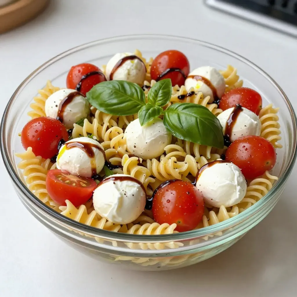 To make a classic Caprese pasta salad, you need simple, fresh ingredients. Here’s what you’ll need: - Pasta choice: 8 ounces of rotini or fusilli pasta - Fresh produce: 1 cup cherry tomatoes, halved - Fresh mozzarella: 1 cup mozzarella balls, halved - Herbs: 1/2 cup fresh basil leaves, torn - Dressing components: 1/4 cup extra virgin olive oil, 2 tablespoons balsamic glaze, 2 cloves garlic, minced - Seasoning essentials: Salt and pepper to taste Each of these ingredients brings unique flavors to the dish. The rotini or fusilli pasta holds the dressing well, making every bite tasty. Cherry tomatoes add a burst of sweetness, while mozzarella gives a creamy texture. Fresh basil leaves bring a bright, herbal note that ties everything together. The dressing combines olive oil and balsamic glaze for richness and tanginess. Garlic adds a kick of flavor, enhancing the dish's overall taste. Finally, salt and pepper balance everything and help elevate the flavors. Gather these ingredients, and you're ready to create a delicious and fresh Caprese pasta salad! {{ingredient_image_1}} To cook pasta to al dente, start by boiling water in a large pot. Add salt when the water is boiling. This helps flavor the pasta. Next, add the rotini or fusilli pasta. Cook according to the package instructions. This usually takes about 8-10 minutes. You want the pasta firm but not hard. Taste a piece to check for doneness. Once ready, drain the pasta in a colander. After draining, rinse the pasta under cold water. This stops the cooking process and cools it down. Make sure to shake off any excess water. Then, transfer the pasta to a large mixing bowl. Now, it’s time to mix in the good stuff. Add the halved cherry tomatoes, mozzarella balls, and torn basil leaves to the bowl with the pasta. The colors will look so fresh and inviting! Next, let’s prepare the dressing. In a small bowl, whisk together the extra virgin olive oil, minced garlic, balsamic glaze, salt, and pepper. Mix until well combined. This dressing adds a rich flavor that brings everything together. Drizzle the dressing over the pasta salad. This step is key for flavor. Then, gently toss everything together. You want to coat all the ingredients evenly. Each bite should be bursting with flavor. Once mixed, taste the salad. Adjust the seasoning if needed. You might like more salt, pepper, or balsamic glaze. For the best taste, chill the salad in the refrigerator for at least 30 minutes. This allows the flavors to meld together and makes each bite even better! To boost the flavor of your Caprese pasta salad, try adding more garlic. A bit more minced garlic can make the salad pop. You can also sprinkle in some red pepper flakes for heat. For a fresh touch, add a squeeze of lemon juice. It brightens the dish and adds zing. For garnishing, place extra torn basil leaves on top. A drizzle of balsamic glaze adds a beautiful finish. It makes the dish look fancy and inviting. Serve this salad chilled for the best taste. It’s perfect on a hot day. A large glass bowl shows off the vibrant colors. This makes it a centerpiece at any gathering. To make it more appealing, add extra basil leaves and a balsamic drizzle just before serving. This little touch makes a big difference. One common mistake is overcooking the pasta. Always cook it to al dente. This keeps the pasta firm and adds a nice bite. Another mistake is using stale or wilted basil. Fresh basil is key to great flavor. Always check your basil before using it. Keep it crisp and green for the best taste. Pro Tips Use Fresh Ingredients: For the best flavor, use the freshest mozzarella and basil you can find. It elevates the taste of the salad significantly. Customize the Pasta: Feel free to mix in other vegetables like bell peppers or cucumbers for added crunch and flavor. Adjusting the Dressing: If you prefer a tangier flavor, increase the amount of balsamic glaze or add a splash of lemon juice to brighten it up. Make Ahead: This salad can be made a day in advance. Just keep it covered in the refrigerator to ensure it stays fresh. {{image_2}} You can change the pasta type in this recipe. Use bowtie or penne pasta if you prefer. They both work well and add a fun shape. You can even try whole wheat pasta for more fiber. When it comes to cheese, mozzarella is classic. However, you can use burrata for a creamier taste. Feta adds a salty kick, while goat cheese brings a tangy flavor. Each cheese gives a different twist! Want to boost flavor and nutrition? Add veggies like bell peppers, cucumbers, or spinach. They add crunch and color to your dish. Zucchini or sweet corn can also be great options. For more protein, consider adding cooked chicken, tofu, or beans. Grilled chicken adds a smoky taste. Tofu is a nice plant-based choice. Beans like chickpeas or black beans offer protein and fiber. You can mix up the dressing to fit your taste. Try lemon juice or apple cider vinegar for a zesty touch. Adding fresh herbs like parsley or oregano brightens the flavor. If you're short on time, store-bought dressings work well too. Look for balsamic vinaigrettes or Italian dressings. Just make sure they are fresh and tasty! To keep your Caprese Pasta Salad fresh, store it in the fridge. Use a tight-fitting lid on your container. A glass or plastic bowl works well. If you have leftovers, try to eat them within a few days for the best taste. In the refrigerator, your salad lasts about 3 to 5 days. Look for signs of spoilage. If the tomatoes start to get mushy or the cheese smells off, it’s time to toss it. Always trust your nose and eyes. You can freeze Caprese Pasta Salad, but it’s not the best option. Freezing can change the texture of the cheese and basil. If you do freeze it, use an airtight container. When ready to eat, thaw in the fridge overnight. Mix well before serving to enjoy the flavors again. To make Caprese Pasta Salad healthier, you can use lighter dressings. Try replacing the extra virgin olive oil with a vinaigrette made of lemon juice and a splash of olive oil. This option cuts down on fat while keeping flavor. You can also swap out some ingredients. Use whole wheat pasta for more fiber. Add in more veggies like spinach or bell peppers for extra nutrients. These changes help you enjoy the salad while keeping it healthy. Yes, you can make Caprese Pasta Salad ahead of time. Prepare the salad and store it in the fridge. This helps the flavors blend well. Just be sure to keep the dressing separate if you plan to store it for more than a few hours. Add the dressing right before serving to keep everything fresh. The best pasta for Caprese Salad is rotini or fusilli. These shapes hold onto the dressing and mix well with the other ingredients. Their curves and twists make every bite flavorful. You can also use penne if you prefer. You can use dried basil, but the flavor will differ. Fresh basil has a bright and sweet taste, while dried basil is more concentrated and earthy. If you use dried basil, use less. About one teaspoon of dried basil equals one tablespoon of fresh. Adjust to your taste for the best results. In this blog post, we covered the key ingredients, step-by-step instructions, and tips for making Caprese Pasta Salad. You learned how to cook pasta perfectly and combine fresh ingredients for a delicious dish. Remember to avoid common mistakes and explore variations to suit your taste. This salad is easy to store and can be prepared in advance. Enjoy creating this fresh, tasty meal that brings your kitchen to life with vibrant flavors.