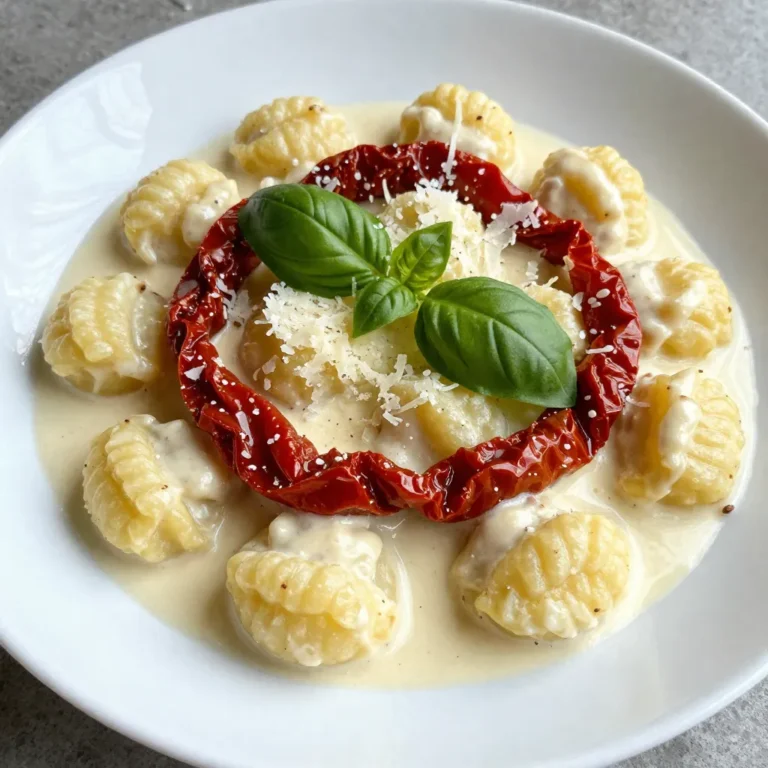 To make creamy sun-dried tomato gnocchi, gather these items: - 1 package (16 oz) potato gnocchi - 3 tablespoons olive oil - 3 cloves garlic, minced - 1 cup sun-dried tomatoes, chopped (not packed in oil) - 1 cup heavy cream - 1/2 cup vegetable broth - 1/2 cup grated Parmesan cheese - 1 teaspoon dried basil - 1/2 teaspoon red pepper flakes (optional, for heat) - Salt and pepper to taste - Fresh basil leaves for garnish If you can't find some ingredients, don't worry. Here are some swaps: - Replace potato gnocchi with cauliflower gnocchi for a lighter dish. - Use coconut milk instead of heavy cream for a dairy-free option. - Swap vegetable broth with chicken broth for a richer flavor. - If you lack fresh garlic, use garlic powder. One clove equals one-eighth teaspoon. Selecting the best ingredients makes a big difference. Here’s what to look for: - Gnocchi: Choose a brand that uses real potatoes for the best texture. - Sun-Dried Tomatoes: Pick those that are not packed in oil. They have a more intense flavor. - Parmesan Cheese: Buy a block and grate it yourself. Pre-grated cheese often lacks flavor. - Olive Oil: Look for extra virgin olive oil. It adds a nice depth to the sauce. - Fresh Basil: Choose vibrant green leaves. Avoid any that are wilted or brown. Now you've got everything you need to create a delicious creamy sun-dried tomato gnocchi! {{ingredient_image_1}} To cook the gnocchi, boil water in a large pot. Add salt to the water for flavor. Once it's boiling, add the gnocchi. Cook them for about 2-3 minutes. They will float when done. This means they are ready. Drain the gnocchi and set them aside. In a large skillet, heat olive oil over medium heat. Once hot, add minced garlic. Sauté the garlic for about 1 minute. You want it fragrant, not brown. Next, add the chopped sun-dried tomatoes. Cook these for 2 more minutes to soften them. Then, pour in the heavy cream and vegetable broth. Stir to mix everything well. Let this mixture simmer gently for about 3-4 minutes until it thickens slightly. Now it’s time to mix everything together. Add the grated Parmesan cheese, dried basil, and red pepper flakes if you want some heat. Stir until the cheese melts and the sauce is smooth. Season with salt and pepper to taste. Finally, add the cooked gnocchi to the skillet. Toss them gently to coat in the creamy sauce. Cook for another 2-3 minutes until everything is heated through. Enjoy your meal! When making creamy sun-dried tomato gnocchi, you can easily trip up. Here are key mistakes to avoid: - Overcooking Gnocchi: Cook gnocchi just until they float. Overcooking turns them mushy. - Burning Garlic: Sauté garlic until it's fragrant but not brown. Burnt garlic tastes bitter. - Not Seasoning Enough: Always taste your sauce. Adjust salt and pepper to make it pop. Texture is key for a great dish. Here are my tips for the perfect bite: - Use Fresh Gnocchi: Fresh gnocchi has a better texture than dried. If you can, choose fresh from the store. - Don't Skimp on Cream: Heavy cream gives the sauce a rich, smooth texture. Don't swap it for milk. - Simmer Gently: When mixing the sauce, simmer gently. This helps thicken the sauce without curdling the cream. Flavor is what makes this dish shine. Here’s how to boost it: - Fresh Herbs: Use fresh basil leaves for garnish. They add a bright flavor and nice color. - Add Heat: If you like spice, add red pepper flakes. They bring a nice kick to the creamy sauce. - Experiment with Cheese: Try different cheeses like goat cheese or mozzarella. They can change the flavor profile and make it more unique. By following these tips, you can create a creamy sun-dried tomato gnocchi that impresses everyone at your table. Enjoy cooking! Pro Tips Perfect Gnocchi Cooking: Ensure the water is at a rolling boil before adding the gnocchi. This helps them cook evenly and prevents them from sticking together. Quality Sun-Dried Tomatoes: Use high-quality sun-dried tomatoes for a richer flavor. If possible, opt for those packed in oil for added depth, but drain them before using. Adjusting Creaminess: If you prefer a thicker sauce, let it simmer a bit longer to reduce. For a lighter version, you can substitute half of the heavy cream with milk. Flavor Boost: Fresh herbs can elevate the dish. Try adding chopped fresh basil or parsley just before serving for a burst of freshness. {{image_2}} You can easily make this dish vegetarian. Just skip the Parmesan cheese. You can use nutritional yeast instead. It adds a nice cheesy flavor. For a vegan option, swap heavy cream with coconut cream or cashew cream. This keeps it creamy without dairy. Want to boost the taste? Add fresh spinach or kale to the sauce. These greens cook down quickly. You can also toss in mushrooms for an earthy touch. If you like spice, try more red pepper flakes. For a zestier flavor, add lemon juice or lemon zest. This creamy gnocchi pairs well with a simple salad. A fresh green salad with a light vinaigrette works great. You can also serve it with garlic bread for a hearty meal. Consider a glass of white wine like Pinot Grigio. It complements the flavors nicely. After you enjoy your creamy sun-dried tomato gnocchi, store the leftovers in an airtight container. Let the dish cool to room temperature before sealing it. This helps keep the flavors fresh. Store it in the fridge for up to three days. If you want to keep it longer, consider freezing it. To reheat the gnocchi, place it in a skillet over low heat. Add a splash of vegetable broth or cream to help bring back the creaminess. Stir often until it’s heated through. You can also use a microwave. Heat it in a bowl covered with a damp paper towel. This method keeps it moist. Heat for one minute, then check and stir. If it needs more time, heat in 30-second bursts until warm. If you want to freeze your gnocchi, do it before cooking. Spread uncooked gnocchi on a baking sheet in a single layer. Freeze for about an hour until firm. Transfer the frozen gnocchi to a freezer bag. Push out the air and seal it tight. You can keep it frozen for up to three months. When you’re ready to cook, boil it straight from the freezer. It may take an extra minute to cook, but it will still be delicious! Yes, you can make gnocchi from scratch. You need potatoes, flour, and salt. Cook the potatoes, mash them, and mix in flour and salt. Form the dough and cut it into small pieces. Roll and shape each piece into little dumplings. This method takes time, but homemade gnocchi tastes fresh and delightful. To keep gnocchi firm, avoid overcooking them. Boil them just until they float in water, about 2-3 minutes. When draining, do so gently to avoid breaking them. Toss them lightly in olive oil if you are not using them right away. This helps keep them from sticking together and becoming mushy. Creamy sun-dried tomato gnocchi pairs well with a fresh salad. A simple green salad with lemon dressing adds brightness. You can also serve it with grilled chicken or shrimp for protein. Garlic bread complements the meal nicely. Finish with a light dessert, like sorbet or fruit, for a balanced dinner. This blog post covered all the important parts of making creamy sun-dried tomato gnocchi. We looked at key ingredients and easy swaps. I shared steps to cook perfectly textured gnocchi and a delicious sauce. I also included tips to avoid common mistakes. You can try different variations to suit your taste. Finally, we discussed storage and reheating for leftovers. Remember, using quality ingredients makes a big difference. Enjoy your cooking and make it your own!
