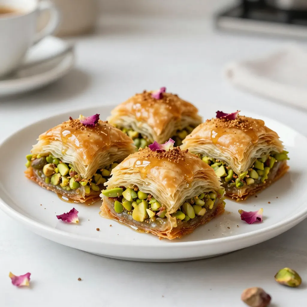 To make Pistachio Rose Baklava Rolls, gather these key ingredients: - 1 package of phyllo pastry (16 oz), thawed - 1 cup unsalted pistachios, shelled and finely chopped - 1/2 cup unsalted butter, melted - 1/2 cup granulated sugar - 1/4 cup water - 1 tablespoon rose water - 1 teaspoon ground cinnamon - 1/2 cup honey You can add a lovely touch with these optional garnishes: - Edible rose petals These petals not only look pretty but also enhance the rose flavor. Always choose the best ingredients for great flavor. Here are my tips: - Use fresh pistachios for a rich taste. - Ensure your phyllo pastry is fully thawed for easy handling. - Opt for high-quality rose water for a fragrant aroma. These small choices can make a big difference in your baklava rolls! {{ingredient_image_1}} To start, gather your ingredients. In a bowl, mix finely chopped pistachios, ground cinnamon, and half of the granulated sugar. This mixture gives your baklava a great flavor. Set this bowl aside for now. Next, preheat your oven to 350°F (175°C). Lay out one sheet of phyllo dough on a clean surface. Brush it lightly with melted butter. This step adds richness. Repeat this with five more sheets. Make sure to brush each one with butter. After layering, sprinkle 1/4 of your pistachio mixture over the phyllo. Gently roll the phyllo into a tight log. Cut this log into 2-inch sections. Place these pieces on a baking sheet lined with parchment paper. Repeat this process until you use all the phyllo and filling. Now, it's time to bake. Place the rolls in the oven for 20 to 25 minutes. Watch for them to turn golden brown and crisp. While they bake, prepare the syrup. In a saucepan, mix the remaining granulated sugar, water, and honey over medium heat. Stir until the sugar dissolves, then let it simmer for about 10 minutes. Remove the pan from heat and add rose water. When the baklava rolls are done, drizzle the warm syrup over them. Let them soak for at least 30 minutes. This step ensures they absorb all the sweet flavor. Enjoy your tasty treats! Working with phyllo pastry can feel tricky, but I have tips to help. Always keep the phyllo covered with a damp cloth. This keeps it from drying out. When you layer sheets, brush each one with melted butter. This helps them stick together. Also, use a sharp knife to cut the rolls. This ensures clean edges. Store leftover baklava rolls in an airtight container. They stay fresh for about three days. For longer storage, you can freeze them. Wrap each roll in plastic wrap and then in foil. To reheat, place them in a 350°F oven for about 10 minutes. This keeps them crisp and warm. One common mistake is not using enough butter. This can make the baklava dry. Avoid overbaking, too. Keep an eye on the rolls as they bake. They should be golden brown. Lastly, don’t skip the syrup soaking step. This step adds sweetness and moisture to the rolls. Pro Tips Use Fresh Ingredients: Always opt for fresh pistachios and high-quality rose water to enhance the flavor of your baklava rolls. Layering Is Key: Don’t rush the layering process. The more layers of phyllo you use, the flakier and crispier your baklava will be. Cool Before Serving: Allow the baklava to cool for at least 30 minutes after drizzling with syrup to let the flavors meld together. Experiment with Nuts: Feel free to mix different nuts like walnuts or almonds with pistachios for a unique flavor profile. {{image_2}} You can easily swap pistachios for other nuts. Almonds or walnuts work great. Use the same amount, one cup, for these alternatives. Almonds give a sweet, mild flavor. Walnuts add a rich, earthy taste. Both nuts blend well with rose water. Feel free to mix nuts for more flavor. You can add new flavors to your baklava rolls. Cardamom adds a warm, spicy note. Just a pinch in the nut mix can change the taste. Orange blossom water is another option. Use it instead of rose water for a fresh twist. Experiment with these flavors to find what you love best. You can make this baklava vegan too. Replace the unsalted butter with a plant-based spread. Use maple syrup instead of honey in the syrup. This keeps the sweetness while making it suitable for everyone. The baklava will still taste amazing, so give it a try! To keep your baklava fresh, wrap it tightly in plastic wrap. You can also place it in an airtight container. This method helps keep it crispy. Store the baklava at room temperature for up to three days. If you live in a hot area, refrigeration may be necessary. You can freeze baklava for later enjoyment. First, let it cool completely. Then, wrap each piece in plastic wrap. Place the wrapped pieces in a freezer-safe bag. This way, you can enjoy your sweet treat for up to two months. When ready to eat, thaw it in the fridge overnight. Baklava stays fresh for about three days at room temperature. If kept in the fridge, it lasts about a week. Always check for any signs of spoilage before eating. For the best taste and texture, enjoy it within the first few days. This way, you taste the magic of the pistachios and rose water! Yes, you can prepare these baklava rolls in advance. You can make them up to a day before you plan to serve them. Just bake the rolls, then let them cool. Store them in an airtight container at room temperature. When ready to serve, drizzle with syrup and enjoy! If you don’t have rose water, you can use orange blossom water. It has a lovely floral scent. You can also try a mix of vanilla extract and a bit of water. This will give a nice flavor, though it will not taste the same. Yes, there are gluten-free phyllo pastry options available. Many grocery stores and online shops sell gluten-free versions. You can also make your own using gluten-free flour if you feel adventurous. Just ensure to check the package for proper handling and baking instructions. We covered all you need to make delicious Pistachio Rose Baklava Rolls. You learned about key ingredients, optional garnishes, and tips to ensure quality. The step-by-step guide simplifies filling, layering, and baking. I shared best practices with phyllo and storage tips to keep leftovers fresh. Don’t forget to explore variations like nut alternatives and vegan options. With these insights, you're ready to create a tasty pastry that impresses everyone. Enjoy making this delightful treat and share it with those you love!