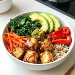 - 1 block firm tofu, drained and pressed - 1 cup quinoa, rinsed - 2 tablespoons olive oil - 2 cups kale, chopped - 1 cup shredded carrots - 1 red bell pepper, sliced - 1 cup edamame, shelled - 1 avocado, sliced - 4 tablespoons teriyaki sauce - 2 green onions, chopped - Sesame seeds for garnish - Salt and pepper to taste - Additional teriyaki sauce - Other vegetable add-ins - Spices or herbs Tofu offers many health perks. It is a great source of protein. Tofu is low in calories and full of calcium. This makes it good for bones. Quinoa is a super grain. It has all nine essential amino acids. It is also high in fiber, which aids digestion. Kale is packed with vitamins A, C, and K. It helps boost your immune system. Edamame adds protein and fiber, too. Together, these ingredients create a balanced meal. You get healthy fats, proteins, and carbs. This bowl fuels your body and keeps you full. {{ingredient_image_1}} - Start by draining and pressing the tofu. Wrap the tofu in a clean towel. Place a heavy object on top. Let it sit for about 15 minutes. This step removes excess water. - Next, rinse the quinoa under cold water. Use a fine mesh strainer to wash it well. This helps remove the bitter coating, called saponin. - Preheat your oven to 400°F (200°C). This will get it hot and ready for the tofu. - Cut the pressed tofu into cubes. Toss the cubes in a bowl with 1 tablespoon olive oil. Add salt and pepper to taste. Spread the tofu cubes on a lined baking sheet. Bake for 25 to 30 minutes. Flip them halfway through to ensure even cooking. The tofu should turn golden and slightly crispy. - While the tofu bakes, rinse the quinoa again if you like. In a pot, cook the quinoa according to package instructions. Usually, use 2 cups of water for 1 cup of quinoa. - In a skillet, heat the remaining 1 tablespoon of olive oil over medium heat. Add the chopped kale. Sauté for about 3 to 5 minutes until it wilts. - Add the shredded carrots and sliced bell pepper to the skillet. Cook for another 2 to 3 minutes until they are tender yet crisp. - Stir in the shelled edamame. Cook for an additional 2 minutes. Remove the skillet from heat. - To assemble, place a scoop of quinoa at the bottom of a bowl. - Arrange the sautéed vegetables, teriyaki tofu, and avocado slices on top of the quinoa. - If you like, drizzle any extra teriyaki sauce over the top. - Finally, garnish with chopped green onions and sesame seeds for added flavor. Enjoy your colorful and healthy meal! To get crispy tofu, start with firm tofu. Drain it well and press it to remove excess water. This helps it crisp up nicely in the oven. Cut the tofu into even cubes. Toss them with salt, pepper, and olive oil. Bake at 400°F for about 25-30 minutes. Flip halfway for even cooking. For seasoning, try adding garlic powder or smoked paprika. This gives your tofu extra flavor. Choosing the right teriyaki sauce is key. Look for a sauce that has a good balance of sweet and savory. If you want to make your own, mix soy sauce, brown sugar, and ginger. Marinate the tofu cubes in the teriyaki sauce for 15-30 minutes before baking. This step adds depth to the taste. You can also add sesame oil to the marinade for extra richness. For the best presentation, use shallow bowls. Layer your ingredients nicely. Start with quinoa, then add veggies and tofu on top. This makes it look vibrant and inviting. You can also drizzle extra teriyaki sauce over the top. For sides, pair the bowl with a light cucumber salad or miso soup. Green tea works great as a drink choice, too. Pro Tips Press the Tofu Well: Ensure you press the tofu adequately to remove excess moisture, which helps achieve a crispier texture when baked. Use Fresh Ingredients: Opt for fresh vegetables to enhance the flavor and nutritional value of your Buddha bowl. Customize Your Bowl: Feel free to add or substitute other vegetables or grains based on your preference or what's in season. Store Leftovers Properly: Keep any leftovers in an airtight container in the fridge, and consume within a few days for the best taste and freshness. {{image_2}} You can swap out tofu for tempeh or chicken. Tempeh has a nutty taste and firm texture. It’s rich in protein and great for plant-based diets. If you prefer chicken, use diced breast or thighs. Cook it until golden and juicy. Both options work well with teriyaki sauce. For more plant-based choices, try chickpeas or lentils. They add protein and fiber. They also soak up flavors well. Cook them with the same spices for added taste. You don’t have to use quinoa in your Buddha bowl. Rice is a great substitute. It’s soft and comforting. Farro offers a chewy texture and nutty taste. Couscous cooks quickly and absorbs flavors nicely. Choose what fits your taste best. These grains change the bowl's look and feel. Each grain brings a unique flavor and texture. Feel free to experiment with what you have at home. You can have fun with different sauces. Try a spicy peanut sauce or a sweet chili sauce. Each one will change the bowl's flavor. Add herbs like cilantro or mint for freshness. You can also use marinades to enhance the tofu. Let it soak in flavors before cooking. Try soy sauce, ginger, or garlic. Mixing in spices like chili flakes or cumin will add depth and warmth to your meal. Enjoy creating your own flavor journey! To keep your Teriyaki Tofu Buddha Bowl fresh, follow these tips: - Refrigeration: Store leftovers in an airtight container. This keeps them tasty and safe. - Freezing: You can freeze the tofu and quinoa. Just pack them in freezer bags. Avoid freezing the vegetables, as they lose crunch. When you're ready to enjoy your leftovers, try these methods: - Tofu and Quinoa: Place them in the microwave for 1-2 minutes. Check and stir halfway through. - Vegetables: Reheat in a skillet over medium heat. This keeps them crisp and fresh. Each component has a different shelf life: - Cooked Quinoa: Lasts 3-5 days in the fridge. - Tofu: Stays good for up to 4 days. - Vegetables: Use within 3 days for the best taste. - Assembled Bowl: Eat within 1-2 days for the best flavor and texture. A Buddha bowl is a colorful, healthy meal served in one bowl. It usually has a base like grains, then adds veggies, protein, and sauce. This bowl often looks nice and bright. You can mix and match your favorite ingredients. Common parts include quinoa, leafy greens, and a protein source like tofu or beans. This meal is not just tasty, but also good for you. Yes, this recipe is vegan! Tofu is a great protein for plant-based diets. The teriyaki sauce is often vegan too, but check the label to be sure. All the veggies and quinoa are also plant-based. This bowl is perfect for anyone wanting a vegan meal. If you need a substitute for teriyaki sauce, try soy sauce or coconut aminos. Mix soy sauce with a little sugar or honey for sweetness. You can also make a quick homemade version using soy sauce, garlic, and ginger. This gives a nice flavor too. To make this recipe gluten-free, use gluten-free soy sauce or tamari instead of regular soy sauce. Quinoa is naturally gluten-free, so it’s a great choice. Always check labels on other ingredients to ensure they are gluten-free. This way, you can enjoy your bowl without worry. This article explored how to make a delicious Buddha bowl. We covered key ingredients like tofu, quinoa, and fresh veggies. You learned about nutrition and simple cooking steps for perfect flavor. Remember, feel free to experiment with proteins and grains. Store leftovers properly for later enjoyment. You can enjoy this meal in various ways, so get creative! Making your Buddha bowl can be fun and healthy. Your choices in ingredients can lead to something great on your plate. Enjoy making yours!