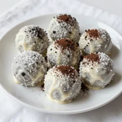 - 1 package (15.35 oz) regular Oreo cookies - 8 oz cream cheese, softened - 1 cup white chocolate chips - 1 cup shredded coconut, unsweetened - 1/4 cup cocoa powder (for dusting) - Pinch of salt Selecting the best Oreo cookie variety I love using regular Oreo cookies for this recipe. They have the perfect balance of cream and chocolate. You can also try flavored Oreos, but classic is the best choice for a classic taste. Importance of softened cream cheese Softened cream cheese blends easily with the crushed Oreos. It makes the mixture smooth and helps shape the truffles. If your cream cheese is cold, it will not mix well. So, take it out ahead of time. Ideal white chocolate options Choose high-quality white chocolate chips for dipping. Look for brands that melt smoothly. Avoid baking chips, as they may not melt as well. Quality chocolate gives a rich flavor and a nice look to your truffles. {{ingredient_image_1}} To start, you need to crush the Oreo cookies. Use a food processor for this. Pulse the cookies until they turn into a fine powder. It should look like dirt. This makes mixing easy. Next, add the softened cream cheese to the crushed cookies. Blend them together until smooth. You want a moldable mixture that sticks. If you see lumps, keep blending. This step is key for a creamy truffle. Now it’s time to shape the mixture into balls. Take a tablespoon-sized portion and roll it in your hands. Make sure they are round and smooth. This helps them look nice. Use parchment paper on your baking sheet. This keeps the truffles from sticking. It also makes cleanup fast. Place the rolled balls on the paper as you go. While the truffles chill, melt the white chocolate chips. Use a microwave-safe bowl for this step. Heat the chocolate in 30-second intervals. Stir after each round. This helps prevent burning. Stop when it’s smooth and shiny. Once melted, dip each truffle into the white chocolate. Let the excess drip off. This creates a nice coating. After dipping, roll the truffles in shredded coconut. For some, dust with cocoa powder for a fun twist. Place the coated truffles back on the parchment paper. Repeat until all are done. Chill them in the fridge for about 20 minutes. This helps the chocolate set perfectly. Enjoy your Oreo Snowball Truffles! To get the right texture for your Oreo Snowball Truffles, you need a smooth mixture. After you crush the Oreo cookies, mix them with softened cream cheese. You want a dough that holds its shape but is still soft. If it's too dry, add a little more cream cheese. If it's too wet, add a few more crushed cookies. The balance is key for perfect truffles. If your truffles don’t hold their shape, they may be too warm. Make sure to chill them well before dipping. If they still fall apart, try rolling them smaller to make them more stable. When melting chocolate, do it in short bursts. Heat white chocolate in a microwave for 30 seconds. Stir it, then heat again if needed. This method helps prevent burning. Burnt chocolate is hard to fix, so keep a close eye. You can display your truffles in fun ways. Use a pretty plate or a cupcake stand. For a festive touch, sprinkle some extra coconut around them. This adds color and makes them pop! Pair your truffles with hot cocoa or sweet wine. A rich coffee also works well. These drinks enhance the sweet, creamy flavors of the truffles, making your dessert even better. Pro Tips Chill the Mixture: Ensure the cream cheese and Oreo mixture is well-chilled before rolling into balls for easier handling. Melting Chocolate: When melting white chocolate, add a teaspoon of coconut oil to achieve a smoother consistency. Customize Coatings: Experiment with different toppings like crushed nuts or sprinkles for added texture and flavor. Storage Tips: Store the truffles in an airtight container in the fridge to maintain their freshness and texture. {{image_2}} You can easily change the taste of your Oreo Snowball Truffles. Adding extracts is a great way to do this. For example, a splash of vanilla extract gives a warm flavor. Peppermint extract adds a cool twist, perfect for winter treats. Just a little goes a long way, so start with a few drops. You can also mix in nuts for added texture and flavor. Chopped almonds or walnuts pair well with the creamy filling. You might even try adding mini chocolate chips for a sweet surprise in every bite. If you need vegan options, swap the cream cheese for a plant-based cream cheese. Use dairy-free white chocolate chips to keep it vegan. These simple changes keep your truffles tasty and friendly for all diets. For a gluten-free version, choose gluten-free Oreo cookies. Most brands offer this option, so check the package. The rest of the recipe works well without changes. You can make these truffles even more fun for holidays. For Halloween, roll them in orange and black sprinkles. For Christmas, dust them with edible glitter or colored sugar. You can also shape them into festive shapes, like stars or hearts, using cookie cutters. For special occasions, think about personalizing them. Use different colors of chocolate to match a party theme. The options are endless, and they make a great gift too! To keep your Oreo Snowball Truffles fresh, use an airtight container. This stops air from ruining their taste and texture. A glass or plastic container works great. Layer the truffles with parchment paper to avoid sticking. You can keep them in the fridge for up to one week. If you want them to last longer, freeze them for up to three months. Just remember to seal them well to prevent freezer burn. If you freeze your truffles, you may need to restore their texture. To do this, let them thaw in the fridge overnight. Avoid using heat, as it may melt the chocolate coating. For the best taste, eat them within the first month after freezing. This way, you enjoy their creamy texture and rich flavor. Oreo Snowball Truffles can stay good for a while, but check for signs of aging. Look for changes in color or smell. If they seem dry or hard, it’s best to throw them out. Trust your senses! Eating fresh treats always tastes better. You can use Greek yogurt for a tangy twist. Mascarpone cheese is another great choice. Both keep the truffles creamy and moist. If you want a vegan option, try using cashew cream or coconut cream instead. These alternatives will add flavor and texture. Yes, you can freeze these truffles! Place them in an airtight container. They can stay in the freezer for about three months. When you’re ready to enjoy them, take them out and let them sit at room temperature for about 15 minutes. This helps them thaw gently. Instead of chocolate, you can coat truffles in crushed nuts or sprinkles. You can also roll them in powdered sugar or cocoa powder. For a fun twist, try using flavored powdered sugar. These options give the truffles a unique look and taste. Yes, these truffles are great for kids! They are sweet and fun to eat. Each truffle is a bite-sized treat. However, be mindful of sugar intake. You can serve them at parties or family gatherings. Pair them with fruit or milk for a balanced snack. In this article, we explored how to make delicious Oreo Snowball Truffles. We covered the main ingredients, like Oreo cookies and cream cheese, and gave tips for choosing the best options. You learned the step-by-step process, from mixing to coating. I shared tricks to perfect the texture and avoid mistakes. Lastly, we discussed how to store them and answered common questions. Now, you can create these treats for any occasion. Enjoy your sweet adventure!