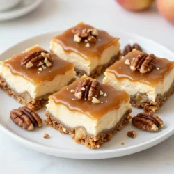 To make Caramel Apple Cheesecake Bars, you need some simple ingredients. Here’s what you will need: - 1 cup graham cracker crumbs - 1/4 cup sugar - 1/2 cup unsalted butter, melted - 2 (8 oz) packages cream cheese, softened - 1 cup sugar - 3 large eggs - 1 teaspoon vanilla extract - 2 cups apples, peeled, cored, and diced (about 2 medium apples) - 1 teaspoon cinnamon - 1 cup caramel sauce (store-bought or homemade) - 1/2 cup chopped pecans (optional) I love using fresh apples in this recipe. They add great flavor and texture. You can pick your favorite variety, like Granny Smith or Honeycrisp. The cream cheese gives the bars a rich and smooth taste. The graham cracker crust adds a nice crunch. The caramel sauce is the star of the show. You can use store-bought or make your own if you prefer. Adding chopped pecans gives a nice touch, but it’s optional. These ingredients blend to create a delicious treat that's perfect for any occasion. {{ingredient_image_1}} First, heat your oven to 350°F (175°C). Grease an 8x8-inch baking dish. You can use cooking spray or line it with parchment paper. This makes it easy to lift the bars out later. In a medium bowl, mix 1 cup of graham cracker crumbs, 1/4 cup sugar, and 1/2 cup melted unsalted butter. Stir until combined. Press this mixture firmly into the bottom of your baking dish. This forms a tasty crust. In a large bowl, beat 2 packages of softened cream cheese with 1 cup of sugar. Mix until the mixture is smooth and creamy. Then, add 3 large eggs, one at a time. Be sure to mix well after each egg. Next, stir in 1 teaspoon of vanilla extract. This adds great flavor. In another bowl, toss 2 cups of peeled, cored, and diced apples with 1 teaspoon of cinnamon. Gently fold these cinnamon apples into the cream cheese mixture. This adds sweetness and spice to your bars. Pour the cream cheese and apple filling over your crust. Spread it evenly. Bake in your preheated oven for 30-35 minutes. Check if the center is set by inserting a toothpick. If it comes out clean, your bars are ready. Let the cheesecake bars cool completely at room temperature. Then, chill them in the fridge for at least 2 hours. When serving, drizzle caramel sauce on top. You can also sprinkle chopped pecans if you like. Cut into bars and enjoy! To make your cheesecake bars just right, follow these tips: - Use room temperature cream cheese for a smooth mix. - Don’t overmix the batter after adding eggs. This keeps the bars from cracking. - Bake until just set in the center; a slight jiggle is okay. - Cool completely before chilling to lock in flavor and texture. Watch out for these common mistakes: - Skipping the crust: It adds a great crunch and flavor. - Not measuring apples correctly: Too many apples can make the bars soggy. - Opening the oven door while baking: This can cause cracks. - Serving too soon: Letting them chill helps the flavor blend. Make your bars look as good as they taste: - Serve on a decorative plate for a nice touch. - Drizzle extra caramel sauce on top for sweetness. - Garnish with apple slices or pecans for color and crunch. - Cut the bars evenly for a neat presentation. Pro Tips Use Room Temperature Cream Cheese: Make sure your cream cheese is at room temperature before mixing. This ensures a smooth and creamy filling without lumps. Choose the Right Apples: For the best flavor, use a mix of sweet and tart apples, such as Granny Smith and Honeycrisp, to balance the richness of the cheesecake. Don’t Overbake: Keep an eye on the cheesecake bars while baking. They should be set but still slightly jiggly in the center to ensure a creamy texture. Chill Thoroughly: Allow the bars to cool at room temperature before refrigerating. Chilling them for at least 2 hours helps them to firm up and makes cutting easier. {{image_2}} You can make these cheesecake bars without flour. Just skip the graham cracker crust. Instead, use almond flour or ground oats. These options give a nice nutty flavor. They also keep the bars gluten-free and delicious. Want to change it up? Add spices like nutmeg or ginger for a twist. You can also mix in chocolate chips or butterscotch chips. For a fruity touch, try adding dried cranberries or raisins. Each of these will add a unique taste to your dessert. If you need a gluten-free crust, use crushed gluten-free cookies. You can also use ground nuts mixed with a bit of sugar and butter. This will create a tasty base that holds together well. Just be sure to check that all your ingredients are gluten-free. After you enjoy your caramel apple cheesecake bars, store the leftovers in the fridge. Use an airtight container to keep them fresh. If you don't have one, cover them tightly with plastic wrap. This helps keep moisture in and prevents them from drying out. These cheesecake bars can last in the fridge for about 5 days. If you want to keep them longer, consider freezing. Wrap each bar individually in plastic wrap, then place them in a freezer bag. They stay fresh for up to 3 months. Just remember to label the bag with the date. To enjoy the bars warm, preheat your oven to 350°F (175°C). Place the bars on a baking sheet. Heat for about 10-15 minutes. You can also use a microwave. Heat each bar for about 15-20 seconds. Check to make sure they don’t get too hot. Enjoy them warm with extra caramel sauce if you like! Yes, you can! Pears, peaches, or berries work well. These fruits add their own sweet flavor. Just make sure to chop them small, like the apples. Adjust the cinnamon to match the fruit's taste. To make caramel sauce, you need sugar, water, and cream. Heat one cup of sugar and a quarter cup of water in a pot. Stir until the sugar melts. Let it boil until it turns golden. Remove from heat and slowly add a half cup of cream. Stir until smooth. Let it cool before using. If you need a substitute, use ricotta cheese or Greek yogurt. Both have a nice texture. Cream cheese gives the bars creaminess, so try to pick a thick option. You could also use vegan cream cheese for a dairy-free option. Yes, you can freeze them! Wrap the bars tightly in plastic wrap or foil. Place them in a freezer bag for extra protection. They stay good for up to three months. To enjoy, let them thaw in the fridge before serving. The bars are done when the center is set. A toothpick inserted should come out clean. They will have a slight jiggle but should not be liquid. Once baked, let them cool completely to set. We covered the key ingredients and steps for making delicious caramel apple cheesecake bars. From crafting the crust to enhancing flavors, each part plays a role in the final treat. Remember, avoiding common mistakes ensures your bars turn out perfect. Whether you prefer a flourless version or need storage tips, there are many ways to enjoy this dessert. With practice, you’ll create a sweet dish everyone loves. Embrace your creativity and enjoy each bite.