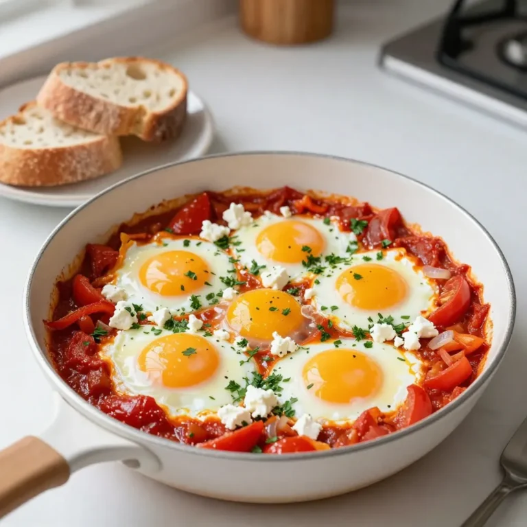 To make Baked Feta Egg Shakshuka, you need some key ingredients that bring this dish to life. Here’s what you’ll need: - 200g feta cheese, crumbled - 6 large eggs - 1 can (400g) diced tomatoes - 1 red bell pepper, diced - 1 yellow onion, finely chopped - 3 cloves garlic, minced - 1 teaspoon ground cumin - 1 teaspoon smoked paprika - ½ teaspoon chili flakes (optional) - 2 tablespoons olive oil - Salt and pepper to taste These ingredients create a rich base. The crumbled feta adds creaminess. The spices bring warmth and depth. You can switch things up based on your taste. Here are some optional ingredients: - Spinach or kale for greens - Chickpeas for added protein - Zucchini for extra veggies - Different bell peppers for color Feel free to get creative! Each option adds its own twist to the dish. Finish your shakshuka with some fresh herbs. Here are great choices: - Fresh parsley or cilantro, chopped - Crumbled feta for extra flavor - A drizzle of olive oil - Slices of avocado for creaminess These garnishes not only enhance taste but also make the dish look beautiful. Enjoy your cooking! {{ingredient_image_1}} Start by preheating your oven to 180°C (350°F). This ensures even cooking. Next, gather all your ingredients. You will need feta cheese, eggs, diced tomatoes, bell pepper, onion, garlic, and spices. Having everything ready makes cooking smooth and fun. In a large oven-safe skillet, heat 2 tablespoons of olive oil over medium heat. Add the chopped onion and diced bell pepper. Cook them for about 5-7 minutes until they soften. Then, stir in 3 cloves of minced garlic, 1 teaspoon of ground cumin, and 1 teaspoon of smoked paprika. If you like heat, add ½ teaspoon of chili flakes. Cook this mixture for an extra 1-2 minutes. This step fills your kitchen with great smells! Now, pour in 1 can of diced tomatoes along with their juices. Season with salt and pepper. Mix it well and let it simmer for about 10 minutes. This helps thicken the sauce and blend all the flavors. Once the base mixture is ready, create small wells in it with a spoon. Carefully crack 6 large eggs into each well. Be gentle to keep the yolks intact! After that, sprinkle 200g of crumbled feta cheese over the top. This adds a creamy texture and salty flavor. Now, transfer the skillet to your preheated oven. Bake for 15-20 minutes. Check the eggs at 15 minutes. If you want runny yolks, take it out then. For firmer yolks, let it bake a bit longer. Once done, remove the skillet from the oven. Let it cool slightly. Garnish with fresh parsley or cilantro. This dish looks and smells amazing! Serve it hot with crusty bread or warm pita for dipping. Enjoy your delicious Baked Feta Egg Shakshuka! To get the eggs just right, keep a close eye on them while baking. For runny yolks, aim for 15 minutes. If you like them firmer, let them bake for 20 minutes. Check the eggs often to see how they are cooking. You want them set but still soft. For a deeper flavor, try adding fresh herbs like thyme or basil. You can also use smoked salt instead of regular salt for an extra kick. If you want more heat, add more chili flakes or even diced jalapeños. These small changes can make a big difference. If you have leftovers, let them cool before storing. Place the shakshuka in an airtight container in the fridge. It will last for about three days. When reheating, use a skillet on low heat. Add a splash of water to keep it moist. This keeps the eggs from getting rubbery. Enjoy your meal again without losing its charm! Pro Tips Use Fresh Ingredients: Fresh vegetables and herbs will enhance the flavor of your shakshuka, making it more vibrant and delicious. Customize Your Spice Level: Adjust the amount of chili flakes according to your heat preference. You can also experiment with different spices for a unique flavor. Experiment with Cheese: While feta is traditional, you can try other cheeses like goat cheese or mozzarella for a different texture and taste. Serve Immediately: For the best experience, serve the shakshuka right out of the oven while the eggs are still runny and the sauce is warm. {{image_2}} You can easily make this dish more colorful and nutritious. Adding vegetables is a great idea. Try putting in spinach or kale. You can also add zucchini or mushrooms. These veggies cook well and add flavor. They also boost the nutrition. Just chop them up and add them to the skillet with the onions and peppers. Feta cheese makes this dish creamy and tangy. But you can switch it up! Goat cheese is a great choice if you want a bolder taste. It melts well and adds a nice zest. Mozzarella is another option. It gives a milder flavor and a stretchy texture. You can even mix cheeses for a fun twist. If you like heat, add more spices! Use a whole jalapeño or serrano pepper. Chop it finely and mix it in with the onions. You can also add extra chili flakes. For a smoky flavor, try adding harissa paste. A spoonful can really kick things up a notch. Just adjust to your taste! To store leftovers, let the dish cool first. Transfer the shakshuka to an airtight container. It will last in the fridge for up to three days. Make sure to cover it well to keep it fresh. If you have extra feta, store it separately to avoid sogginess. You can freeze Baked Feta Egg Shakshuka if you want to save some for later. Allow it to cool completely before freezing. Place it in a freezer-safe container, or use freezer bags. It can stay frozen for up to three months. Remember to label the container with the date. To reheat, thaw the shakshuka overnight in the fridge if frozen. You can warm it in a skillet over low heat. Stir gently to heat evenly. If using a microwave, cover it and heat on medium power. Stir every minute until it’s hot. Add a fresh egg or some cheese on top for extra flavor. Yes, you can prepare it ahead of time. Cook the tomato base and let it cool. Store it in the fridge for up to two days. When ready to eat, add the eggs and feta. Bake it fresh for a delightful meal. If you don't have feta, try goat cheese or ricotta. Both add a creamy texture. You can also use a sharp cheddar for a different flavor. Just remember to adjust the amount to keep the balance. It usually takes 15-20 minutes in the oven. For runny yolks, check at 15 minutes. If you prefer firmer yolks, leave it in longer. Keep an eye on them to get your ideal texture. Baked Feta Egg Shakshuka is a flavorful dish that offers lots of options. We explored main ingredients, variations, and tips for the best result. Remember to prep well and cook your base right. With the right techniques, your eggs can turn out perfect every time. Store extra servings wisely to enjoy later. Try experimenting with different veggies or cheeses to keep things fun. Enjoy your cooking, and don't hesitate to get creative in the kitchen!