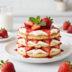 - 2 cups fresh strawberries, hulled and sliced - 1 cup heavy whipping cream - 1/2 cup powdered sugar - 1 teaspoon vanilla extract - 1 package (14.1 oz) of store-bought sponge cake or ladyfingers - 1/2 cup mascarpone cheese - Fresh mint leaves for garnish - Mixing bowls - Electric mixer - 8x8 inch square dish - Plastic wrap Gather these fresh ingredients to create a delightful Strawberry Shortcake Icebox Cake. The strawberries add a sweet and juicy taste. The heavy cream and mascarpone give the cake a rich, creamy feel. Using store-bought sponge cake or ladyfingers makes this recipe simple and quick. Plus, the mint leaves add a fresh touch when you serve it. For tools, you will need mixing bowls for combining ingredients. An electric mixer is crucial for whipping cream to perfection. An 8x8 inch square dish is ideal for layering your cake. Finally, plastic wrap helps keep your cake fresh while it chills. With these ingredients and tools, you are all set to make this easy and tasty dessert. {{ingredient_image_1}} Start by tossing the sliced strawberries with 2 tablespoons of powdered sugar. This helps the strawberries get sweet and juicy. Let them sit for about 15 minutes. As they rest, they will release their delicious juices. This step adds flavor and moisture to the cake. In a large mixing bowl, combine 1 cup of heavy whipping cream, 1/4 cup of powdered sugar, and 1 teaspoon of vanilla extract. Use an electric mixer and whip on medium-high speed. Keep mixing until stiff peaks form. This thick and fluffy cream will be the star of your cake. Now, gently fold 1/2 cup of mascarpone cheese into the whipped cream. Be careful not to deflate the cream. This will create a rich, creamy layer. Next, it’s time to assemble the cake. In an 8x8 inch square dish, place a layer of sponge cake or ladyfingers at the bottom. Spread a generous layer of whipped cream over the sponge cake. Then, add a layer of the macerated strawberries. Repeat this layering until you use all the ingredients. Finish with a layer of whipped cream on top. Cover the dish with plastic wrap. Refrigerate for at least 4 hours, or overnight if you can wait. This chilling time lets the flavors meld together. Before serving, garnish the top with fresh mint leaves and a few whole strawberries. This adds a pop of color and makes the cake look even more inviting. For an elegant touch, slice the cake into squares and serve on individual plates. Drizzle some of the leftover strawberry juices over each slice for extra flavor. Enjoy this delightful treat! To get fluffy whipped cream, start with cold cream. Use a chilled bowl and beaters. This keeps the cream from getting warm while mixing. Mix on medium-high speed until you see stiff peaks. This means it holds its shape well. If you want to switch it up, you can use coconut cream or a dairy-free alternative. Just remember, these may change the taste a bit. For a lovely look, use fresh mint and whole strawberries. Place a sprig of mint on top for color. Scatter some sliced strawberries around the cake too. You can also drizzle some of the strawberry juice over each slice. If you want a bit more fun, add chocolate shavings or edible flowers for a pop. If your cake ends up soggy, it may be from too much juice in the strawberries. To fix this, drain some of the liquid before layering. You can also add more sponge cake to soak up the extra juice. If your layers are too runny, try chilling the cake longer. This helps it set better. Pro Tips Choose Ripe Strawberries: Select strawberries that are bright red and fragrant for the best flavor. Avoid any that are dull or have green spots. Whip Cream Just Right: Be careful not to over-whip the cream; it should hold stiff peaks but still be smooth. Over-whipped cream can turn grainy. Use a Good Quality Mascarpone: Opt for a high-quality mascarpone cheese for a richer flavor and creamier texture in the whipped cream mixture. Chill for Maximum Flavor: Allow the cake to chill overnight if possible. This will enhance the flavors and create a firmer texture. {{image_2}} You can swap strawberries for other fruits. Blueberries and raspberries work great. They add fun colors and tastes. If you want a tropical vibe, try mango or pineapple. Both fruits add a unique twist that brightens the cake. For those needing gluten-free options, look for gluten-free sponge cake. Many stores sell it or you can make your own. If you need dairy-free, use coconut cream instead of heavy whipping cream. It whips up nicely and adds a hint of coconut flavor. To boost flavor, add citrus zest to the whipped cream. It gives a fresh and bright taste. You can also mix in chocolate or coffee flavors for a richer experience. This adds depth and surprises to every bite. To keep your Strawberry Shortcake Icebox Cake fresh, store it in the fridge. Cover the dish tightly with plastic wrap. This keeps the cake moist and prevents it from absorbing other smells. If you have leftovers, you can freeze the cake. Cut it into slices and wrap each piece in plastic wrap. Then, place the slices in an airtight container. This way, you can enjoy a piece later on. The cake stays fresh in the fridge for about 3 to 5 days. You should eat it within this time for the best taste. If you freeze the cake, it can last for up to 2 months. Just remember to let it thaw in the fridge before serving. Look for signs that the cake has gone bad. If you see any mold or a sour smell, it's best to throw it away. A change in texture can also mean it's time to say goodbye. Yes, you can use frozen strawberries. They are easy and convenient. However, fresh strawberries taste better. Frozen strawberries may be softer and release more juice. If you use frozen, thaw them first. Drain any extra juice before adding them to your cake. This keeps your layers from getting too soggy. The cake needs to chill for at least 4 hours. Chilling helps the flavors mix well. It also makes the cake firm. For the best taste and texture, chill overnight. This extra time allows the whipped cream to set perfectly. If you don't have mascarpone, use cream cheese. Mix it with a bit of heavy cream for a smooth texture. You can also use ricotta cheese, but it’s a bit grainier. For a lighter option, try Greek yogurt. Just make sure to adjust the sweetness to your liking. Yes, this cake is great to make ahead. You can prepare it a day before serving. Just keep it covered in the fridge. This gives the cake time to chill and the flavors time to blend. It’s perfect for parties or gatherings! This recipe for a fruity cake blends fresh strawberries and creamy layers. You’ve learned how to prepare the ingredients, mix the whipped cream, and assemble each layer expertly. Key tips help solve common issues and offer creative twists. Remember, you can adjust the recipe for different fruits or dietary needs. Store your cake well to keep it fresh. Make this delightful dessert for your next gathering and impress everyone. Enjoy every delicious bite!