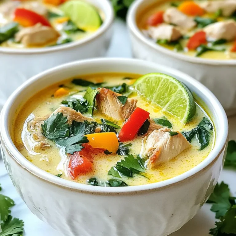 - 1 lb boneless, skinless chicken thighs - 1 can coconut milk - 4 cups chicken broth The main ingredients give this soup its rich and creamy taste. The chicken thighs add protein and flavor. Coconut milk brings a creamy texture and sweet taste. The chicken broth enhances the overall flavor. - Small onion, garlic cloves, ginger - Red bell pepper, baby spinach The onion, garlic, and ginger create a fragrant base. They add depth to the soup. Red bell pepper adds a sweet crunch. Baby spinach gives a fresh touch and bright color. - Fish sauce, fresh lime juice, brown sugar - Fresh cilantro, lime wedges for serving Fish sauce boosts umami flavor. Fresh lime juice adds a zing. Brown sugar balances the tartness. Cilantro gives a fresh finish, while lime wedges offer a bright burst when served. {{ingredient_image_1}} Heat 1 tablespoon of olive oil in a large pot. Add 1 pound of diced chicken thighs. Season with salt and pepper. Cook until the chicken is brown, about 5 to 7 minutes. Remove the chicken from the pot and set it aside. In the same pot, add 1 small, finely chopped onion, 3 minced garlic cloves, and 1 inch of grated ginger. Sauté these for 3 to 4 minutes until you smell their nice aroma and the onion turns clear. Next, add 1 diced red bell pepper and cook for 2 more minutes, stirring often. Pour in 1 can of coconut milk and 4 cups of chicken broth. Stir to mix well. Bring the soup to a gentle simmer. Return the cooked chicken to the pot. Add 2 tablespoons of fish sauce, 2 tablespoons of fresh lime juice, and 1 tablespoon of brown sugar. Stir everything well and let it simmer for about 10 minutes. Just before you serve, stir in 1 cup of baby spinach. Cook until the spinach wilts, which takes about 1 to 2 minutes. Taste your soup and adjust the seasoning with more salt, pepper, or lime juice, as needed. Ladle the soup into bowls and garnish with fresh cilantro and lime wedges on the side. To achieve the best flavor in your Coconut Lime Chicken Soup, focus on fresh ingredients. Use ripe limes and high-quality coconut milk. The lime juice adds brightness, while the coconut milk gives creaminess. You can also enhance the flavor by letting the soup simmer longer. This helps the chicken soak in all the flavors. Adjusting spice levels to taste is simple. Start with a small amount of fish sauce. Taste as you go. If you prefer more heat, add red pepper flakes or fresh chili. Always remember, you can add more spice, but you can't take it away. For cooking chicken thighs, use medium heat. This prevents burning while allowing a nice sear. Brown the chicken for about 5-7 minutes before removing it. This step builds flavor. Don't rush this part; it's worth the wait! When sautéing vegetables, add them in the right order. Start with the onion, garlic, and ginger. This step creates a fragrant base. Add the red bell pepper next. Sauté for only a couple of minutes. You want the peppers to stay crisp and colorful. Pair your soup with crusty bread or rice. Both options soak up the soup's rich flavors. You can also serve it with a side salad for a fresh contrast. For an appealing presentation, use deep bowls. The bright colors of the soup look great against white or light-colored dishes. Garnish with fresh cilantro and lime wedges. These add a pop of color and freshness. Enjoy the comforting warmth of your Coconut Lime Chicken Soup! Pro Tips Marinate for Flavor: Consider marinating the chicken thighs in lime juice and garlic for 30 minutes before cooking. This enhances the flavor and tenderness of the chicken. Adjust the Thickness: If you prefer a thicker soup, mix a tablespoon of cornstarch with a bit of cold water and stir it into the soup during the last few minutes of cooking. Fresh Herbs Matter: For a burst of freshness, add extra cilantro as a garnish or mix in some fresh basil or mint for a unique twist. Serve with Rice: This soup pairs wonderfully with a side of jasmine rice or rice noodles to make it more filling. {{image_2}} You can easily switch up the main protein in this soup. If you want a plant-based option, swap chicken for tofu. Tofu absorbs flavors well, making it a great choice. Shrimp is another tasty alternative. It cooks fast and adds a nice texture. You can also change the veggies in this soup. Try adding carrots for sweetness or snap peas for a crunchy bite. These swaps keep the soup fresh and exciting. To boost the flavor, think about adding spices. Cumin gives a warm taste, while chili flakes add heat. Both spices work well with the coconut and lime. You can also switch the lime for lemon. Lemon adds a bright, zesty taste. It changes the soup while keeping it light and refreshing. This soup is easy to make gluten-free. Just make sure the fish sauce and chicken broth are gluten-free. Many brands offer these options. For dairy-free needs, this soup is already safe. Coconut milk provides creaminess without dairy. If you need to avoid any allergens, check labels. You can always ask your grocery store for help. To keep your Coconut Lime Chicken Soup fresh, store it in the fridge. Place the soup in an airtight container. This helps keep out air and moisture. You can also use glass jars with tight lids. Make sure to cool the soup to room temperature before sealing. This prevents condensation inside the container. Want to save some soup for later? You can freeze Coconut Lime Chicken Soup. First, let it cool completely. Then, pour it into freezer-safe bags or containers. Leave some space at the top for expansion. When you want to eat it, thaw the soup overnight in the fridge. Reheat it on the stove over low heat. Stir often to make sure it warms evenly. Coconut Lime Chicken Soup lasts about 3-4 days in the fridge. If you freeze it, it can last for about 2-3 months. Always check for signs of spoilage before eating. If the soup smells sour or has a strange color, it’s best to throw it out. Keeping your soup stored correctly helps ensure it stays tasty and safe to eat. Yes, Coconut Lime Chicken Soup is healthy. It packs a lot of nutrients. The main ingredients, such as chicken, spinach, and coconut milk, provide protein, vitamins, and healthy fats. - Chicken thighs: Great source of protein and iron. - Spinach: Rich in vitamins A and C, plus antioxidants. - Coconut milk: Contains healthy fats that support heart health. This soup can fit well into a balanced diet. You get flavor and nutrients in every spoonful. Yes, you can make Coconut Lime Chicken Soup ahead of time. Meal prep saves time and makes weeknight dinners easy. - Cook and cool: Let the soup cool before storing. - Refrigerate: Store in an airtight container for up to three days. - Reheat: Warm it on the stove, adding a splash of broth if needed. Soup tastes even better after the flavors meld together. You can pair Coconut Lime Chicken Soup with several side dishes. - Rice: Jasmine or basmati rice works well. - Naan: Soft bread is perfect for dipping. - Salad: A light citrus salad can balance the soup's richness. These sides add more texture and flavor to your meal. Adjusting Coconut Lime Chicken Soup for a slow cooker is simple and easy. - Sear chicken: Brown the chicken thighs in a pan first for extra flavor. - Combine ingredients: Add all ingredients to the slow cooker, except spinach and lime. - Cook low and slow: Set on low for 6-8 hours or high for 3-4 hours. Add spinach just before serving to keep it fresh. Enjoy a warm and hearty meal with minimal effort! Coconut Lime Chicken Soup combines rich flavors and simple ingredients. You make it with chicken, coconut milk, fresh veggies, and key spices. You can adjust seasonings, swap proteins, or explore new flavors to fit your taste. This soup is not just tasty; it's a versatile meal for you and your family. Store leftovers safely for meal prep or freeze for easy future meals. Try this recipe, and share your own twists. Enjoy the comforting warmth of this dish tonight!